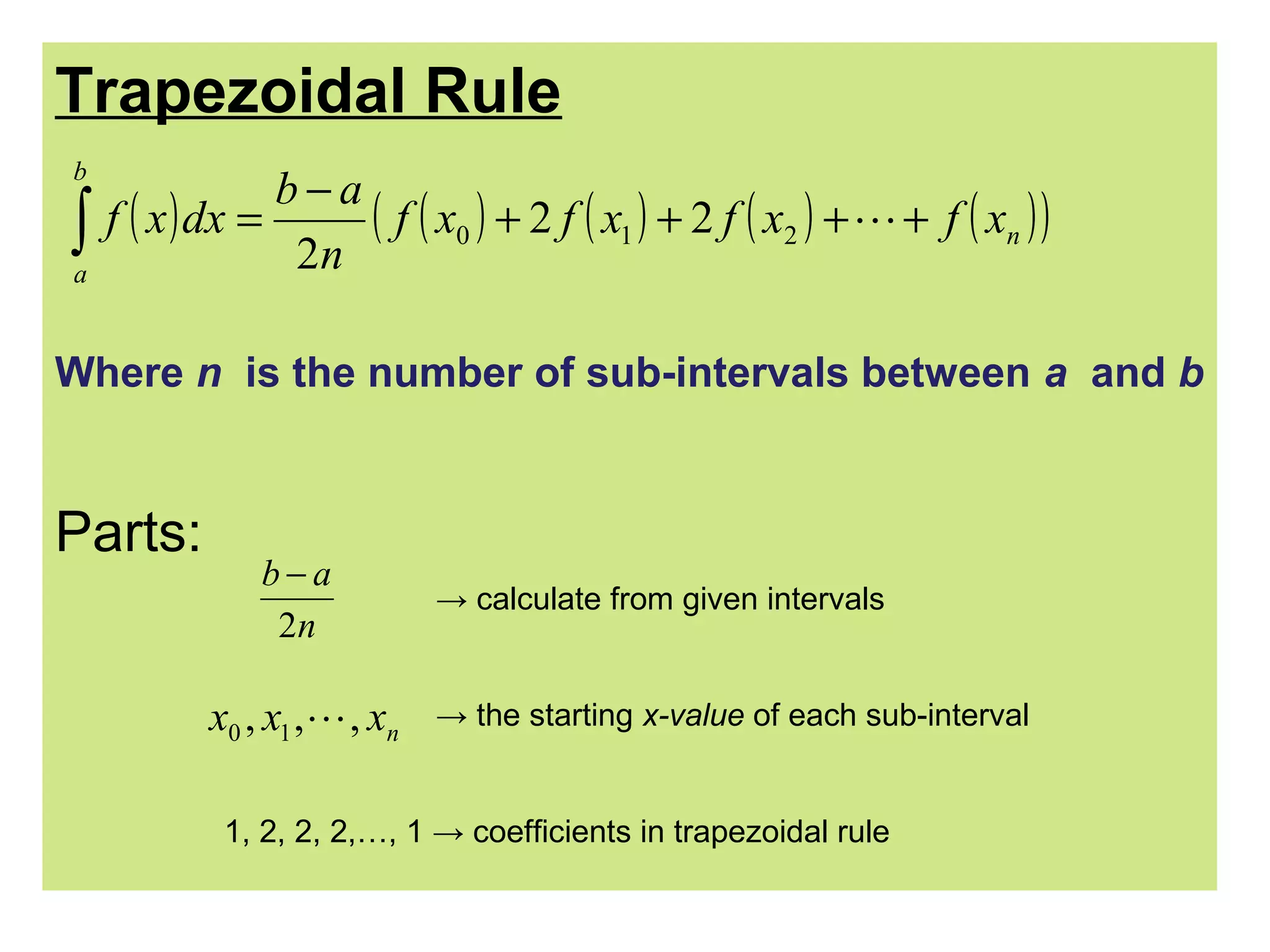 Trapezoidal Rule
b
∫
a
b−a
( f ( x0 ) + 2 f ( x1 ) + 2 f ( x2 ) + + f ( xn ) )
f ( x ) dx =
2n
Where n is the number of sub-intervals between a and b
Parts:
b−a
2n
x0 , x1 , , xn
→ calculate from given intervals
→ the starting x-value of each sub-interval
1, 2, 2, 2,…, 1 → coefficients in trapezoidal rule