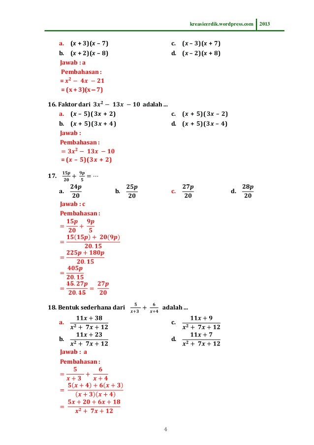 8 2 1 Soal Dan Pembahasan Pemfaktoran Bentuk Aljabar Matematika Slt