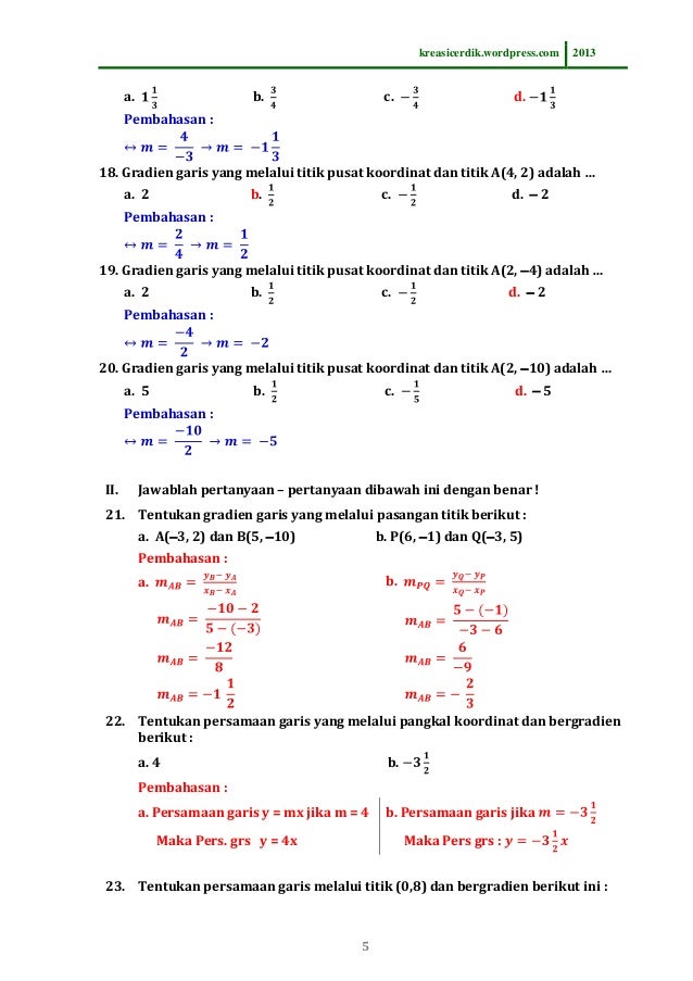  8 5 1 soal dan pembahasan gradien matematika sltp kelas 8