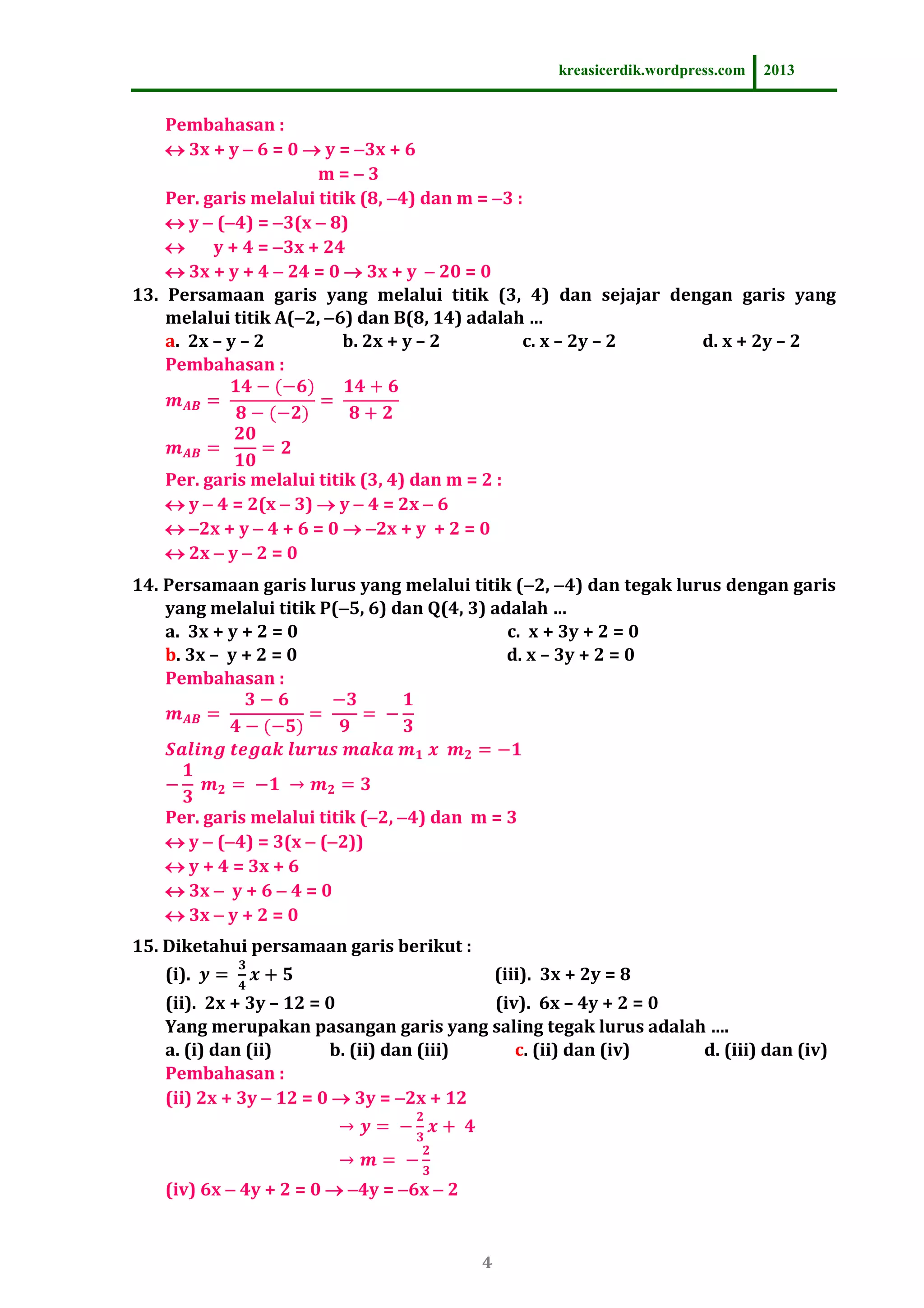  8 6 1 soal dan pembahasan persamaan garis lurus matematika sltp