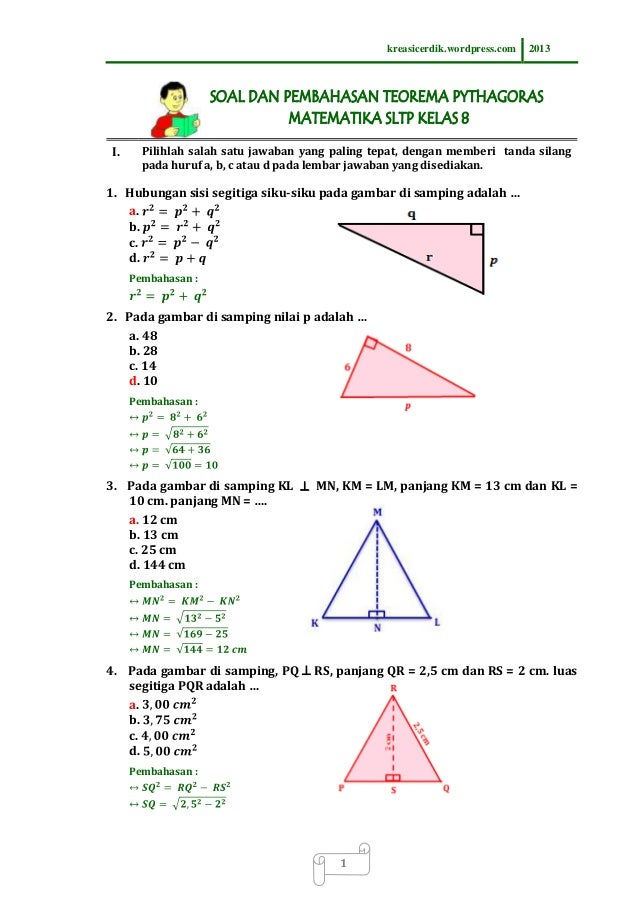 8 8 1 Soal Dan Pembahasan Teorema Pythagoras Matematika Sltp Kelas