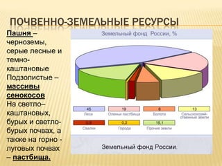 ПОЧВЕННО-ЗЕМЕЛЬНЫЕ РЕСУРСЫ
Пашня –
черноземы,
серые лесные и
темнокаштановые
Подзолистые –
массивы
сенокосов
На светло–
каштановых,
бурых и светлобурых почвах, а
также на горно луговых почвах
– пастбища.

 