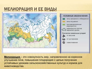 МЕЛИОРАЦИЯ И ЕЕ ВИДЫ

Мелиорация – это совокупность мер, направленное на коренное
улучшение почв, повышения плодородия с целью получения
устойчивых урожаев сельскохозяйственных культур и кормов для
животноводства.

 