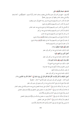 ‫تَحسبُػهم جميعا وقُػلُوبُػهم شتَّى‬
‫ْ َ ُ ْ َِ ً َ ُ ْ َ‬
‫ِ‬
‫[ربسػبهم : نػػافع وابػن كثػػًن وأبػػو عمػرو والكسػػائي ويعقػػوب وخلػف العاشػػر ] [ ربسػػبهم : الباقوف][شػ : أماؽبػػا وضبػػزة‬
‫َ‬
‫والكسائي وخلف العاشر وقللها أبو عمرو وورش خبلفو]‬
‫ِ‬
‫قالوف قرأ بكسر السٌن (ربسبهم) و ج معو ورش بوجو الفتح وأبو عمرو ويعقوب‬
‫اندر‬
‫ِ‬
‫ٍب ورش قرأ بكسر السٌن (ربسبهم) وبالتقليل ُب (ش )‬
‫ِ‬
‫ٍب الكسائي قرأ بكسر السٌن (ربسبهم) وأماؽبا ُب (ش ) و ج معو خلف العاشر‬
‫اندر‬
‫ِ‬
‫ٍب قالوف قرأ بكسر السٌن (ربسبهم) وبالصلة و ج معو ابن كثًن‬
‫اندر‬

‫ٍب ابن عامر قرأ بفتح السٌن (ربسبهم) و ج معو عاصم‬
‫اندر‬
‫َ‬
‫ٍب خالد قرأ بفتح السٌن (ربسبهم) بغنة ُب ( َِ‬
‫صبيعا وقُػلُوبػُهم) وإمالة (ش )‬
‫ً َ ُْ‬
‫َ‬
‫ٍب خلف قرأ بفتح السٌن (ربسبهم) وبال غنة ُب ( َِ‬
‫صبيعا وقُػلُوبػُهم) وإمالة (ش )‬
‫ً َ ُْ‬
‫َ‬

‫ٍب أبو جعفر قرأ بفتح السٌن (ربسبهم) وبالصلة‬
‫َ‬
‫ذلِك بِأَنَّهم قَػوـ َل يَػعقلُوف (ٗٔ)‬
‫َ َ ػُ ْ ْ ٌ َ ِْ َ‬
‫قالوف ٍب قالوف بالصلة و ج معو ابن كثًن وأبو جعفر‬
‫اندر‬
‫ََ ِ ِ َ ِ ْ ِ ْ ِ‬
‫كمثَل الَّذين من قَػ ْبلِهم قَريبًا‬
‫قالوف ٍب قالوف بالصلة و ج معو ابن كثًن وأبو جعفر‬
‫اندر‬
‫ِ‬
‫ذاقُوا وبَاؿ أَمرهم ولَهم عذاب أَلِيم (٘ٔ)‬
‫َ َ َ ِْ ْ َ ُ ْ ََ ٌ ٌ‬
‫قالوف بسكوف ميم اعبمع و ج اعبميع إَل :‬
‫اندر‬
‫ٍب ورش بالنقل ُب (عذاب أَلِيم) و ج معو ضبزة بوجو‬
‫َ َ ٌ ٌ اندر‬
‫ٍب خلف بالسكت ُب (عذاب أَلِيم)‬
‫ََ ٌ ٌ‬

‫ٍب قالوف بالصلة و ج معو ابن كثًن وأبو جعفر‬
‫اندر‬
‫ِ‬
‫كمثَل الش ْييَاف إِذ قَاؿ لِْلنْساف اكفر فَػلَما كفر قَاؿ إِنّْي بَر ٌ م ْنك إِنّْي~ أَخاؼ اللَّهَ رب الْعالَمين (ٙٔ)‬
‫َ َ ِ َّ ِ ْ َ ْ ِ َ ِ ْ ُ ْ َّ َ َ َ َ‬
‫َ ُ‬
‫ِيء ِ َ‬
‫َ َّ َ َ‬
‫[ إينَ أخاؼ : نافع وابن كثًن وأبو عمرو وأبو جعفر ] [ إين~ أخاؼ : الباقوف]‬
‫قالوف وقرأ بفتح الياء ُب (إينَ أخاؼ) و ج معو ابن كثًن ودوري أيب عمرو وأبو جعفر‬
‫اندر‬

‫ٍب ابن عامر قرأ بإسكاف الياء ُب (إِين~ أَخاؼ) على توسط اؼبنفصل و ج معو عاصم والكسائي وخلف العاشر‬
‫اندر‬
‫ّْ َ ُ‬
‫ِْ ِ‬
‫ٍب خالد قرأ بإسكاف الياء ُب (إِين~ أَخاؼ) وىو مد منفصل وعلى التحقيق ُب (لِإلنْساف) وطوؿ اؼبنفصل‬
‫ّْ َ ُ‬
‫َ‬
‫ِْ ِ‬
‫ٍب ورش وقرأ بفتح الياء ُب (إينَ أخاؼ) وبالنقل ُب (لِالنْساف)‬
‫َ‬
‫ٍب ضبزة قرأ بإسكاف الياء ُب (إِين~ أَخاؼ) وىو مد منفصل وبالسكت ُب (لِ‬
‫ِْ ِ‬
‫إلنْساف) وطوؿ اؼبنفصل‬
‫ّْ َ ُ‬
‫َ‬
‫ٍب يعقوب قرأ بإسكاف الياء ُب (إِين~ أَخاؼ) على قصر اؼبنفصل‬
‫ّْ َ ُ‬
‫َ ِْ ِ‬
‫ٍب السوسي وقرأ بفتح الياء ُب (إينَ أخاؼ) وأدغم الالـ بالالـ (قَاؿ لِالنْساف)‬
‫َ‬
‫401‬

 