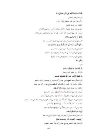 ‫فَكاف عاقِبَتَػهمآ أَنَّهما فِي النَّار خالِديْن فِيها‬
‫ِ َ َ ِ َ‬
‫َ َ َ ُ َ ػُ َ‬
‫قالوف على قصر اؼبنفصل‬

‫ٍب أبو عمرو على قصر اؼبنفصل وأماؿ (النار)‬
‫ٍب قالوف على توسط اؼبنفصل‬
‫ٍب دوري على توسط اؼبنفصل واإلمالة ُب (النار) وان ج معو دوري الكسائي‬
‫در‬
‫ٍب ورش على طوؿ اؼبنفصل وقلل (النار) ثم ضبزة على طوؿ اؼبنفصل وفتح (النار)‬
‫ِ‬
‫وذلِك جزآءُ الظَّالِمين (ٚٔ)‬
‫ََ َ َ‬
‫َ‬
‫قالوف على توسط اؼبتصل ٍب ورش على طوؿ اؼبتصل و ج معو ضبزة‬
‫اندر‬
‫د ْ ٍ‬
‫يَآ أَيُّػها الَّذين َمنُوا اتَّػقوا اللَّهَ ولْتَػ ْنظُر نَػفس ما قَ َّمت لِغَد‬
‫َ ِ َ آَ ُ‬
‫َ ْ ْ ٌ َ َ‬
‫قالوف على قصر اؼبنفصل ٍب قالوف على توسط اؼبنفصل‬
‫ٍب ورش على طوؿ اؼبنفصل وقصر البدؿ (آمنوا) و ج معو ضبزة‬
‫اندر‬
‫ٍب ورش على توسط البدؿ (آمنوا) وطوؿ البدؿ (آمنوا)‬
‫َ ُ‬
‫واتَّػقوا اللَّهَ‬
‫قالوف‬
‫َّ‬
‫إِف اللَّهَ خبِير بِما تَػعملُوف (ٛٔ)‬
‫َ ٌ َ َْ َ‬

‫قالوف ٍب ورش برتقيق الراء ُب (خبًن)‬
‫ِ‬
‫وَل تَكونُوا كالَّذين نَسوا اللَّهَ فَأَنْساهم أَنْػفسهم‬
‫َ ُ ْ ُ َُ ْ‬
‫ََ ُ َ َ ُ‬
‫قالوف بسكوف ميم اعبمع و ج معو ابن كثًن ودوري أيب عمرو وابن عامر وعاصم‬
‫اندر‬
‫ٍب قالوف بالصلة على القصر ُب (فَأَنْساىم أَنْػفسهم) و ج معو ابن كثًن وأبو جعفر‬
‫َ ُ ْ ُ َ ُ ْ اندر‬
‫ٍب قالوف على توسط الصلة ُب (فَأَنْساىم أَنْػفسهم)‬
‫َ ُ ْ ُ َُ ْ‬

‫ٍب ورش على طوؿ الصلة ُب (فَأَنْساىم أَنْػفسهم) وبفتح (فأنساىم)‬
‫َ ُ ْ ُ َُ ْ‬

‫ٍب ورش على طوؿ الصلة ُب (فَأَنْساىم أَنْػفسهم) وبالتقليل ُب (فأنساىم)‬
‫َ ُ ْ ُ َُ ْ‬

‫ٍب ضبزة على التحقيق (فَأَنْساىم أَنْػفسهم) واإلمالة ُب (فأنساىم) و ج معو الكسائي وخلف العاشر‬
‫اندر‬
‫َ ُ ْ ُ َُ ْ‬
‫ٍب خلف بالسكت (فَأَنْساىم أَنْػفسهم) واإلمالة ُب (فأنساىم)‬
‫َ ُ ْ ُ َُ ْ‬
‫ِ‬
‫ٍب السوسي أدغم النوف بالنوف (كالَّذين نَسوا) مع (ٖ) أوجو اؼبدود‬
‫َ َ ُ‬
‫أُولَئِك هم الْفاسقوف (ٜٔ)‬
‫َ ُُ َ ُِ َ‬

‫قالوف على توسط اؼبتصل ٍب ورش على طوؿ اؼبتصل و ج معو ضبزة‬
‫اندر‬
‫ِ‬
‫َ ْ ِ‬
‫َل يَستَوي~ أَصحاب النَّار وأَصحاب الْجنَّة‬
‫َْ ُ َِ َْ ُ َ‬
‫قالوف على قصر اؼبنفصل و ج معو ابن كثًن وأبو جعفر ويعقوب‬
‫اندر‬
‫501‬

 