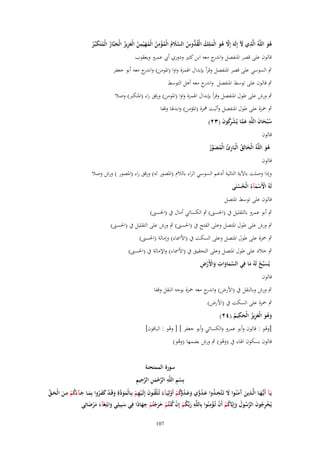 ‫ِ‬
‫ِ‬
‫هو اللَّهُ الَّذي ّل إِلَهَ إَِل هو الْملِك الْق ُّوس السًلـ الْمؤمن الْمه ْيمن الْعزيز الْجبَّار الْمتَكبّْػر‬
‫ِ َ‬
‫َُ‬
‫َّ ُ َ َ ُ ُد ُ َّ َ ُ ُ ْ ُ ُ َ ُ َ ِ ُ َ ُ ُ َ ُ‬
‫قالوف على قصر اؼبنفصل و ج معو ابن كثًن ودوري أيب عمرو ويعقوب‬
‫اندر‬
‫ٍب السوسي على قصر اؼبنفصل وقرأ بإبداؿ اؽبمزة واوا (اؼبومن) و ج معو أبو جعفر‬
‫اندر‬
‫ٍب قالوف على توسط اؼبنفصل و ج معو أىل التوسط‬
‫اندر‬
‫ٍب ورش على طوؿ اؼبنفصل وقرأ بإبداؿ اؽبمزة واوا (اؼبومن) ورقق راء (اؼبتكِب) وصال‬
‫ٍب ضبزة على طوؿ اؼبنفصل وأثبت نبزة (اؼبؤمن) وابدؽبا وقفا‬
‫ِ‬
‫س ْبحاف اللَّه عما يُش كوف (ٖٕ)‬
‫ُ َ َ ِ َ َّ ْ رُ َ‬
‫قالوف‬
‫هو اللَّهُ الْخالِق الْبَارئ الْمصور‬
‫َ ُ ِ ُ ُ َ ّْ ُ‬
‫َُ‬
‫قالوف‬
‫وإذا وصلت باآلية التالية أدغم السوسي الراء بالالـ (اؼبصور لو) ورقق راء (اؼبصور ) ورش وصال‬
‫لَهُ اَِسمآءُ الْحسنَى‬
‫ُْ‬
‫ْ َْ‬
‫قالوف على توسط اؼبتصل‬
‫ٍب أبو عمرو بالتقليل ُب (اغبسىن) ٍب الكسائي أماؿ ُب (اغبسىن)‬
‫ٍب ورش على طوؿ اؼبتصل وعلى الفتح ُب (اغبسىن) ٍب ورش على التقليل ُب (اغبسىن)‬
‫ٍب ضبزة على طوؿ اؼبتصل وعلى السكت ُب (اْلظباء) وإمالة (اغبسىن)‬
‫ٍب خالد على طوؿ اؼبتصل وعلى التحقيق ُب (اْلظباء) واإلمالة ُب (اغبسىن)‬
‫َّ َ َ ِ َ ْ ْ ِ‬
‫يُسبّْح لَهُ ما فِي السماوات واَِرض‬
‫َ ُ َ‬
‫قالوف‬
‫ٍب ورش وبالنقل ُب (اْلرض) و ج معو ضبزة بوجو النقل وقفا‬
‫اندر‬
‫ٍب ضبزة على السكت ُب (اْلرض)‬
‫ِ‬
‫وهو الْعزيز الْحكيم (ٕٗ)‬
‫َ َُ َِ ُ َ ُ‬
‫[وىو : قالوف وأبو عمرو والكسائي وأبو جعفر ] [ وىو : الباقوف]‬
‫ْ‬
‫ُ‬
‫قالوف بسكوف اؽباء ُب (وىو) ٍب ورش بضمها (وىو)‬
‫ْ‬
‫ُ‬

‫سورة الممتحنة‬
‫ْ ِ ِ َّ ْ َ ِ َّ ِ ِ‬
‫بِسم اللَّه الرحمن الرحيم‬
‫يَػآ أَيُّػهػػا الَّػػذين َمنُػػوا َل تَػتَّخ ػذوا ع ػدوي وع ػد َّكم أَولِيَػآء تُػلقػػوف إِلَػػيهم بِػػالْمو َّةِ وقَػد كفػػروا بِمػػا ج ػآءكم مػػن الْحػػق‬
‫َ ِ َ آ َ َ ِ ُ َ ُ ّْ َ َ ُ وُ ْ ْ َ ْ ُ َ ْ ِ ْ َ َ د َ ْ َ َ ُ َ َ َ ُ ْ ِ َ َ ّْ‬
‫ْ ِ َ َّ َ ُ ْ ْ ِ‬
‫يُخرجوف الرسوؿ وإِيَّاكم أَف تُػؤمنُوا بِاللَّه ربّْكم إِف ك ْنتُم خرجتُم جهادا فِي سبِيلِي وابْتِغَآء مرضاتِي‬
‫َ َ َْ َ‬
‫ِ َ ُ ْ ْ ُ ْ ََ ْ ْ ِ َ ً‬
‫ُ‬
‫َ‬
‫ُ َ ْ‬
‫701‬

 
