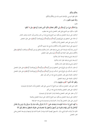 ‫يَحكم بَػ ْيػنَكم‬
‫ْ ُُ ُْ‬
‫قالوف ثم السوسي باإلدغاـ للميم بالباء ُب (وبكم بػَْيػنَكم)‬
‫َْ ُ ُ ُ ْ‬
‫ِ‬
‫واللَّهُ علِيم حكيم (ٓٔ)‬
‫َ َ ٌ َ ٌ‬
‫قالوف‬
‫ِ‬
‫ِ‬
‫وإِف فَاتَكم شي ٌ من أَزواجكم إِلَى الْكفار فَػعاقَػ ْبتُم فَآتُوا الَّذين ذهبَت أَزواجهم مثْل مآ أَنْػفقوا‬
‫ُ َّ ِ َ ْ َ ِ َ َ َ ْ ْ َ ُ ُ ْ ِ َ َ َ ُ‬
‫َ ْ ُ ْ َ ْ ء ْ َْ ُ ْ‬
‫قالوف بسكوف ميم اعبمع وعلى قصر اؼبنفصل و ج معو يعقوب‬
‫اندر‬
‫ٍب قالوف على توسط اؼبنفصل وبسكوف ميم اعبمع و ج معو ابن عامر وعاصم وأبو اغبارث وخلف العاشر‬
‫اندر‬
‫ِ‬
‫ِ‬
‫ِ‬
‫ٍب خالد على التحقيق ُب (شي ٌ)و(من أَزواجكم) و(أَزواجكم إِىل)و(ذىبَت أَزواجهم) على طوؿ اؼبنفصل‬
‫َ ْ ء ْ َْ ُ ْ َْ ُ ْ َ َ َ ْ َْ ُ ُ ْ‬
‫ٍب أبو عمرو على قصر اؼبنفصل وأماؿ (الكفار)‬
‫ٍب دوري على توسط اؼبنفصل وأماؿ (الكفار) و ج معو دوري الكسائي‬
‫اندر‬

‫ِ‬
‫ِ‬
‫ٍب ورش (ٗ) أوجو (توسط اللٌن (شيء) وعليو قصر البدؿ (فآتوا) وبالنقل ُب (من اَزواجكم) و(ذىبَت اَزواجهم) وقلل‬
‫َ َْ ُ ْ َ َ َ َْ ُ ُ ْ‬
‫(الكفار) وعلى طوؿ الصلة ُب (أَزواجكم إِىل) وعلى طوؿ اؼبنفصل‬
‫َْ ِ ُ ْ َ‬

‫ٍب توسط (شيء) وعليو توسط البدؿ (فآتوا)‬
‫ٍب توسط (شيء) وعليو طوؿ البدؿ (فآتوا)‬
‫ٍب طوؿ (شيء) وعليو طوؿ البدؿ (فآتوا)‬

‫ِ‬
‫ِ‬
‫ِ‬
‫ٍب خلف بالسكت ُب (شي ٌ) على التحقيق ُب (من أَزواجكم) و(أَزواجكم إِىل)و(ذىبَت أَزواجهم) على طوؿ اؼبنفصل‬
‫َ ْء‬
‫ْ َْ ُ ْ َْ ُ ْ َ َ َ ْ َْ ُ ُ ْ‬
‫ِ‬
‫ِ‬
‫ِ‬
‫ٍب خلف بالسكت ُب (شي ٌ) على السكت ُب (من أَزواجكم) و(أَزواجكم إِىل)و(ذىبَت أَزواجهم) على طوؿ اؼبنفصل‬
‫َ ْء‬
‫ْ َْ ُ ْ َْ ُ ْ َ َ َ ْ َْ ُ ُ ْ‬
‫ٍب قالوف بالصلة وعلى قصر اؼبنفصل و ج معو ابن كثًن وأبو جعفر‬
‫اندر‬

‫ٍب قالوف بالصلة على توسط اؼبنفصل‬
‫ِ‬
‫واتَّػقوا اللَّهَ الَّذي~ أَنْػتُم بِه مؤمنُوف (ٔٔ)‬
‫َ ُ‬
‫ْ ِ ُِْ َ‬
‫قالوف على قصر اؼبنفصل وبسكوف ميم اعبمع ٍب السوسي على قصر اؼبنفصل وأبدؿ اؽبمزة واوا (مومنوف)‬
‫ٍب قالوف على قصر اؼبنفصل وبالصلة و ج معو ابن كثًن‬
‫اندر‬
‫ٍب أبو جعفر على قصر اؼبنفصل وبالصلة وابدؿ اؽبمزة واوا ُب (مومنوف)‬
‫ٍب قالوف على توسط اؼبنفصل وبسكوف ميم اعبمع ٍب قالوف على توسط اؼبنفصل وبالصلة‬
‫ٍب ورش على طوؿ اؼبنفصل وقرأ بإبداؿ اؽبمزة واوا ُب (مومنوف) و ج معو ضبزة وقفا‬
‫اندر‬
‫ِ‬
‫ِ‬
‫ِ‬
‫يَػآ أَيُّهػػا النَّبِػػي إِذَا ج ػآءؾ الْمؤمنَػػات يُػبَايِعنَػػك علَػػى~ أَف َل يُش ػ كن بِاللَّػػه شػػيئًا وَل يَس ػرقْن وَل يَػػزنِين وَل يَػق ػتُػلْن‬
‫ُّ‬
‫َ ََ ُْ ُ ْ َ َ‬
‫ػَ‬
‫َ ْ ََ ْ ِ َ ََ ْ َ ََ ْ َ‬
‫ْ َ ْ رْ َ‬
‫ْ َ َ ُ َّ َ َ َ ْ ٍ ْ ِ‬
‫َ ِ ِ َّ َ ْ ُ ِ ِ َّ َ َ ْ ِ َ ِ َ ْ ُ ٍ ْ ُ َّ َ ْ ِ ْ ُ َّ‬
‫أَوَلدهن وَل يَأْتِين بِبُػهتَاف يَػفتَرينَهُ بَػ ْين أَيْديهن وأَرجلهن وَل يَػعصينَك في معروؼ فَػبَايِعهن واستَػغْفر لَهن اللَّهَ‬
‫قػالوف قػرأ بإثبػػات نبػزة (النػػيبء إذا) بالتسػهيل للهمػزة الثانيػػة وبإبػداؿ اؽبمػػزة الثانيػة واوا (وجهػاف) وتوسػػط اؼبتصػل وعلػػى‬
‫قصر اؼبنفصل‬
‫611‬

 