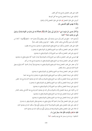 ‫قالوف على قصر اؼبنفصل و ج معو أىل القصر‬
‫اندر‬
‫ٍب قالوف على توسط اؼبنفصل و ج معو أىل التوسط‬
‫اندر‬
‫ٍب ورش على طوؿ اؼبنفصل ثم ضبزة على طوؿ اؼبنفصل وأماؿ (زاغوا)‬
‫ِِ‬
‫َ ِْ‬
‫واللَّهُ َل يَػهدي الْقوـ الْفاسقين (٘)‬
‫َْ َ َ َ‬
‫َ‬
‫قالوف‬
‫ِ‬
‫ُ ِ‬
‫َ َّ ِ ػ ْ ُ ش ُ ٍ‬
‫وإِذ قَاؿ عيسى ابْن مريَم يَا بَنِي~ إِسرآئِيل إِنّْي رسوؿ اللَّه إِلَيكم مصدقًا لِما بَػ ْين يَدي من التَّوراةِ ومبَ ّْرا بِرسػوؿ‬
‫َْ َ َ ُ‬
‫ْ ُ ْ ُ َ ّْ َ َ‬
‫َ َ َ ً َ‬
‫َ ْ َ َ ُ َْ َ‬
‫ِ ِ‬
‫يَأْتِي من بَػعدي اسمهُ~ أَحمد‬
‫َُْ‬
‫ْ ْ‬
‫ُْ‬
‫[ بعػػدي اظبػػو : نػػافع وابػػن كثػػًن وأبػػو عمػػرو وشػػعبة وأبػػو جعفػػر ويعقػػوب] [ بعػػدي اظبػػو : البػػاقوف][التوراة : أماؽبػػا ابػػن‬
‫ْ‬
‫َ‬
‫ذكواف وأبو عمرو والكسائي وخلف العاشر .وقللها : ضبزة وورش وقالوف خبلف عنو]‬
‫قالوف على قصر اؼبنفصل وسكوف ميم اعبمع وفتح (التوراة) وفتح ياء (بعدي ) و ج معو يعقوب‬
‫َ اندر‬
‫ٍب قالوف على قصر اؼبنفصل وسكوف ميم اعبمع وبالتقليل ُب التوراة وفتح ياء (بعدي )‬
‫َ‬

‫ٍب دوري على قصر اؼبنفصل وسكوف ميم اعبمع وأماؿ (التوراة) وفتح ياء (بعدي)‬
‫َ‬

‫ثم السوسي على قصر اؼبنفصل وسكوف ميم اعبمع وأماؿ (التوراة) وقرأ بإبداؿ اؽبمزة ألفا (ياٌب) وفتح ياء (بعدي)‬
‫َ‬
‫ٍب قالوف على قصر اؼبنفصل وصلة ميم اعبمع وفتح (التوراة) وفتح ياء (بعدي) و ج معو ابن كثًن‬
‫َ اندر‬

‫ٍب أبػػو جعفػػر علػػى قصػػر اؼبنفصػػل وصػػلة اؼبػػيم وفػػتح (التػػوراة) وفػػتح يػػاء (بعػػدي) وقػرأ بإبػػداؿ اؽبمػػزة ألفػا (يػػاٌب) وسػػهل‬
‫َ‬
‫اؽبمزة الثانية (إسرائيل ) باؼبد والقصر‬
‫ٍب قالوف على قصر اؼبنفصل وصلة ميم اعبمع وبالتقليل ُب (التوراة) وفتح ياء (بعدي)‬
‫َ‬

‫ٍب قالوف على توسط اؼبنفصل وسكوف ميم اعبمع وفتح (التوراة) وفتح ياء (بعدي ) و ج معو شعبة‬
‫َ اندر‬

‫ٍب ىشاـ على توسط اؼبنفصل وسكوف ميم اعبمع وفتح (التوراة) وبسكوف الياء ُب (بعدي اظبو) و ج معو حفص‬
‫اندر‬
‫ْ‬

‫ٍب قالوف على توسط اؼبنفصل وسكوف ميم اعبمع وبالتقليل ُب (التوراة) وفتح ياء (بعدي )‬
‫َ‬

‫ٍب دوري على توسط اؼبنفصل وسكوف ميم اعبمع وأماؿ (التوراة) وفتح ياء (بعدي)‬
‫َ‬

‫ٍب ابن ذكواف على توسط اؼبنفصل وأماؿ (التوراة) وسكن الياء ُب (بعدي اظبو) و ج معو الكسائي وخلف العاشر‬
‫اندر‬
‫ْ‬

‫ٍب قالوف على توسط اؼبنفصل مع صلة ميم اعبمع وفتح (التوراة) وفتح ياء (بعدي)‬
‫َ‬

‫ٍب قالوف على توسط اؼبنفصل مع صلة ميم اعبمع وبتقليل (التوراة) وفتح ياء (بعدي)‬
‫َ‬

‫ٍب ورش على طوؿ اؼبنفصل وقرأ بإبداؿ اؽبمزة ألفا (ياٌب) وفتح ياء (بعدي) وقلل (التوراة) ورقق راء (مبشرا)‬
‫َ‬
‫ٍ‬
‫ٍب خلف على طوؿ اؼبنفصل وعلى تقليل (التوراة) وبال غنة ُب (بِرسوؿ يَأٌِْب) وقرأ بسكوف الياء ُب (بعدي اظبو)‬
‫َُ‬
‫ْ‬
‫ٍ‬
‫ٍب خالد على طوؿ اؼبنفصل وتقليل (التوراة) وبغنة ُب (بِرسوؿ يَأٌِْب) وبسكوف الياء ُب (بعدي اظبو)‬
‫َُ‬
‫ْ‬
‫ِ‬
‫ِ‬
‫فَػلَما جآءهم بِالْبَػيّْػنَات قَالُوا هذا سحر مبِين (ٙ)‬
‫َ َ ٌْ ُ ٌ‬
‫َّ َ َ ُ ْ‬
‫الشاطبية : و(ساحر) بسحر ّٔا مع ىود والصف مشلال‬
‫911‬

 