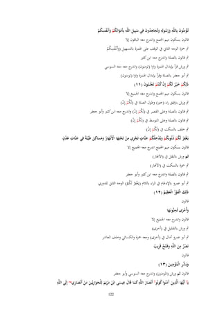 ‫ِ‬
‫ِ ِ‬
‫تُػؤمنُوف بِاللَّه ورسولِه وتُجاهدوف فِي سبِيل اللَّه بِأَموالِكم وأَنْػفسكم‬
‫ِْ َ ِ ََ ُ ِ َ َ ِ ُ َ‬
‫َ‬
‫َْ ُ ْ َ ُ ُ ْ‬
‫قالوف بسكوف ميم اعبمع و ج معو الباقوف إَل‬
‫اندر‬
‫ِ‬
‫ٍب ضبزة الوجو الثاين ُب الوقف على اؽبمزة بالتسهيل (وأَنْػفسكم‬
‫َ ُ ُْ‬
‫ٍب قالوف بالصلة و ج معو ابن كثًن‬
‫اندر‬
‫ٍب ورش قرأ بإبداؿ اؽبمزة واوا (تومنوف) و ج معو معو السوسي‬
‫اندر‬
‫ٍب أبو جعفر بالصلة وقرأ بإبداؿ اؽبمزة واوا (تومنوف)‬
‫ذَلِكم خ ْيػر لَكم إِف ك ْنتُم تَػعلَموف (ٔٔ)‬
‫ُْ َ ٌ ُْ ْ ُ ْ ْ ُ َ‬
‫قالوف بسكوف ميم اعبمع و ج معو اعبميع إَل‬
‫اندر‬
‫ٍب ورش برتقيق راء (خًن) وطوؿ الصلة ُب (لَكم إِف)‬
‫ُْ ْ‬

‫ٍب قالوف بالصلة وعلى القصر ُب (لَكم إِف) و ج معو ابن كثًن وأبو جعفر‬
‫ُ ْ ْ اندر‬
‫ٍب قالوف بالصلة وعلى التوسط ُب (لَكم إِف)‬
‫ُْ ْ‬

‫ٍب خلف بالسكت ُب (لَكم إِف)‬
‫ُْ ْ‬
‫ِ‬
‫ِ‬
‫ِ‬
‫ِ َْ ٍ‬
‫ٍ‬
‫يَػغفر لَكم ذُنُوبَكم ويُدخلكم جنَّات تَجري من تَحتِها اَِنْػهار ومساكِن طَيّْبَةً فِي جنَّات عدف‬
‫َ‬
‫ُْ َ ْ ُْْ َ‬
‫ْ ْ ُْ‬
‫ْ ِ ْ ْ َ ْ َ ُ ََ َ َ‬
‫قالوف بسكوف ميم اعبمع ج معو اعبميع إَل‬
‫اندر‬
‫ثم ورش بالنقل ُب (اَلَهنار)‬
‫ٍب ضبزة بالسكت ُب (اْلهنار)‬
‫ٍب قالوف بالصلة و ج معو ابن كثًن وأبو جعفر‬
‫اندر‬
‫ِ‬
‫ٍب أبو عمرو باإلدغاـ ُب الراء بالالـ (يػَغف ْر لَكم) الوجو الثاين للدوري‬
‫ْ ُْ‬
‫ِ‬
‫ذلِك الْفوز الْعظيم (ٕٔ)‬
‫َ َ َُْ َ ُ‬
‫قالوف‬

‫ِ‬
‫وأُخرى تُحبُّونَػها‬
‫َ‬
‫َ َْ‬

‫قالوف و ج معو اعبميع إَل‬
‫اندر‬
‫ٍب ورش بالتقليل ُب (أخرى)‬

‫ٍب أبو عمرو أماؿ ُب (أخرى) ومعو ضبزة والكسائي وخلف العاشر‬
‫ِ ِ‬
‫نَصر من اللَّه وفَػ ْتح قَريَ‬
‫َ ٌ ِ ٌ‬
‫ٌْ َ‬
‫قالوف‬
‫ِ‬
‫وبَشر الْمؤمنِين (ٖٔ)‬
‫َ ّْ ِ ُ ْ َ‬
‫قالوف ثم ورش (اؼبومنٌن) و ج معو السوسي وأبو جعفر‬
‫اندر‬
‫ِ‬
‫َ َ ِ َ َ َ ِ َ ُ َْ َ َ َ ِ َ َ ْ َ ِ‬
‫يَآ أَيُّها الَّذين َمنُوا كونُوآ أَنْصار اللَّه كما قَاؿ عيسى ابْن مريَم لِلْحواريّْين من أَنْصاري~ إِلَى اللَّه‬
‫ػَ ِ َ آَ ُ‬
‫221‬

 