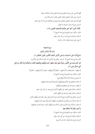 ‫ثم الكسائي على توسط اؼبنفصل وتوسط اؼبتصل وأماؿ (طائفة ) وقفا‬
‫ٍب ورش على طوؿ اؼبنفصل وطوؿ اؼبتصل وقصر البدؿ (فآمنت)‬
‫ثم ضبزة على طوؿ اؼبنفصل واؼبتصل وبالتسهيل ُب (طائفة) على اؼبد ٍب على القصر‬
‫ٍب ورش مع (ٕ) البدؿ التوسط ٍب الطوؿ‬
‫ِ‬
‫ِ‬
‫ْ ِ‬
‫فَأَيَّدنَا الَّذين َمنُوا علَى عدوهم فَأَصبَحوا ظَاهرين (ٗٔ)‬
‫َ آ َ َ َ ُ ّْ ْ ْ ُ‬
‫َِ‬
‫قالوف بسكوف ميم اعبمع و ج معو اعبميع إَل‬
‫اندر‬
‫ٍب قالوف بالصلة و ج معو ابن كثًن وأبو جعفر‬
‫اندر‬
‫ٍب ورش على توسط وطوؿ البدؿ (آمنوا)‬
‫سورة الجمعة‬
‫ْ ِ ِ َّ ْ َ ِ َّ ِ ِ‬
‫بِسم اللَّه الرحمن الرحيم‬
‫ِ‬
‫ِ‬
‫ْ ْ ِ َ ِ ُد ِ َ ِ ِ َ ِ ِ‬
‫يُسبّْح لِلَّه ما فِي السماوات وما فِي اَِرض الْملِك الْق ُّوس الْعزيز الْحكيم (ٔ)‬
‫َّ َ َ َ َ‬
‫َ ُ َ‬

‫قالوف و ج معو اعبميع إَل ٍب ورش بالنقل ُب (اَلَرض) ٍب ضبزة بالسكت ُب (اْلرض)‬
‫اندر‬
‫َْ ِ‬
‫ِ‬
‫ِ‬
‫ِ‬
‫ِ‬
‫هو الَّذي بَػعث فِي اُِميّْين رسوَل م ْنػهم يَػ ْتػلُو علَْيهم َيَاتِه ويُػ َكيهم ويُػعلّْمهم الْكتَاب والْحكمةَ وإِف كانُوا من قَػ ْبل‬
‫َُ ِ َ َ‬
‫ْ ّْ َ َ ُ ً ُ ْ‬
‫َ َ َْ َ‬
‫َ ِ ْ آ َ زّْ ِ ْ َ َ ُ ُ ُ‬
‫ْ ُ‬
‫ِ ََ ٍ ُ ٍ‬
‫لَفي ضًلؿ مبِين (ٕ)‬
‫ويز ِ‬
‫ِ‬
‫[ عليهم : ضبزة ويعقوب ] [ عليهم : الباقوف] [ كيهم : يعقوب ] [ كيهم : الباقوف]‬
‫ويز ُ‬
‫ُ‬
‫قالوف بسكوف ميم اعبمع و ج معو اعبميع إَل‬
‫اندر‬
‫ِ‬
‫ٍب السوسي بإدغاـ الالـ بالالـ (قَػْبل لَفي)‬
‫ُ‬
‫ِ‬
‫ِ‬
‫ٍب خالد بالتحقيق ُب (اْلميٌن)و(علَْيهم آَيَاتِو) وقرأ بضم اؽباء (عليهم)‬
‫ُ‬
‫َ ْ‬
‫ٍب يعقوب بضم اؽباء ُب (عليهم) كيهم)‬
‫ُ و(يز ُ‬

‫ٍب قالوف بالصلة وعلى القصر ُب (علَْيهم آَيَاتِو) و ج معو ابن كثًن وأبو جعفر‬
‫َ ِ ْ ِ اندر‬
‫ِ‬
‫ِ‬
‫ٍب قالوف بالصلة وعلى التوسط ُب (علَْيهم آَيَاتِو)‬
‫َ ْ‬
‫ِ‬
‫ِ‬
‫ٍب ورش بالنقل ُب (اَلَميٌن) مع (ٖ) البدؿ ُب (آياتو) وعلى طوؿ الصلة ُب (علَْيهم آَيَاتِو)‬
‫ّْ‬
‫َ ْ‬
‫ِ‬
‫ِ‬
‫ٍب ضبزة بالسكت ُب (اْلميٌن) والتحقيق ُب (علَْيهم آَيَاتِو) وقرأ بضم اؽباء (عليهم)‬
‫ُ‬
‫َ ْ‬
‫ِ‬
‫ِ‬
‫ٍب خلف بالسكت ُب (اْلميٌن) على السكت ُب (علَْيهم آَيَاتِو) وضم اؽباء ُب (عليهم)‬
‫ُ‬
‫َ ْ‬
‫ِ‬
‫وَخرين م ْنػهم لَما يَػلْحقوا بِهم‬
‫َآ َ ِ َ ُ ْ َّ َ ُ ِ ْ‬
‫قالوف بسكوف ميم اعبمع و ج معو اعبميع إَل‬
‫اندر‬
‫ٍب قالوف بالصلة و ج معو ابن كثًن وأبو جعفر‬
‫اندر‬
‫ٍب ورش مع توسط وطوؿ البدؿ ُب (آخرين)‬
‫421‬

 