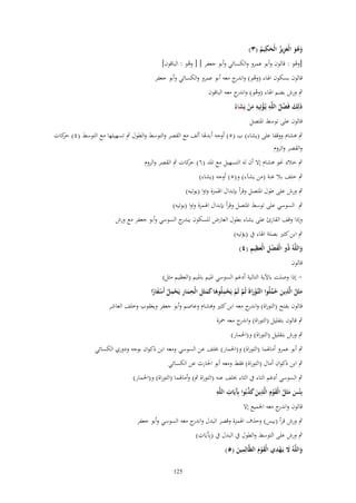 ‫ِ‬
‫وهو الْعزيز الْحكيم (ٖ)‬
‫َ َُ َِ ُ َ ُ‬

‫[وىو : قالوف وأبو عمرو والكسائي وأبو جعفر ] [ وىو : الباقوف]‬
‫ْ‬
‫ُ‬

‫قالوف بسكوف اؽباء (وىو) و ج معو أبو عمرو والكسائي وأبو جعفر‬
‫ْ اندر‬

‫ٍب ورش بضم اؽباء (وىو) و ج معو الباقوف‬
‫ُ اندر‬
‫ِ َ ْ ُ َّ ِ ْ ِ ِ َ ْ َ‬
‫ذَلك فَضل الله يُػؤتيه من يَشاءُ‬
‫قالوف على توسط اؼبتصل‬

‫ٍب ىشاـ ووقفا على (يشاء) ب (٘) أوجو أبدؽبا ألف مع القصر والتوسط والطوؿ ٍب تسهيلها مع التوسط (ٗ) كات‬
‫حر‬
‫والقصر والروـ‬
‫ٍب خالد كبو ىشاـ إَل أف لو التسهيل مع اؼبد (ٙ) كات ٍب القصر والروـ‬
‫حر‬
‫ٍب خلف بال غنة (من يشآء) و(٘) أوجو (يشاء)‬
‫ٍب ورش على طوؿ اؼبتصل وقرأ بإبداؿ اؽبمزة واوا (يوتيو)‬
‫ٍب السوسي على توسط اؼبتصل وقرأ بإبداؿ اؽبمزة واوا (يوتيو)‬
‫وإذا وقف القارئ على يشاء بطوؿ العارض للسكوف ج السوسي وأبو جعفر مع ورش‬
‫يندر‬
‫ٍب ابن كثًن بصلة اؽباء ُب (يؤتيو)‬
‫َ ِْ َِ ِ‬
‫واللَّهُ ذُو الْفضل الْعظيم (ٗ)‬
‫َ‬
‫قالوف‬
‫ إذا وصلت باآلية التالية أدغم السوسي اؼبيم باؼبيم (العظيم مثل)‬‫ِ‬
‫ِ‬
‫ِ‬
‫مثَل الَّذين حملُوا التَّوراة ثُم لَم يَحملُوها كمثَل الْحمار يَحمل أَسفارا‬
‫َ ُ ِ َ ُ ّْ‬
‫ػ ْ َ َ َّ ْ ْ َ َ َ ِ َ ِ ْ ُ ْ َ ً‬
‫قالوف بفتح (التوراة) و ج معو ابن كثًن وىشاـ وعاصم وأبو جعفر ويعقوب وخلف العاشر‬
‫اندر‬
‫ٍب قالوف بتقليل (التوراة) و ج معو ضبزة‬
‫اندر‬
‫ٍب ورش بتقليل (التوراة) و(اغبمار)‬
‫ٍب أبو عمرو أماؽبما (التوراة) و(اغبمار) خبلف عن السوسي ومعو ابن ذكواف بوجو ودوري الكسائي‬
‫ٍب ابن ذكواف أماؿ (التوراة) فقط ومعو أبو اغبارث عن الكسائي‬
‫ٍب السوسي أدغم التاء ُب الثاء خبلف عنو (التوراة ٍب) وأماؽبما (التوراة) و(اغبمار)‬
‫َ ِ َ َّ آ ِ ِ‬
‫بِْئس مثَل الْقوِـ الَّذين كذبُوا بَِيَات اللَّه‬
‫َ َ ُ ْ‬
‫َ‬
‫قالوف و ج معو اعبميع إَل‬
‫اندر‬
‫ٍب ورش قرأ (بيس) وحذؼ اؽبمزة وقصر البدؿ و ج معو السوسي وأبو جعفر‬
‫اندر‬
‫َ ِ‬
‫ٍب ورش على التوسط والطوؿ ُب البدؿ ُب (بِآيَات)‬
‫َ ِْ‬
‫ِ‬
‫واللَّهُ َل يَػهدي الْقوـ الظَّالِمين (٘)‬
‫َْ َ‬
‫َ‬
‫َ‬
‫521‬

 