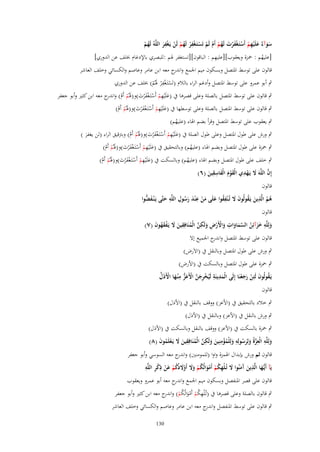 ‫ِ‬
‫ِ‬
‫سوآ ٌ علَْيهم أَستَػغفرت لَهم أَـ لَم تَستَػغفر لَهم لَن يَػغفر اللَّهُ لَهم‬
‫ُْ‬
‫َ َ ء َ ِ ْ ْ َْ ْ َ ُ ْ ْ ْ ْ ْ ْ ُ ْ ْ ْ َ‬
‫ِ‬
‫[عليهم : ضبزة ويعقوب][عليهم : الباقوف][تستغفر ؽبم :للبصري باإلدغاـ خبلف عن الدوري]‬
‫ُ‬

‫قالوف على توسط اؼبتصل وبسكوف ميم اعبمع و ج معو ابن عامر وعاصم والكسائي وخلف العاشر‬
‫اندر‬
‫ِ‬
‫ٍب أبو عمرو على توسط اؼبتصل وأدغم الراء بالالـ (تَستَػغف ْر ؽبُم) خبلف عن الدوري‬
‫ْ ْ َْ‬
‫ٍب قالوف على توسط اؼبتصل بالصلة وعلى قصرىا ُب (علَْيهم أَستَػغف ْرت)و(ؽبُم أَـ) و ج معو ابن كثًن وأبو جعفر‬
‫َ ِ ْ ْ ْ َ َ َ ْ ْ اندر‬
‫ٍب قالوف على توسط اؼبتصل بالصلة وعلى توسطها ُب (علَْيهم أَستَػغف ْرت)و(ؽبُم أَـ)‬
‫َ ِ ْ ْ َْ َ َ ْ ْ‬
‫ٍب يعقوب على توسط اؼبتصل وقرأ بضم اؽباء (عليهم)‬
‫ُ‬

‫ٍب ورش على طوؿ اؼبتصل وعلى طوؿ الصلة ُب (علَْيهم أَستَػغف ْرت)و(ؽبُم أَـ) وبرتقيق الراء (لن يغفر )‬
‫َ ِ ْ ْ َْ َ َ ْ ْ‬
‫َ‬

‫ٍب ضبزة على طوؿ اؼبتصل وبضم اؽباء (عليهم) وبالتحقيق ُب (علَْيهم أَستَػغف ْرت)و(ؽبُم أَـ)‬
‫َ ِ ْ ْ َْ َ َ ْ ْ‬
‫ُ‬

‫ٍب خلف على طوؿ اؼبتصل وبضم اؽباء (عليهم) وبالسكت ُب (علَْيهم أَستَػغف ْرت)و(ؽبُم أَـ)‬
‫َ ِ ْ ْ َْ َ َ ْ ْ‬
‫ُ‬
‫ِِ‬
‫َّ َ ْ ِ‬
‫إِف اللَّهَ َل يَػهدي الْقوـ الْفاسقين (ٙ)‬
‫َْ َ َ َ‬
‫قالوف‬
‫ِ‬
‫ِ‬
‫َِ ِ ِ‬
‫هم الَّذين يَػقولُوف َل تُػ ْنفقوا علَى من ع ْند رسوؿ اللَّه حتَّى يَػ ْنػف ُّوا‬
‫َض‬
‫َ‬
‫ُُ َ ُ َ َ ُ َ َْ‬
‫َُ‬
‫قالوف‬
‫ولِلَّه خزآئِن السماوات واَِرض ولَكن الْمنَافِقين َل يَػفقهوف (ٚ)‬
‫َ ِ َ َ ُ َّ َ َ ِ َ ْ ْ ِ َ ِ َّ ُ ِ َ َ ْ َ ُ َ‬
‫قالوف على توسط اؼبتصل و ج اعبميع إَل‬
‫اندر‬
‫ٍب ورش على طوؿ اؼبتصل وبالنقل ُب (اَلَرض)‬
‫ٍب ضبزة على طوؿ اؼبتصل وبالسكت ُب (اْلرض)‬
‫ِ ِ ْ ِ َ َّ ْ َ ُّ ِ َ ْ َ َّ‬
‫يَػقولُوف لَئِن رجعنَا إِلَى الْمدينَة لَيُخرجن اَِعز م ْنػها اَِذؿ‬
‫ُ َ ْ ََْ‬
‫َ‬
‫قالوف‬
‫ٍب خالد بالتحقيق ُب (اْلعز) ووقف بالنقل ُب (اْلذؿ)‬
‫ٍب ورش بالنقل ُب (اْلعز) وبالنقل ُب (اْلذؿ)‬
‫ٍب ضبزة بالسكت ُب (اْلعز) ووقف بالنقل وبالسكت ُب (اْلذؿ)‬
‫ولِلَّه الْعزةُ ولِرسولِه ولِلْمؤمنِين ولَكن الْمنَافِقين َل يَػعلَموف (ٛ)‬
‫َ ِ ِ َّ َ َ ُ ِ َ ُ ْ ِ َ َ ِ َّ ُ ِ َ َ ْ ُ َ‬
‫قالوف ثم ورش بإبداؿ اؽبمزة واوا (للمومنٌن) و ج معو السوسي وأبو جعفر‬
‫اندر‬
‫ػ ِ‬
‫ُ َ َ ُُ َ ِ ْ ِ ِ‬
‫يَآ أَيُّها الَّذين َمنُوا َل تُػلهكم أَموالُكم وَل أَوَلدكم عن ذكر اللَّه‬
‫َ‬
‫َ آَ َ ْ ِ ُ ْ ْ َ ْ َ ْ ْ ْ‬
‫قالوف على قصر اؼبنفصل وبسكوف ميم اعبمع واند ج معو أبو عمرو ويعقوب‬
‫ر‬
‫ٍب قالوف بالصلة وعلى قصرىا ُب (تُ ْلهكم أَموالُكم) و ج معو ابن كثًن وأبو جعفر‬
‫ػ ِ ُ ْ ْ َ ُ ْ اندر‬

‫ٍب قالوف على توسط اؼبنفصل و ج معو ابن عامر وعاصم والكسائي وخلف العاشر‬
‫اندر‬
‫031‬

 