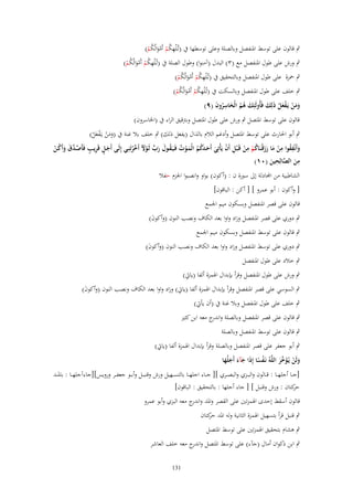 ‫ِ‬
‫ٍب قالوف على توسط اؼبنفصل وبالصلة وعلى توسطها ُب (تُػ ْلهكم أَموالُكم)‬
‫ُ ْ َْ ُ ْ‬

‫ِ‬
‫ٍب ورش على طوؿ اؼبنفصل مع (ٖ) البدؿ (آمنوا) وطوؿ الصلة ُب (تُػ ْلهكم أَموالُكم)‬
‫ُ ْ َْ ُ ْ‬

‫ِ‬
‫ٍب ضبزة على طوؿ اؼبنفصل وبالتحقيق ُب (تُػ ْلهكم أَموالُكم)‬
‫ُ ْ َْ ُ ْ‬

‫ِ‬
‫ٍب خلف على طوؿ اؼبنفصل وبالسكت ُب (تُػ ْلهكم أَموالُكم)‬
‫ُ ْ َْ ُ ْ‬
‫ومن يَػفعل ذَلِك فَأُولَئِك هم الْخاسروف (ٜ)‬
‫َ ُُ َ ُِ َ‬
‫ََ ْ ْ َ ْ َ‬
‫قالوف على توسط اؼبتصل ٍب ورش على طوؿ اؼبتصل وبرتقيق الراء ُب (اػباسروف)‬
‫ٍب أبو اغبارث على توسط اؼبتصل وأدغم الالـ بالذاؿ (يفعل ذلك) ٍب خلف بال غنة ُب (ومن يػَفعل)‬
‫ََ ْ ْ َ ْ‬
‫ِ‬
‫ِ ِ‬
‫وأَنْفقوا من ما رزقْنَاكم من قَػ ْبل أَف يَأْتِي أَحػدكم الْمػوت فَػيَػقػوؿ رب لَػوّل أ َّرتَنِػي إِلَػى أَجػل قَريػَ فَأَصػدؽ وأَكػن‬
‫َ ٍ ِ ٍ َّ َّ َ َ ُ ْ‬
‫َ ُ ْ َ َ َ ػ ُ ْ ْ ِ ْ َ َ َ ُ ُ َ ْ ُ ُ َ َ ّْ ْ َ َخ ْ‬
‫ِ‬
‫ِ‬
‫من الصالِحين (ٓٔ)‬
‫َ َّ َ‬
‫الشاطبية من آّادلة إىل سورة ف : (أكوف) بواو وانصبوا اعبزـ حفال‬
‫[ وأكوف : أبو عمرو ] [ أكن : الباقوف]‬
‫قالوف على قصر اؼبنفصل وبسكوف ميم اعبمع‬
‫ٍب دوري على قصر اؼبنفصل وزاد واوا بعد الكاؼ ونصب النوف (وأكوف)‬
‫َ‬
‫ٍب قالوف على توسط اؼبنفصل وبسكوف ميم اعبمع‬
‫ٍب دوري على توسط اؼبنفصل وزاد واوا بعد الكاؼ ونصب النوف (وأكوف)‬
‫َ‬
‫ٍب خالد على طوؿ اؼبنفصل‬
‫ٍب ورش على طوؿ اؼبنفصل وقرأ بإبداؿ اؽبمزة ألفا (ياٌب)‬
‫ٍب السوسي على قصر اؼبنفصل وقرأ بإبداؿ اؽبمزة ألفا (ياٌب) وزاد واوا بعد الكاؼ ونصب النوف (وأكوف)‬
‫َ‬
‫ٍب خلف على طوؿ اؼبنفصل وبال غنة ُب (أف يأٌب)‬
‫ٍب قالوف على قصر اؼبنفصل وبالصلة و ج معو ابن كثًن‬
‫اندر‬
‫ٍب قالوف على توسط اؼبنفصل وبالصلة‬
‫ٍب أبو جعفر على قصر اؼبنفصل وبالصلة وقرأ بإبداؿ اؽبمزة ألفا (ياٌب)‬
‫ولَن يُػؤ ّْر اللَّهُ نَػفسا إِذا جآء أَجلُها‬
‫ًْ َ َ َ ََ‬
‫َ ْ َخ َ‬

‫[جػػا أجله ػػا : ق ػػالوف والب ػػزي والبص ػػري ][ ج ػػاء اجله ػػا بالتس ػػهيل ورش وقنب ػػل وأب ػػو جعف ػػر ورويس][جاءآجله ػػا : باؼب ػػد‬
‫كتاف : ورش وقنبل ] [ جاء أجلها : بالتحقيق : الباقوف]‬
‫حر‬

‫قالوف أسقط إحدى اؽبمزتٌن على القصر واؼبد و ج معو البزي وأبو عمرو‬
‫اندر‬
‫ٍب قنبل قرأ بتسهيل اؽبمزة الثانية ولو اؼبد كتاف‬
‫حر‬
‫ٍب ىشاـ بتحقيق اؽبمزتٌن على توسط اؼبتصل‬
‫ٍب ابن ذكواف أماؿ (جآء) على توسط اؼبتصل و ج معو خلف العاشر‬
‫اندر‬
‫131‬

 