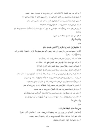 ‫ٍب ابن كثًن على قصر اؼبنفصل وقرأ حبذؼ اؽبمزة (النيب) و ج معو أبو عمرو وأبو جعفر ويعقوب‬
‫اندر‬
‫ٍب قالوف على توسط اؼبنفصل وقرأ بإثبات نبزة (النيبء إذأ ) وقرأ بتسهيل الثانية ولو أيضا أبدؿ الثانية واوا‬
‫ٍب دوري على توسط اؼبنفصل وحذؼ اؽبمزة (النيب) و ج معو ابن عامر وعاصم وخلف العاشر‬
‫اندر‬
‫ٍب الكسائي على توسط اؼبنفصل وحذؼ اؽبمزة (النيب) وأماؿ العدة وقفا‬
‫ٍب ورش علػػى طػػوؿ اؼبنفصػػل وق ػرأ بإثبػػات نبػػزة (النػػيبء إذأ ) وق ػرأ بتسػػهيل الثانيػػة ولػػو أيضػػا أبػػدؿ الثانيػػة واوا وغلػػظ َلـ‬
‫(طلقتم)‬
‫ٍب ضبزة على طوؿ اؼبنفصل وحذؼ اؽبمزة (النيب)‬
‫واتَّػقوا اللَّهَ ربَّكم‬
‫َ ُ‬
‫َ ُْ‬
‫قالوف‬
‫ِ‬
‫َ ِ ٍَ ٍ‬
‫َل تُخرجوهن من بُػيُوتِهن وَل يَخرجن إِّل أَف يَأْتِين بِفاحشة مبَػيّْػنَة‬
‫ُ‬
‫َ ْ ِ ُ ُ َّ ْ ِ َّ َ َ ْ ُ ْ َ ّ ْ َ‬
‫[بػُيُوِتن : بضم الباء : ورش وأبو عمرو وابن عامر وحفػص وأبػو جعفػر ويعقػوب][ بِيُػوِتن : البػاقوف][ مبًػيَّػنَػة :ابػن كثػًن‬
‫ُ‬
‫وشعبة ][ مبَػيّْػنَة : الباقوف]‬
‫ُ‬
‫قالوف كسر الباء ُب (بِي ِِ‬
‫ُوِتن) وعلى قصر اؼبنفصل كسر الياء ُب (مبَػٌنِةٍ)‬
‫و‬
‫َّ‬
‫ُ ّْ َ َ‬
‫ٍب ابن كثًن فتح الياء ُب (مبَػٌنِةٍ) وعلى قصر اؼبنفصل وفتح الياء ُب (مبَػٌنِةٍ)‬
‫ُ َّ َ‬
‫ُ َّ َ‬
‫ٍب قالوف كسر الباء ُب (بِيُ ِِن) وعلى توسط اؼبنفصل كسر الياء ُب (مبَػٌنِةٍ)‬
‫و‬
‫وِت َّ‬
‫ُ ّْ َ َ‬
‫ٍب شعبة كسر الباء ُب (بيوِتن) وعلى توسط اؼبنفصل وبفتح الياء ُب (مبَػٌنِةٍ)‬
‫ُ َّ َ‬
‫ٍب الكسائي كسر الباء ُب (بيوِتن) وعلى توسط اؼبنفصل كسر الياء وأماؽبا وقفا (مبَػيّْػنَة) و ج معو خلف العاشر‬
‫ُ ٍ اندر‬
‫و‬
‫ٍب ورش ضم الباء ُب (بػُيُ ِِن) وعلى طوؿ اؼبنفصل وأبدؿ اؽبمزة ألفا (ياتٌن) كسر الياء ُب (مبَػٌنِةٍ)‬
‫و‬
‫وِت َّ‬
‫ُ ّْ َ َ‬
‫ٍب دوري قرأ بضم الباء (بػُيُ ِِن) على قصر اؼبنفصل كسر الياء ُب (مبَػٌنِةٍ) و ج معو يعقوب‬
‫ُ ّْ َ َ اندر‬
‫و‬
‫وِت َّ‬
‫ٍب السوسي قرأ بضم الباء (بػُيُ ِِن) على قصر اؼبنفصل وأبدؿ اؽبمزة ألفا (ياتٌن) و ج معو أبو جعفر‬
‫اندر‬
‫وِت َّ‬
‫ٍب دوري على توسط اؼبنفصل وقرأ بضم الباء (بػُيُ ِِن) و ج معو ابن عامر وحفص‬
‫وِت َّ اندر‬
‫ٍب خلف بضم الباء ُب (بػُيُ ِِن) وعلى طوؿ اؼبنفصل وبال غنة ُب (أَف يَأْتٌِن) كسر الياء ُب (مبَػٌنِةٍ)‬
‫ْ َو‬
‫وِت َّ‬
‫ُ ّْ َ َ‬
‫ٍب خالد بضم الباء ُب (بػُيُ ِِن ) وعلى طوؿ اؼبنفصل وبغنة ُب (أَف يَأْتٌِن) كسر الياء ُب (مبَػٌنِةٍ)‬
‫ْ َ و‬
‫وِت َّ‬
‫ُ ّْ َ َ‬
‫َ ُ ُ ِ‬
‫وتِلْك حدود اللَّه‬
‫ُ‬
‫َ‬
‫قالوف‬

‫َّ ُ َ ِ‬
‫ومن يَػتَػعد حدود اللَّه فَػقد ظَلَم نَػفسهُ‬
‫ََ ْ َ ُ‬
‫َْ َ ْ َ‬
‫[ فقد ظلم : أدغم أبو عمرو وورش وابن عامر وضبزة والكسائي وخلف العاشر ][ فقد ظلم : أظهر الباقوف]‬
‫ْ‬
‫ْ‬
‫قالوف أظهر الداؿ عند الظاء ((فَػقد ظَلَم) و ج معو ابن كثًن وعاصم وأبو جعفر ويعقوب‬
‫َ ْ َ اندر‬
‫ٍب ورش أدغم الداؿ بالظاء وتغليظ الالـ (فَػقظَّلَم)‬
‫َ َ‬

‫831‬

 