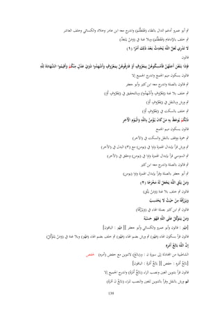 ‫ٍب أبو عمرو أدغم الداؿ بالظاء (فَػقظَّلَم) و ج معو ابن عامر وخالد والكسائي وخلف العاشر‬
‫َ َ اندر‬

‫ٍب خلف باإلدغاـ (فَػقظَّلَم) وبال غنة ُب (ومن يػَتَػع َّ)‬
‫َ َ ْ َد‬
‫َ َ‬
‫ِ‬
‫َل تَدري لَعل اللَّهَ يُحدث بَػعد ذَلِك أَمرا (ٔ)‬
‫َ ْ ِ َ َّ‬
‫ْ ُ ْ َ َ ًْ‬
‫قالوف‬
‫ٍْ ِ‬
‫ٍ‬
‫ٍ‬
‫َّ َ ِ‬
‫ِ‬
‫فَِإذَا بَػلَغن أَجلَهن فَأَمسكوهن بِمعروؼ أَو فَارقُوهن بِمعروؼ وأَشهدوا ذَوي عدؿ م ْنكم وأَقِيموا الشهادةَ لِلَّه‬
‫ْ ِ ُ َّ َ ْ ُ َ ْ ِ ُ َ ْ َ‬
‫َ‬
‫ُْ َ ُ‬
‫ْ َ َ ُ َّ ْ ُ ُ َّ َ ْ ُ‬
‫قالوف بسكوف ميم اعبمع و ج اعبميع إَل‬
‫اندر‬
‫ٍب قالوف بالصلة و ج معو ابن كثًن وأبو جعفر‬
‫اندر‬
‫ِ ٍ‬
‫ٍب خلف بال غنة (دبَعروؼ وأَشهدوا) وبالتحقيق ُب (دبَعروؼ أَو)‬
‫ِ ُْ ٍ َ ْ ِ ُ‬
‫ُْ ْ‬
‫ِ ٍ‬
‫ٍب ورش وبالنقل ُب (دبَعروؼ أَو)‬
‫ُْ ْ‬
‫ِ ٍ‬
‫ٍب خلف بالسكت ُب (دبَعروؼ أَو)‬
‫ُْ ْ‬
‫ُ ْ َ ُ ِ َ ْ َ َ ِْ ُ ِ َ ْ ْ ِ ِ‬
‫ذَلِكم يُوعظ بِه من كاف يُػؤمن بِاللَّه والْيَػوِـ اّلَخر‬
‫قالوف بسكوف ميم اعبمع‬

‫ٍب ضبزة ووقف بالنقل والسكت ُب (اآلخر)‬
‫ٍب ورش قرأ بإبداؿ اؽبمزة واوا ُب (يومن) مع (ٖ) البدؿ ُب (اآلخر)‬
‫ٍب السوسي قرأ بإبداؿ اؽبمزة واوا ُب (يومن) وحقق ُب (اآلخر)‬
‫ٍب قالوف بالصلة و ج معو ابن كثًن‬
‫اندر‬
‫ٍب أبو جعفر بالصلة وقرأ بإبداؿ اؽبمزة واوا (يومن)‬
‫ََ ْ ِ‬
‫ومن يَػتَّق اللَّهَ يَجعل لَهُ مخرجا (ٕ)‬
‫َْ ْ َ َْ ً‬

‫َْ ِ‬
‫قالوف ٍب خلف بال غنة (ومن يػَتَّق)‬
‫َ‬
‫ِ‬
‫ِ‬
‫ويَػرزقْهُ من ح ْيث َل يَحتَسَ‬
‫َ ُْ ْ َ ُ َ ْ ُ‬
‫قالوف ٍب ابن كثًن بصلة اؽباء ُب (ويػَْرزقْوُ)‬
‫َ ُ‬
‫ِ‬
‫َ َ ْ وَّ ْ َ‬
‫ومن يَػتَػ َكل علَى اللَّه فَػهو حسبُهُ‬
‫َُ َ ْ‬
‫[فهو : قالوف وأبو عمرو والكسائي وأبو جعفر ][ فهو : الباقوف]‬
‫ْ‬
‫ُ‬

‫قالوف قرأ بسكوف اؽباء (فهو) ٍب ورش بضم اؽباء (فهو) ٍب خلف بضم اؽباء (فهو) وبال غنة ُب (ومن يػَتَػ َكل)‬
‫ْ‬
‫ُ‬
‫ُ‬
‫َ َ ْ وَّ ْ‬
‫إِف اللَّه بالِغ أَمرِ‬
‫َّ َ َ ُ ْ ِ‬
‫الشاطبية من آّادلة إىل سورة ف : و(بالغ) َلتنوين مع خفض (أمره) غبفص‬
‫َ‬
‫ُ ِْ‬
‫[بَالِغ أَمرهِ : حفص ][ بَالِغ أَمرهُ : الباقوف]‬
‫ٌ َْ‬
‫قالوف قرأ بتنوين الغٌن ونصب الراء (بَالِغ أَمرهُ) و ج اعبميع إَل‬
‫ٌ ْ َ اندر‬
‫ثم ورش بالنقل وقرأ بالتنوين للغٌن والنصب للراء (بَالِغ ف اَمرهُ)‬
‫ُ َ َْ‬
‫931‬

 