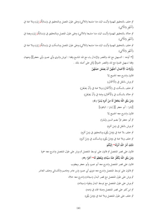 ‫ُ ِ‬
‫ٍب خلف بالتحقيق للهمزة وأثبت الياء مدا مشبعا (الآلئي) وعلى طوؿ اؼبتصل وبالتحقيق ُب (نِسائِكم إِف) وبال غنة ُب‬
‫َ ْ‬
‫ْ ُ ٍ َ َّ‬
‫(أَشهر والآلئِي)‬
‫ُ ِ‬
‫ٍب خػالد بػػالتحقيق للهمػػزة وأثبػػت اليػاء مػػدا مشػػبعا (الآلئػػي) وعلػػى طػوؿ اؼبتصػػل وبػػالتحقيق ُب (نِسػػائِكم إِف) وبغنػػة ُب‬
‫َ ْ‬
‫ْ ُ ٍ َ َّ‬
‫(أَشهر والآلئِي)‬
‫ُ ِ‬
‫ٍب خلف بالتحقيق للهمزة وأثبت الياء مدا مشبعا (الآلئي) وعلى طوؿ اؼبتصل وبالسكت ُب (نِسائِكم إِف) وبال غنة ُب‬
‫َ ْ‬
‫ْ ُ ٍ َ َّ‬
‫(أَشهر والآلئِي)‬

‫[ٖ أوجو : التسهيل مع اؼبد والقصر واإلبداؿ ياء مع اؼبد اؼبشػبع وقفػا : لػورش والبػزي وأيب عمػرو وأيب جعفػر][ وجهػاف‬
‫وقفا تسهيل اؽبمزة مع اؼبد والقصر غبمزة] كل على أصلو باؼبد .‬
‫و‬
‫وأُوَلت اَِحماؿ أَجلُهن أَف يَضعن حملَهن‬
‫َ َ ُ ْ ْ َ ِ َ ُ َّ ْ َ ْ َ َ ْ ُ َّ‬
‫قالوف و ج معو اعبميع إَل‬
‫اندر‬
‫ْ ِ‬
‫ٍب ورش بالنقل ُب (اَْلَضبَاؿ)‬

‫ْ ِ‬
‫ٍب خلف بالسكت ُب (اْْلَضبَاؿ) وبال غنة ُب (أَف يَضعن)‬
‫ْ َْ َ‬
‫ْ ِ‬
‫ٍب خالد بالسكت ُب (اْْلَضبَاؿ) وغنة ُب (أَف يَضعن)‬
‫ْ َْ َ‬
‫ِ‬
‫ََ ْ ِ‬
‫ومن يَػتَّق اللَّهَ يَجعل لَهُ من أَمرِ يُسرا (ٗ)‬
‫ْ ِْ ًْ‬
‫َْ ْ‬

‫[يُسرا : أبو جعفر ][ يُسرا : الباقوف]‬
‫ْ‬
‫ُ‬
‫قالوف و ج معو اعبميع إَل‬
‫اندر‬

‫ٍب أبو جعفر قرأ بضم السٌن (يُسرا)‬
‫ُ‬
‫ِ َ ِْ‬
‫ٍب ورش بالنقل ُب (من اَمرهِ)‬
‫َْ ِ‬
‫ِ ْ ِْ‬
‫ٍب خلف بال غنة ُب (ومن يػَتَّق) وبالتحقيق ُب (من أمرهِ)‬
‫َ‬
‫َْ ِ‬
‫ِ ْ ِْ‬
‫ٍب خلف وبال غنة ُب (ومن يػَتَّق) وبالسكت ُب (من أمرهِ)‬
‫َ‬
‫ِ‬
‫ذَلِك أَمر اللَّه أَنْػزلَهُ~ إِلَيكم‬
‫َ‬
‫ُْْ‬
‫َ ُْ‬

‫قالوف على قصر اؼبنفصل ٍب قالوف على توسط اؼبنفصل ٍب ورش على طوؿ اؼبنفصل و ج معو ضبزة‬
‫اندر‬
‫ِ ِ‬
‫ََ ْ ِ‬
‫ومن يَػتَّق اللَّهَ يُكفر ع ْنهُ سيّْئَاتِه ويُػعظم لَهُ~ أَجرا (٘)‬
‫َ ّْ ْ َ َ َ ْ ْ‬
‫ًْ‬
‫قالوف على قصر اؼبنفصل و ج معو أبو عمرو وأبو جعفر ويعقوب‬
‫اندر‬
‫ٍب قالوف على توسط اؼبنفصل و ج معو دوري أيب عمرو وابن عامر وعاصم والكسائي وخلف العاشر‬
‫اندر‬
‫ٍب ورش على طوؿ اؼبنفصل مع قصر البدؿ (سيئاتو) و ج معو خالد‬
‫اندر‬
‫ٍب ورش على طوؿ اؼبنفصل مع توسط البدؿ وطولو (سيئاتو)‬
‫ٍب ابن كثًن على قصر اؼبنفصل وصلة اؽباء ُب (عنو)‬
‫َْ ِ‬
‫ٍب خلف على طوؿ اؼبنفصل وبال غنة ُب (ومن يػَتَّق)‬
‫َ‬
‫141‬

 