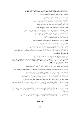 ‫ومن يُػؤمن بِاللَّه ويَػعمل صالِحا يُدخلْهُ جنَّات تَجري من تَحتِها اَِنْػهار خالِدين فِيهآ أَبَدا‬
‫ََ ْ ِْ ْ ِ َ ْ َ ْ َ ً ْ ِ َ ٍ ْ ِ ِ ْ ْ َ ْ َ ُ َ ِ َ َ ً‬
‫[ ندخلو : نافع وابن عامر وأبو جعفر ][ يدخلو : الباقوف]‬
‫قالوف أبدؿ الياء نوف (ندخلو) وعلى قصر اؼبنفصل‬
‫ٍب قالوف أبدؿ الياء نوف (ندخلو) وعلى توسط اؼبنفصل و ج معو ابن عامر‬
‫اندر‬
‫ٍب ابن كثًن قرأ بالياء (يدخلو ) مع الصلة للهاء وعلى قصر اؼبنفصل‬
‫ٍب دوري قرأ بالياء (يدخلو) وعلى قصر اؼبنفصل و ج معو يعقوب‬
‫اندر‬
‫ٍب دوري قرأ بالياء (يدخلو) وعلى قصر اؼبنفصل و ج معو عاصم والكسائي وخلف العاشر‬
‫اندر‬
‫ٍب خالد قرأ بالياء (يدخلو) وبالتحقيق ُب (اْلهنار) على طوؿ اؼبنفصل‬
‫ٍب خالد قرأ بالياء (يدخلو) وبالسكت ُب (اْلهنار)‬
‫ٍب ورش قرأ بالنوف (ندخلو) وبالنقل ُب (اَلَهنار) وأبدؿ اؽبمزة واوا ُب (يومن)‬
‫ٍب السوسي قرأ بالياء (يدخلو) وأبدؿ اؽبمزة واوا ُب (يومن)‬
‫ٍب أبو جعفر أبدؿ اؽبمزة واوا ُب (يومن) وقرأ بالنوف (ندخلو) على قصر اؼبنفصل‬
‫ِ ِْ‬
‫ِ‬
‫ٍب خلف قرأ بال غنة ُب (ومن يػُؤمن)و(صاغبًا يُدخ ْلوُ) وبالياء (يدخلو) وبالسكت ُب (اْلهنار) وعلى طوؿ اؼبنفصل‬
‫ََ ْ ْ ْ َ‬
‫قَد أَحسن اللَّهُ لَهُ رزقًا (ٔٔ)‬
‫ِْ‬
‫ْ ْ ََ‬

‫قالوف ٍب ورش بالنقل ُب (قَد اَحسن)ٍب خلف بالسكت ُب (قَد أَحسن)‬
‫ْ ْ ََ‬
‫َ ْ ََ‬
‫َ ُ ّْ َ ٍ ِ ٌ َ َّ‬
‫ِ َ َ َ َ َ َ َ ٍ َ ِ َ ْ ْ ِ ِ ُ َّ َّ ُ ْ ْ ُ ُ َّ ْ ُ َّ‬
‫اللَّهُ الَّذي خلَق س ْبع سموات ومن اَِرض مثْػلَهن يَػتَػنَػػزؿ اَِمػر بَػ ْي ػنَػهن لِتَػعلَمػوآ أَف اللَّػهَ علَػى كػل شػيء قَػدير وأَف‬
‫ْ‬
‫ٍ ِ‬
‫اللَّهَ قَد أَحاط بِكل شيء علْما (ٕٔ)‬
‫ْ َ َ ُ ّْ َ ْ ً‬
‫قالوف على قصر اؼبنفصل و ج معو أىل القصر ابن كثًن وأبو عمرو وأبو جعفر ويعقوب‬
‫اندر‬
‫ثم قالوف على توسط اؼبنفصل و ج معو أىل التوسط دوري أيب عمرو وابن عامر وعاصم والكسائي وخلف العاشر‬
‫اندر‬
‫ٍ‬
‫ْْ ِ‬
‫ٍب خالد بالتحقيق ُب الساكن اؼبوصوؿ ُب (اْلَرض)و(اْلَمر)و(شيء) وعلى طوؿ اؼبنفصل‬
‫ْ ُْ َ ْ‬
‫ٍب ورش بالنقل ُب (اَلَرض)و(اَلَمر)و(قَد اَحاط) وعلى طوؿ اؼبنفصل وعلى توسط اللٌن (شيء)‬
‫َ َ َ‬

‫ٍب ورش بالنقل ُب (اَلَرض)و(اَلَمر)و(قَد اَحاط) وعلى طوؿ اؼبنفصل وعلى طوؿ اللٌن (شيء)‬
‫َ َ َ‬
‫ٍ‬
‫ْْ ِ‬
‫ِ ٌ َ َّ‬
‫ٍب خل ػػف بالس ػػكت ُب (اْلَرض)و(اْلَمر)و(ش ػػيء) وعل ػػى ط ػػوؿ اؼبنفص ػػل وب ػػال غن ػػة ُب (قَػػدير وأَف) والتحقي ػػق ُب (قَػ ػد‬
‫ْ‬
‫ْ ُْ َ ْ‬
‫أَحاط)‬
‫َ َ‬
‫ٍ‬
‫ْْ ِ‬
‫ٍب خلف على السكت ُب (اْلَرض)و(اْلَمر)و(شيء) وعليو السكت ُب (قَػد أَحػاط) وعلػى طػوؿ اؼبنفصػل وبػال غنػة ُب‬
‫ْ َ َ‬
‫ْ ُْ َ ْ‬
‫ِ ٌ َ َّ‬
‫(قَدير وأَف)‬
‫ٍ‬
‫ْْ ِ‬
‫ٍب خالد على السكت ُب (اْلَرض)و(اْلَمر)و(شيء) والتحقيق ُب (قَد أَحاط) وعلى طوؿ اؼبنفصل‬
‫ْ َ َ‬
‫ْ ُْ َ ْ‬
‫سورة التحريم‬
‫541‬

 