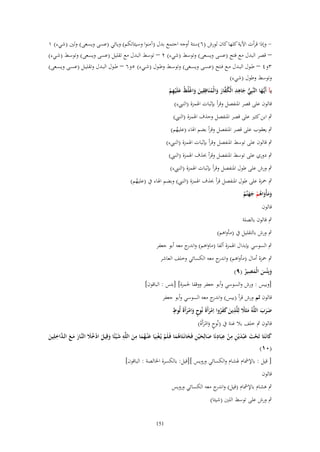 ‫ وإذا قرأت اآلية كلها كاف لورش (ٙ)ستة أوجو اجتمع بدؿ (آمنوا وسيئاتكم) ويائي (عسى ويسعى) ولٌن (شيء) ٔ‬‫– قصر البدؿ مع فتح (عسى ويسعى) وتوسط (شيء) ٕ – توسط البدؿ مع تقليل (عسى ويسعى) وتوسػط (شػيء)‬
‫ٖوٗ – طػػوؿ البػػدؿ مػػع فػػتح (عسػػى ويسػػعى) وتوسػػط وطػػوؿ (شػػيء) ٘وٙ – طػػوؿ البػػدؿ وتقليػػل (عسػػى ويسػػعى)‬
‫وتوسط وطوؿ (شيء)‬
‫ِ‬
‫ُّ ِ ِ‬
‫يآ أَيُّها النَّبِي جاهد الْكفار والْمنَافِقين واغلُظ علَْيهم‬
‫ػَ‬
‫َ‬
‫ُ َّ َ َ ُ َ َ ْ ْ َ ِ ْ‬
‫قالوف على قصر اؼبنفصل وقرأ بإثبات اؽبمزة (النيبء)‬
‫ٍب ابن كثًن على قصر اؼبنفصل وحذؼ اؽبمزة (النيب)‬
‫ٍب يعقوب على قصر اؼبنفصل وقرأ بضم اؽباء (عليهم)‬
‫ُ‬

‫ٍب قالوف على توسط اؼبنفصل وقرأ بإثبات اؽبمزة (النيبء)‬
‫ٍب دوري على توسط اؼبنفصل وقرأ حبذؼ اؽبمزة (النيب)‬
‫ٍب ورش على طوؿ اؼبنفصل وقرأ بإثبات اؽبمزة (النيبء)‬
‫ٍب ضبزة على طوؿ اؼبنفصل قرأ حبذؼ اؽبمزة (النيب) وبضم اؽباء ُب (عليهم)‬
‫ُ‬

‫ومأْواهم جهنَّم‬
‫ََ َ ُ ْ َ َ ُ‬
‫قالوف‬

‫ٍب قالوف بالصلة‬
‫ٍب ورش بالتقليل ُب (مأواىم)‬
‫ٍب السوسي بإبداؿ اؽبمزة ألفا (ماواىم) و ج معو أبو جعفر‬
‫اندر‬
‫ٍب ضبزة أماؿ (مأواىم) و ج معو الكسائي وخلف العاشر‬
‫اندر‬
‫ِ‬
‫وبِْئس الْمصير (ٜ)‬
‫َ َ َ ُ‬
‫[وبيس : ورش والسوسي وأبو جعفر ووقفا غبمزة] [بئس : الباقوف]‬
‫قالوف ثم ورش قرأ (بيس) و ج معو السوسي وأبو جعفر‬
‫اندر‬
‫ٍ‬
‫ً ِ‬
‫ضرب اللَّهُ مثًَل لِلَّذين كفروا اِمرأَةَ نُوح وامرأَةَ لُوط‬
‫ََ َ‬
‫َ‬
‫َ ََُ َْ ٍ َ َْ‬
‫قالوف ٍب خلف بال غنة ُب (نُوح وامرأَة)‬
‫ٍ َ َْ َ‬
‫ِ‬
‫ِ ِ‬
‫َ ََ ِِ ِ ِ‬
‫كانَػتَا تَحت ع ْبديْن من عبَادنَا صالِح ْين فَخانَػتَاهما فَػلَم يُػغنِيَا ع ْنػهما من اللَّه ش ْيئًا وقِيل ادخًل النَّػار مػع ال َّاخلِين‬
‫َ‬
‫ْ‬
‫ْ‬
‫َ َ َ ْ ُ َ َ َ َ ػد َ‬
‫َ َ ِ َ َُ ْ ْ َ َُ َ‬
‫(ٓٔ)‬
‫[ قيل : باإلمشاـ ؽبشاـ والكسائي ورويس ][قيل: بالكسرة اػبالصة : الباقوف]‬
‫قالوف‬
‫ٍب ىشاـ باإلمشاـ (قيل) و ج معو الكسائي ورويس‬
‫اندر‬
‫ٍب ورش على توسط اللٌن (شيئا)‬
‫151‬

 