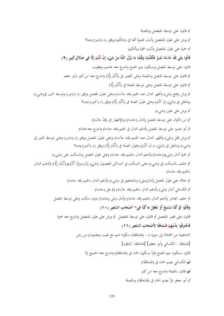 ‫ٍب قالوف على توسط اؼبنفصل وبالصلة‬
‫ٍب ورش على طوؿ اؼبنفصل وأبدؿ اؽبمزة ألفا ُب (ياتكم) ورقق راء (نذير) وصال‬
‫ٍب ضبزة على طوؿ اؼبنفصل وأثبت نبزة (يأتكم)‬
‫ِ ْ َ ٍ ْ ْ َّ‬
‫ََ ٍ َ ٍ‬
‫قَالُوا بَػلَى قَد جآءنَا نَذير فَكذبْػنَا وقُػلْنَا ما نَػزؿ اللَّهُ من شيء إِف أَنْػتُم إَِل فِي ضًلؿ كبِير (ٜ)‬
‫ْ َ َ ِ ٌ َ َّ َ َ َّ َ‬
‫ْ‬
‫قالوف على توسط اؼبتصل وبسكوف ميم اعبمع و ج معو عاصم ويعقوب‬
‫اندر‬
‫ٍب قالوف على توسط اؼبتصل وبالصلة وعلى القصر ُب (أَنْػتُم إَِل) و ج معو ابن كثًن وأبو جعفر‬
‫ْ َّ اندر‬
‫ْ َّ‬
‫ٍب قالوف على توسط اؼبتصل وعلى توسط الصلة ُب (أَنْػتُم إَِل)‬

‫ٍب ورش وفتح (بلى) وأظهر الداؿ عند اعبيم (قد جآءنػا) وعلػى طػوؿ اؼبتصػل ورقػق راء (نػذير) وتوسػط اللػٌن ُب(شػيء)‬
‫ٍ‬
‫ْ َّ‬
‫وبالنقل ُب (شيء إِف اَنْػتُم) وعلى طوؿ الصلة ُب (أَنْػتُم إَِل) ورقق راء (كبًن) وصال‬
‫َْ َ ْ‬
‫ٍب ورش على طوؿ (شيء)‬

‫ٍب ابن ذكواف على توسط اؼبتصل وأماؿ (جاءنا) وباإلظهار ُب (قد جآءنا)‬
‫ْ‬
‫ٍب أبو عمرو على توسط اؼبتصل وأدغم الداؿ ُب اعبيم (قد جاءنا) و ج معو ىشاـ‬
‫اندر‬
‫ٍب ورش قلػػل (بلػػى) وأظهػػر الػػداؿ عنػػد اعبػػيم (قػػد جآءنػػا) وعلػػى طػػوؿ اؼبتصػػل ورقػػق راء (نػػذير) وعلػػى توسػػط اللػػٌن ُب‬
‫َ ِ ِ‬
‫ْ َّ‬
‫(شيء) وبالنقل ُب (شيء ف اِف اَنْػتُم) وطوؿ الصلة ُب (أَنْػتُم إَِل) ورقق راء (كبًن) وصال‬
‫َ ْ‬
‫ْ‬
‫ٍب ضبزة أماؿ (بلى)و(جاءنا) وأدغم الداؿ باعبيم (قد جاءنا) وعلى طوؿ اؼبتصل وبالسكت على (شيء)‬
‫ْ َّ‬
‫ٍب خلػػف بالسػػكت ُب (شػػيء) علػػى السػػكت ُب السػػاكن اؼبفصػػوؿ (شػػيء إِف) و(إِف أَنْػتُم)و(أَنْ ػػتُم إَِل) وأدغػػم ال ػػداؿ‬
‫َ ٍْ ْ‬
‫ْ ْ‬
‫باعبيم (قد جاءنا)‬
‫ٍب خالد على طوؿ اؼبتصل وأماؿ(بلى) وبالتحقيق ُب (شيء) وأدغم الداؿ باعبيم (قد جاءنا)‬
‫ٍب الكسائي أماؿ (بلى) وأدغم الداؿ باعبيم (قد جآءنا) ومل يبل (جاءنا)‬
‫ٍب خلف العاشر وأدغم الداؿ باعبيم (قد جاءنا) وأماؿ (بلى وجاءنا) بدوف سكت وعلى توسط اؼبتصل‬
‫ْ َ ِ َّ ِ ِ‬
‫وقَالُوا لَو كنَّا نَسمع أَو نَػعقل ما كنَّا فِي~ أَصحاب السعير (ٓٔ)‬
‫ْ ُ ْ َ ُ ْ ِْ ُ َ ُ‬
‫َ‬
‫قالوف على قصر اؼبنفصل ٍب قالوف على توسط اؼبنفصل ٍب ورش على طوؿ اؼبنفصل و ج معو ضبزة‬
‫اندر‬
‫ْ َ َ ِ ْ ُ ْ ً ِ ْ َ ِ َّ ِ ِ‬
‫فَاعتَػرفُوا بِذنْبِهم فَسحقا َِصحاب السعير (ٔٔ)‬
‫الشاطبية من آّادلة إىل سورة ف : (فسحقا) سكونا ضم مع غيب (يعلموف) من رض‬
‫ُُ‬

‫[فَسحقا : الكسائي وأبو جعفر] [فسحقا: الباقوف]‬
‫ُْ‬
‫ُُ‬

‫قالوف بسكوف ميم اعبمع وقرأ بسكوف اغباء ُب (فسحقا) و ج معو اعبميع إَل‬
‫ُ ْ اندر‬
‫ثم الكسائي بضم اغباء ُب (فَسحقا)‬
‫ُ ًُ‬

‫ثم قالوف بالصلة و ج معو ابن كثًن‬
‫اندر‬
‫ٍب أبو جعفر قرأ بضم اغباء ُب (فَسحقا) وبالصلة‬
‫ُ ًُ‬
‫551‬

 