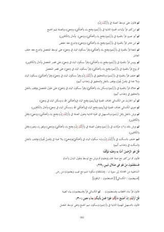 ‫ثم قالوف على توسط الصلة ُب (أَرأَيْػتُم إِف)‬
‫َ ْ ْ‬

‫ثم ابن كثًن قرأ بإثبات اؽبمزة الثانية ُب (أرأيتم) وفتح ياء (أىلكين) و(معي) وبالصلة ؼبيم اعبمع‬
‫َ‬
‫َ‬
‫ثم أبو عمرو قرأ باؽبمزة ُب (أرأيتم) وفتح ياء (أىلكين) و(معي) وأماؿ (الكافرين)‬
‫َ‬
‫َ‬
‫ثم ابن عامر قرأ باؽبمزة ُب (أرأيتم) وفتح ياء (أىلكين) و(معي) و ج معو حفص‬
‫َ اندر‬
‫َ‬

‫ثم شعبة قرأ باؽبمزة ُب (أرأيتم) وفتح ياء (أىلكين) وقرأ بسكوف الياء ُب (معي) على توسط اؼبنفصل و ج معو خلف‬
‫اندر‬
‫ْ‬
‫َ‬

‫العاشر‬

‫ثم رويس قرأ باؽبمزة ُب (أرأيتم) وفتح ياء (أىلكين) وقرأ بسكوف الياء ُب (معي) على قصر اؼبنفصل وأماؿ (الكافرين)‬
‫ْ‬
‫َ‬
‫ٍب روح قرأ باؽبمزة ُب (أرأيتم) وفتح ياء (أىلكين) وقرأ بسكوف الياء ُب (معي) على قصر اؼبنفصل‬
‫ْ‬
‫َ‬

‫ثػػم خلػف قػرأ بػػاؽبمزة ُب (أرأيػػتم) وبػػالتحقيق ُب (أَرأَيْػػتُم إِف) وقػرأ بسػكوف اليػػاء ُب (معػػي) وقػرأ (أىلكػػين) بسػػكوف اليػػاء‬
‫َ ْ ْ‬
‫ْ‬
‫ْ‬
‫ِ‬
‫وبال غنة ُب (فَمن هبًن) ووقف بالنقل والتحقيق ُب (عذاب أليم)‬
‫َْ ُ ُ‬
‫ثم خػالد قػرأ بػاؽبمزة ُب (أرأيػتم) وسػكن يػاء (أىلكػين) وقػرأ بسػكوف اليػاء ُب (معػي) علػى طػوؿ اؼبنفصػل ووقػف بالنقػل‬
‫ْ‬
‫ْ‬
‫والتحقيق ُب (عذاب أليم)‬

‫ثم أبو اغبارث عن الكسائي حبذؼ اؽبمزة ُب(أريتم) وفتح الياء ُب(أىلكين اهلل ) وسكن الياء ُب (معي)‬
‫ْ‬
‫َ‬

‫ثم دوري الكسائي حبذؼ اؽبمزة ُب(أريتم) وفتح الياء ُب(أىلكين اهلل ) وسكن الياء ُب (معي) وأماؿ (الكافرين)‬
‫ْ‬
‫َ‬

‫ثم ورش بالنقػل (قػل اَراَيػتم) وبالتسػهيل ُب اؽبػزة الثانيػة وطػوؿ الصػلة ُب (أَراَيْػػتُم إِف) وفػتح يػاء (أىلكػين) و(معػي) وقلػل‬
‫َ ْ ْ‬
‫َ‬
‫َ‬
‫َ‬
‫(الكافرين)‬
‫ثم ورش باؼبد (ٙ) كات ُب (أرآيتم) وطوؿ الصلة ُب (أَرأَيْػتُم إِف) وفتح ياء (أىلكين) و(معي) ورقػق راء (هبػًن) وقلػل‬
‫حر‬
‫َ ْ ْ‬
‫َ‬
‫َ‬
‫(الكافرين)‬

‫ِ‬
‫ث ػػم خل ػػف بالس ػػكت ُب (أَرأَيْ ػػتُم إِف) ول ػػو س ػػكوف الي ػػاء ُب (أىلكين)و(مع ػػي) ب ػػال غن ػػة ُب (فَم ػػن هب ػػًن) ووق ػػف بالنق ػػل‬
‫َ ْ ْ‬
‫َْ ُ ُ‬
‫ْ‬
‫ْ‬

‫والسكت ُب (عذاب أليم)‬
‫ْ ُ َ َّ ْ َ ُ آ َ ِ َ َ ِ وَّ‬
‫قُل هو الرحمن َمنَّا بِه وعلَْيه تَػ َكلْنَا‬
‫قالوف ٍب ابن كثًن مع صلة اؽباء (وعليو) ٍب ورش مع توسط وطوؿ البدؿ (آمنا)‬
‫ََ ٍ ُ ٍ‬
‫فَستَػعلَموف من هو فِي ضًلؿ مبِين (ٜٕ)‬
‫َ ْ ُ َ َ ْ َُ‬
‫الشاطبية من آّادلة إىل سورة ف : (فسحقا) سكونا ضم مع غيب (يعلموف) من رض‬
‫ُُ‬
‫[فسيعلموف : الكسائي] [ فستعلموف : الباقوف]‬

‫قالوف قرأ بتاء اػبطاب (فستعلموف) ثم الكسائي قرأ (فسيعلموف) بياء الغيبة‬
‫ْ َ ْ ْ ْ َ َ ؤُ ْ ْ ً َ ْ ُ ْ َ ٍ َ ِ ٍ‬
‫قُل أَرأَيْػتُم إِف أَصبَح مآ ُكم غَورا فَمن يَأْتِيكم بِمآء معين (ٖٓ)‬
‫قالوف بالتسهيل للهمزة الثانية ُب (أرايتم) وبسكوف ميم اعبمع وعلى توسط اؼبتصل‬
‫161‬

 