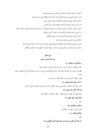 ‫ٍب قالوف بالتسهيل (أرايتم) وبالصلة على القصر وعلى توسط اؼبتصل‬
‫ٍب أبو جعفر بالتسهيل (أرايتم) وبالصلة وأبدؿ اؽبمزة ألفا (يَاتِيكم) وعلى توسط اؼبتصل‬
‫ُْ‬
‫ٍب قالوف بالصلة وعلى توسطها ُب (أَرأَيْػتُم إِف) وعلى توسط اؼبتصل‬
‫َ ْ ْ‬
‫ٍب ابن كثًن بإثبات اؽبمزة ُب (أرأيتم) وبالصلة وعلى توسط اؼبتصل‬

‫ٍب دوري بإثبات اؽبمزة ُب (أرأيتم) وبسكوف ميم اعبمع و ج معو ابن عامر وعاصم وخالد ويعقوب وخلف العاشر‬
‫اندر‬
‫ٍب السوسي بإثبات اؽبمزة ُب (أرأيتم) وأبدؿ اؽبمزة ألفا ُب (ياتيكم)‬
‫ٍب خلف بإثبات اؽبمزة ُب (أرأيتم) وبال غنة ُب (فَمن يَأْتِيكم)‬
‫َْ ُْ‬
‫ٍب الكسائي قرأ (أرايتم) بإسقاط اؽبمزة الثانية‬
‫ٍب ورش بالنقل ُب (قُل اَراَيْػتُم إِف اَصبَح) وبالتسهيل وبطوؿ الصلة ٍب ورش باؼبد (ٙ) كات ُب (أرآيتم)‬
‫حر‬
‫َ َ ْ َ ْ َ‬
‫ٍب خلف بإثبات اؽبمزة ُب (أرأيتم) وعلى السكت ُب (قُل أَرأَيْػتُم إِف أَصبَح) وبال غنة (فَمن يَأْتِيكم)‬
‫َْ ُْ‬
‫ْ َ ْ ْ ْ َ‬

‫ف والْقلَم وما يَسيُروف (ٔ)‬
‫َ َ ِ ََ ْ ُ َ‬

‫سورة القلم‬
‫ْ ِ ِ َّ ْ َ ِ َّ ِ ِ‬
‫بِسم اللَّه الرحمن الرحيم‬

‫قالوف باإلظهار و ج معو ورش بوجو وابن كثًن وأبو عمرو وحفص وضبزة‬
‫اندر‬

‫ثػػم ورش لػػو وجػو ثػػاف باإلدغػػاـ والغنػػة واؼبػػد اؼبشػػبع (نُػوالقلم) وان ج معػػو ابػػن عػػامر وشػػعبة والكسػػائي ويعقػػوب وخلػػف‬
‫ػدر‬
‫ّ‬
‫العاشر‬
‫ثم أبو جعفر سكت على نوف سكتة لطيفة من غًن تنفس‬
‫ِ‬
‫ٍ‬
‫مآ أَنْت بِنِعمة ربّْك بِمجنُوف (ٕ)‬
‫َ َ َْ َ َ َ ْ‬
‫قالوف على قصر اؼبنفصل ٍب قالوف على توسط اؼبنفصل ٍب ورش على طوؿ اؼبنفصل و ج معو ضبزة‬
‫اندر‬
‫ٍ‬
‫وإِف لَك َِجرا غَْيػر ممنُوف (ٖ)‬
‫َ َّ َ َ ْ ً َ َ ْ‬
‫قالوف ثم ورش برتقيق الراء (غًن) ثم أبو جعفر باإلخفاء ُب (ْلَجرا غْيػر)‬
‫َ ًْ َ َ‬
‫َ َ َ ُ ٍ َِ ٍ‬
‫وإِنَّك لَعلى خلُق عظيم (ٗ)‬
‫قالوف‬
‫فَستُْبصر ويُػ ْبصروف (٘)‬
‫َ ُِ َ ُِ َ‬
‫قالوف ٍب ورش برتقيق الراء بالكلمتٌن‬
‫بِأَيّْيكم الْمفتُوف (ٙ)‬
‫ُ ُ َْ ُ‬

‫قالوف‬

‫ِ‬
‫ِ‬
‫إِف ربَّك هو أَعلَم بِمن ضل عن سبِيلِه وهو أَعلَم بِالْمهتَدين (ٚ)‬
‫َّ َ َ ُ َ ْ ُ َ ْ َ َّ َ ْ َ َ ُ َ ْ ُ ُ ْ َ‬
‫261‬

 