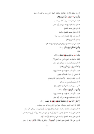 ‫ٍب ورش بتغليظ الالـ ُب (صال ِِم) ٍب قالوف بالصلة و ج معو ابن كثًن وأبو جعفر‬
‫اندر‬
‫َ َ ِت ْ‬
‫ِ‬
‫والَّذين فِي~ أَموالِهم حق معلُوـ (ٕٗ)‬
‫ْ َ ِ ْ َ ّّ َ ْ ٌ‬
‫َ َ‬
‫قالوف على قصر اؼبنفصل وبسكوف ميم اعبمع‬
‫ٍب قالوف بالصلة و ج معو ابن كثًن وأبو جعفر‬
‫اندر‬
‫ٍب قالوف على توسط اؼبنفصل‬
‫ٍب قالوف على توسط اؼبنفصل وبالصلة‬
‫ٍب ورش على طوؿ اؼبنفصل و ج معو ضبزة‬
‫اندر‬
‫ِ‬
‫لِلسآئِل والْمحروـ (ٕ٘)‬
‫َّ ِ َ َ ْ ُ‬
‫قالوف على توسط اؼبتصل ٍب ورش على طولو و ج معو ضبزة‬
‫اندر‬
‫َ ِ َ َ ّْ َ ْ الد ِ‬
‫والَّذين يُصدقُوف بِيَػوِـ ّْين (ٕٙ)‬
‫قالوف‬
‫والَّذين هم من عذاب ربّْهم مشفقوف (ٕٚ)‬
‫َ ِ َ ُ ْ ِ ْ َ َ ِ َ ِ ْ ُ ْ ُِ َ‬
‫قالوف بسكوف ميم اعبمع و ج معو اعبميع إَل‬
‫اندر‬
‫ٍب قالوف بالصلة و ج معو ابن كثًن وأبو جعفر‬
‫اندر‬
‫ٍ‬
‫إِف عذاب ربّْهم غَْيػر مأْموف (ٕٛ)‬
‫َّ َ َ َ َ ِ ْ ُ َ ُ‬
‫قالوف بسكوف ميم اعبمع و ج معو اعبميع إَل‬
‫اندر‬
‫ٍب السوسي قرأ بإبداؿ اؽبمزة ألفا (ماموف)‬
‫ٍب ورش برتقيق الراء (غًن) وقرأ بإبداؿ اؽبمزة ألفا (ماموف)‬
‫ٍب قالوف بالصلة و ج معو ابن كثًن‬
‫اندر‬
‫ٍب أبو جعفر بالصلة وأبدؿ اؽبمزة الفا (ماموف)‬
‫والَّذين هم لِفروجهم حافِظُوف (ٜٕ)‬
‫َ ِ َ ُ ْ ُُ ِ ِ ْ َ َ‬
‫قالوف بسكوف ميم اعبمع و ج معو اعبميع إَل‬
‫اندر‬
‫ٍب قالوف بالصلة و ج معو ابن كثًن وأبو جعفر‬
‫اندر‬
‫ِ‬
‫ِ‬
‫إَِل علَى~ أَزواجهم أَو ما ملَكت أَيْمانُػهم فَِإنَّهم غَْيػر ملُومين (ٖٓ)‬
‫َّ َ‬
‫َْ ِ ْ ْ َ َ َ ْ َ ُ ْ ػ ُ ْ ُ َ َ‬
‫قالوف على قصر اؼبنفصل وبسكوف ميم اعبمع و ج معو أبو عمرو ويعقوب‬
‫اندر‬
‫ٍب قالوف على قصر اؼبنفصل وبالصلة وعلى قصرىا ُب (أَزواجهم أَو) و ج معو ابن كثًن وأبو جعفر‬
‫ْ َ ِ ِ ْ ْ اندر‬
‫ٍب قالوف على توسط اؼبنفصل و ج معو دوري أيب عمرو وابن عامر وعاصم والكسائي وخلف العاشر‬
‫اندر‬
‫ِِ‬
‫ٍب قالوف على توسط اؼبنفصل وبالصلة على توسطها ُب (أَزواجهم أَو)‬
‫َْ ْ ْ‬
‫ِِ‬
‫ٍب ورش على طوؿ اؼبنفصل وطوؿ الصلة ُب (أَزواجهم أَو) وبالنقل ُب (ملَكت أَْيبَانػُهم) ورقق راء (غًن)‬
‫َْ ْ ْ‬
‫َ َ ْ ُْ‬
‫281‬

 