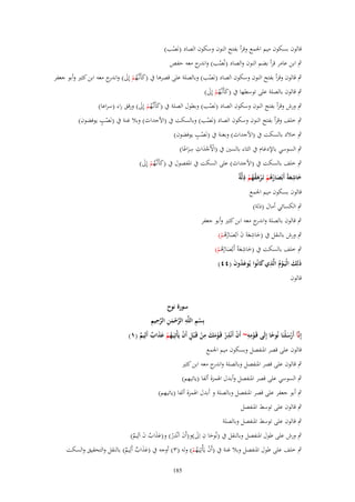 ‫قالوف بسكوف ميم اعبمع وقرأ بفتح النوف وسكوف الصاد (نَصب)‬
‫ْ‬
‫ٍب ابن عامر قرأ بضم النوف والصاد (نُصب) و ج معو حفص‬
‫اندر‬
‫ُ‬

‫ٍب قالوف وقرأ بفتح النوف وسكوف الصاد (نَصب) وبالصلة على قصرىا ُب (كأَنػَّهم إِىل) و ج معو ابن كثًن وأبو جعفر‬
‫َ ُ ْ َ اندر‬
‫ْ‬

‫ٍب قالوف بالصلة على توسطها ُب (كأَنػَّهم إِىل)‬
‫َ ُْ َ‬

‫ٍب ورش وقرأ بفتح النوف وسكوف الصاد (نَصب) وبطوؿ الصلة ُب (كأَنػَّهم إِىل) ورقق راء (سراعا)‬
‫َ ُْ َ‬
‫ْ‬

‫ٍْ‬
‫ٍب خلف وقرأ بفتح النوف وسكوف الصاد (نَصب) وبالسكت ُب (اْلجداث) وبال غنة ُب (نَصب يوفضوف)‬
‫ْ‬

‫ٍْ‬
‫ٍب خالد بالسكت ُب (اْلجداث) وبغنة ُب (نَصب يوفضوف)‬
‫ْ َ ِ ِ‬
‫ٍب السوسي باإلدغاـ ُب الثاء بالسٌن ُب (اْلَجداث سراعا)‬
‫ًَ‬
‫ْ‬
‫ٍب خلف بالسكت ُب (اْلجداث) على السكت ُب اؼبفصوؿ ُب (كأَنػَّهم إِىل)‬
‫َ ُْ َ‬
‫َ ِ َ َ ُُ ْ ْ َ ُ ُ ْ ِ ة‬
‫خاشعةً أَبْصارهم تَػرهقهم ذلَّ ٌ‬
‫قالوف بسكوف ميم اعبمع‬
‫ٍب الكسائي أماؿ (ذلة)‬
‫ٍب قالوف بالصلة و ج معو ابن كثًن وأبو جعفر‬
‫اندر‬
‫ِ‬
‫ٍب ورش بالنقل ُب (خاشعةَ ف اَبْصارىم)‬
‫َ َ َ َ ُُ ْ‬
‫ِ‬
‫ٍب خلف بالسكت ُب (خاشعةً أَبْصارىم)‬
‫َ َ َ ُُ ْ‬
‫ذَلِك الْيَػوـ الَّذي كانُوا يُوعدوف (ٗٗ)‬
‫َ ُْ ِ َ‬
‫َُ َ‬
‫قالوف‬

‫سورة نوح‬
‫ْ ِ ِ َّ ْ َ ِ َّ ِ ِ‬
‫بِسم اللَّه الرحمن الرحيم‬
‫ِ‬
‫ِ‬
‫ِِ‬
‫إِنَّآ أَرسلْنَا نُوحا إِلَى قَػومه~ أَف أَنْذر قَػومك من قَػ ْبل أَف يَأْتِيَػهم عذاب أَلِيم (ٔ)‬
‫ً‬
‫ْ‬
‫َْ‬
‫ْ ْ َْ َ ْ ِ ْ ُ ْ ََ ٌ ٌ‬
‫قالوف على قصر اؼبنفصل وبسكوف ميم اعبمع‬
‫ٍب قالوف على قصر اؼبنفصل وبالصلة و ج معو ابن كثًن‬
‫اندر‬
‫ٍب السوسي على قصر اؼبنفصل وأبدؿ اؽبمزة ألفا (ياتيهم)‬
‫ٍب أبو جعفر على قصر اؼبنفصل وبالصلة و أبدؿ اؽبمزة ألفا (ياتيهم)‬
‫ٍب قالوف على توسط اؼبنفصل‬
‫ٍب قالوف على توسط اؼبنفصل وبالصلة‬

‫ِ‬
‫ِ‬
‫ٍب ورش على طوؿ اؼبنفصل وبالنقل ُب (نُوحا ف اِىل)و(أَف اَنْذر) و(عذاب ف اَلِيم)‬
‫َ َ َ ْ ََ ُ َ ٌ‬
‫ٍب خلف على طوؿ اؼبنفصل وبال غنة ُب (أَف يَأْتِيَػهم) ولو (ٖ) أوجو ُب (عذاب أَلِيم) بالنقل والتحقيق والسكت‬
‫ََ ٌ ٌ‬
‫ْ ُْ‬
‫581‬

 