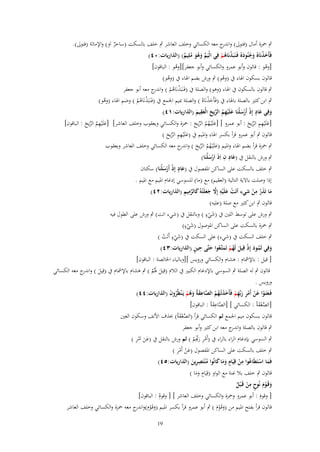 ‫ٍب ضبزة أماؿ (فتوىل) و ج معو الكسائي وخلف العاشر ٍب خلف بالسكت (ساحر اَو) واإلمالة (فتوىل).‬
‫اندر‬
‫ٌ‬
‫فَأَخذنَا ُ وجنُود ُ فَػنَبَذنَاهم فِي الْيَم وهو ملِيم) (الذاريات:ٓٗ)‬
‫ّْ َ ُ َ ُ ٌ‬
‫َْ َُ َ ْ ُْ‬
‫[وىو : قالوف وأبو عمرو والكسائي وأبو جعفر][وىو : الباقوف]‬
‫ْ‬
‫ُ‬
‫قالوف بسكوف اؽباء ُب (وىو) ٍب ورش بضم اؽباء ُب (وىو)‬
‫ْ‬
‫ُ‬
‫ٍب قالوف بالسكوف ُب اؽباء (وىو) والصلة ُب (فَػنَبَذنَاىم ) و ج معو أبو جعفر‬
‫ْ ُ ْ اندر‬
‫ٍب ابن كثًن بالصلة باؽباء ُب (فَأَخذنَاهُ ( والصلة دبيم اعبمع ُب (فَػنَبَذنَاىم ) وضم اؽباء (وىو)‬
‫َْ‬
‫ُ‬
‫ْ ُْ‬
‫ِ‬
‫ٍ‬
‫وفِي عاد إِذ أَرسلْنَا علَْيهم الريح الْعقيم (الذاريات:ٔٗ)‬
‫َ َ ْ ْ َ َ ِ ُ ّْ َ َ َ‬
‫ِ‬
‫ِ‬
‫[علَْيهم الريح : أبو عمرو ] [علَْيػهم الريح : ضبزة والكسائي ويعقوب وخلف العاشر] [علَْيهم الريح : الباقوف]‬
‫َ ُ ّْ َ‬
‫َ ُ ُ ّْ َ‬
‫َ ِ ّْ َ‬
‫ِ‬
‫قالوف ٍب أبو عمرو قرأ بكسر اؽباء واؼبيم ُب (علَْيهم الريح )‬
‫َ ِ ّْ َ‬
‫ٍب ضبزة قرأ بضم اؽباء واؼبيم (علَْيػهم الريح ) و ج معو الكسائي وخلف العاشر ويعقوب‬
‫َ ُ ُ ّْ َ اندر‬
‫َِ ِ‬
‫ٍب ورش بالنقل ُب (عاد ف اِذَ اَرسلْنَا)‬
‫َْ‬
‫ٍ‬
‫ٍب خلف بالسكت على الساكن اؼبفصوؿ ُب (عاد إِذ أَرسلْنَا) سكتاف‬
‫َ ْ َْ‬
‫إذا وصلت باَلية التالية (العقيم) مع (ما) للسوسي إدغاـ اؼبيم مع اؼبيم .‬
‫ِ‬
‫ْ َ ِ َّ َ َ َ َّ ِ ِ‬
‫ما تَذر من شيء أتَت علَْيه إَِل جعلَْتهُ كالرميم (الذاريات:ٕٗ)‬
‫َ َُ ْ‬
‫قالوف ٍب ابن كثًن مع صلة (عليو)‬
‫ٍ‬
‫ٍب ورش على توسط اللٌن ُب (شيء ( وبالنقل ُب (شيء اتت) ٍب ورش على الطوؿ فيو‬
‫َْ‬
‫ٍب ضبزة بالسكت على الساكن اؼبوصوؿ (شي ٍ‬
‫َ ْ ء)‬
‫ٍ‬
‫ٍب خلف السكت ُب (شيء) على السكت ُب (شيء أَتَت )‬
‫َْ ْ‬
‫َ ُ َ ْ َ ُْ َػ َ ِ ٍ‬
‫وفِي ثَمود إِذ قِيل لَهم تَمتَّعُوا حتَّى حين (الذاريات:ٖٗ)‬

‫[ قيل : باإلمشاـ : ىشاـ والكسائي ورويس ][وبالياء اػبالصة : الباقوف]‬
‫قالوف ٍب لو الصلة ٍب السوسي باإلدغاـ الكبًن ُب الالـ (قِيل ؽبُم ) ٍب ىشاـ باإلمشاـ ُب (قِيل ) و ج معو الكسائي‬
‫َ اندر‬
‫َ َْ‬
‫ورويس .‬
‫فَػعتَػوا عن أَمر ربّْهم فَأَخذتْػهم الصاعقةُ وهم يَػ ْنظُروف (الذاريات:ٗٗ)‬
‫َ ْ َ ْ ْ ِ َ ِ ْ َ َ ُ ُ َّ ِ َ َ ُ ْ ُ َ‬
‫[الصعقةُ : الكسائي ] [الصاعقةُ : الباقوف]‬
‫َّ ِ َ‬
‫َّ ْ َ‬
‫قالوف بسكوف ميم اعبمع ثم الكسائي قرأ (الصعقةُ) حبذؼ اْللف وسكوف العٌن‬
‫َّ ْ َ‬

‫ٍب قالوف بالصلة و ج معو ابن كثًن وأبو جعفر‬
‫اندر‬
‫ََ ِْ‬
‫ٍب السوسي بإدغاـ الراء بالراء ُب (أَمر رِّٔم ( ثم ورش بالنقل ُب (عن اَمر )‬
‫ْ ِ َ ّْ ْ‬
‫َ ْ ِْ‬
‫ٍب خلف بالسكت على الساكن اؼبفصوؿ (عن أَمر )‬
‫ِ‬
‫ِ‬
‫فَما استَيَاعوا من قِيَاـ وما كانُوا م ْنتَصرين (الذاريات:٘ٗ)‬
‫َ ْ ُ ْ ٍ ََ َ ُ ِ َ‬
‫ٍ‬
‫قالوف ٍب خلف بال غنة مع الواو (قِيَاـ وما )‬
‫ََ‬
‫ِ‬
‫وقَػوـ نُوح من قَػ ْبل‬
‫َ َْ ٍ ْ ُ‬
‫[ وقوـ : أبو عمرو وضبزة والكسائي وخلف العاشر ] [ وقوـ : الباقوف]‬
‫ُ‬
‫َ‬
‫قالوف قرأ بفتح اؼبيم من (وقَػوـ ) ٍب أبو عمرو قرأ بكسر اؼبيم (وقَػوِ‬
‫َ ْ ـ)و ج معو ضبزة والكسائي وخلف العاشر‬
‫اندر‬
‫َ َْ‬
‫91‬

 