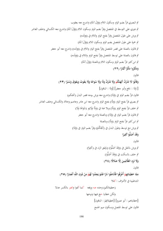 ‫ٍب البصري قرأ بضم الواو وسكوف الالـ (ووؿِدهُ) و ج معو يعقوب‬
‫َ ُ َ ْ ُ اندر‬

‫ٍب دوري على التوسط ُب اؼبنفصل وقرأ بضم الواو وسكوف الالـ (ووؿِدهُ) و ج معو الكسائي وخلف العاشر‬
‫َ ُ َ ْ ُ اندر‬

‫ٍب ورش على طوؿ اؼبنفصل وقرأ بفتح الواو والالـ ُب (وولَده)‬
‫ََ‬

‫ٍب ضبزة على طوؿ اؼبنفصل بضم الواو وسكوف الالـ (ووؿِدهُ)‬
‫َُ َ ْ ُ‬
‫ٍب قالوف بالصلة على قصر اؼبنفصل وقرأ بفتح الواو والالـ ُب (وولَده) و ج معو أبو جعفر‬
‫اندر‬
‫ََ‬

‫ٍب قالوف بالصلة على توسط اؼبنفصل وقرأ بفتح الواو والالـ ُب (وولَده)‬
‫ََ‬

‫ٍب ابن كثًن قرأ بضم الواو وسكوف الالـ وبالصلة (ووؿِدهُ)‬
‫َُ َ ْ ُ‬
‫ومكروا مكرا كبَّارا (ٕٕ)‬
‫ََ َُ َ ْ ً ُ ً‬
‫قالوف‬

‫وقَالُوا َل تَذرف َلِهتَكم وَل تَذرف و ِّا وَل سواعا وَل يَػغُوث ويَػعوؽ ونَسرا (ٖٕ)‬
‫َ َ َ ُ َّ آ َ ُ ْ َ َ َ ُ َّ َ د َ َ ُ َ ً َ َ‬
‫َ َ ُ َ َ ًْ‬
‫[ ودا : نافع وأبو جعفر] [ودا : الباقوف]‬
‫َّ‬
‫ُّ‬

‫قالوف قرأ بضم الواو ُب (ودا) و ج معو ورش بوجو قصر البدؿ (آؽبتكم)‬
‫ُ ّ اندر‬

‫ٍب بصري قرأ بفتح الواو (ودا) بفتح الواو و ج معو ابن عامر وعاصم وخالد والكسائي وخلف العاشر‬
‫اندر‬
‫َ ِّ‬
‫ٍب خلف قرأ بفتح الواو (ودا) وبال غنة ُب (ودا وَل)و (سواعا وَل)‬
‫َ ِّ‬
‫ُ َ ً ََ‬
‫َ ِّ ََ‬
‫ٍب قالوف قرأ بضم الواو ُب (ودا) وبالصلة و ج معو أبو جعفر‬
‫اندر‬
‫ُّ‬

‫ٍب ابن كثًن قرأ بفتح الواو (ودا) وبالصلة‬
‫َ ِّ‬
‫ِ‬
‫ٍب ورش مع توسط وطوؿ البدؿ ُب (آَؽبتَكم) وقرأ بضم الواو ُب (ودا)‬
‫ُّ‬
‫ُْ‬
‫وقَد أَضلُّوا كثِيرا‬
‫َ ْ َ َ ً‬
‫قالوف‬

‫ٍب ورش بالنقل ُب (وقَد اَضلُّوا) وترقيق الراء ُب (كثًِنا)‬
‫ََ َ‬
‫َ ً‬
‫ٍب خلف بالسكت ُب (وقَد أَضلُّوا)‬
‫َْ َ‬
‫َ ِِ‬
‫وَل تَزد الظَّالِمين إَِل ضًلَل (ٕٗ)‬
‫ِ َ َّ َ َ ً‬
‫َ‬

‫قالوف‬
‫ِْ‬
‫ِ ُ ِ ِ‬
‫ِ‬
‫ِ َّ َ ِ ِ ْ ْ ِ‬
‫مما خييئَاتِهم أُغرقُوا فَأُدخلُوا نَارا فَػلَم يَجدوا لَهم من دوف اللَّه أَنْصارا (ٕ٘)‬
‫ً ْ ُ ُْ ْ‬
‫ًَ‬
‫الشاطبية ُب اْلعراؼ : كلال‬

‫(خطيئاتكم) وحده عنو ورفعو كما ألفوا والغًن بالكسر عدَل‬
‫ولكن خطايا حج فيها ونوحها‬
‫ِ‬
‫[خطاياىم : أبو عمرو] [خطيئَ ِِم : الباقوف]‬
‫َ اِت ْ‬
‫قالوف على توسط اؼبتصل وبسكوف ميم اعبمع‬
‫091‬

 