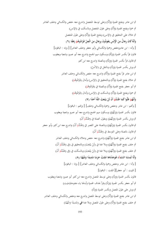 ‫ٍب ابن عامر وبفتح اؽبمزة (وأَنَّا) وعلى توسط اؼبنفصل و ج معو حفص والكسائي وخلف العاشر‬
‫اندر‬
‫َ‬
‫ٍب ضبزة وبفتح اؽبمزة (وأَنَّا) وعلى طوؿ اؼبنفصل وبالسكت ُب (اإلنس)‬
‫َ‬

‫ٍب خالد على التحقيق ُب (اإلنس) وبفتح اؽبمزة (وأَنَّا) وعلى طوؿ اؼبنفصل‬
‫َ‬
‫وأَنَّهُ كاف رجاؿ من اَنْس يَػعوذُوف بِرجاؿ من الْجن فَػزادوهم رهقا (ٙ)‬
‫َ َ َ ِ َ ٌ ِ َ ِْ ِ ُ َ ِ َ ٍ ِ َ ِ ّْ َ ُ ُ ْ َ َ ً‬
‫[ وأنو : ابن عامروحفص وضبزة والكسائي وأبو جعفر وخلف العاشر] [ وإنو : الباقوف]‬
‫قالوف قرأ بكسر اؽبمزة (وإنَّوُ) وبسكوف ميم اعبمع و ج معو أبو عمرو وشعبة ويعقوب‬
‫اندر‬
‫َ‬

‫ٍب قالوف قرأ بكسر اؽبمزة (وإنَّوُ) وبالصلة و ج معو ابن كثًن‬
‫اندر‬
‫َ‬
‫ِ‬
‫ٍب ورش بكسر اؽبمزة (وإنَّا) وبالنقل ُب (اَلنْس)‬
‫َ‬
‫ُ‬
‫ٍب ابن عامر قرأ بفتح اؽبمزة (وأَنَّوُ) و ج معو حفص والكسائي وخلف العاشر‬
‫َ اندر‬
‫ٍب خالد بفتح اؽبمزة (وأَنَّا) وبالتحقيق ُب (اإلنس) وأماؿ (فَػزادوىم)‬
‫َُ ُْ‬
‫َ‬
‫ٍب أبو جعفر بفتح اؽبمزة (وأَنَّا) وبالصلة ُب (فَػزادوىم)‬
‫َُ ُْ‬
‫َ‬

‫ٍب ضبزة وبفتح اؽبمزة (وأَنَّا) وبالسكت ُب (اإلنس) وأماؿ (فَػزادوىم)‬
‫َُ ُْ‬
‫َ‬

‫وأَنَّهم ظَنُّوا كما ظَنَػ ْنتُم أَف لَن يَػ ْبػعث اللَّهُ أَحدا (ٚ)‬
‫ْ ْ ْ ََ‬
‫ًَ‬
‫َ ػُ ْ‬
‫ََ‬

‫[ وأهنم : ابن عامر وحفص وضبزة والكسائي وخلف] [ وإهنم : الباقوف]‬

‫قالوف بكسر اؽبمزة (وإنػَّهم) وبسكوف ميم اعبمع و ج معو أبو عمرو وشعبة ويعقوب‬
‫اندر‬
‫َ ُْ‬
‫ٍب ورش بكسر اؽبمزة (وإنػَّهم) وبطوؿ الصلة ُب (ظَنَػْنتُم أَف)‬
‫ْ ْ‬
‫َ ُْ‬

‫ٍب قالوف بكسر اؽبمزة (وإنػَّهم) وبالصلة على القصر ُب (ظَنَػْنتُم أَف) و ج معو ابن كثًن وأبو جعفر‬
‫ْ ْ اندر‬
‫َ ُْ‬

‫ٍب قالوف بالصلة وعلى التوسط ُب (ظَنَػْنتُم أَف)‬
‫ْ ْ‬

‫ٍب ابن عامر بفتح اؽبمزة (وأَنػَّهم) و ج معو حفص وخالد والكسائي وخلف العاشر‬
‫َ ُ ْ اندر‬

‫ٍب خلف بفتح اؽبمزة (وأَنػَّهم) وبال غنة ُب (لَن يػَْبػعث) وبالتحقيق ُب (ُب (ظَنَػْنتُم أَف)‬
‫ْ ْ‬
‫ْ ََ‬
‫َ ُْ‬

‫ٍب خلف بفتح اؽبمزة (وأَنػَّهم) وبال غنة ُب (لَن يػَْبػعث) وبالسكت ُب (ُب (ظَنَػْنتُم أَف)‬
‫ْ ْ‬
‫ْ ََ‬
‫َ ُْ‬
‫ِ‬
‫وأَنَّا لَمسنَا السمآء فَػوجدنَاها ملِئَت حرسا شديدا وشهبًا (ٛ)‬
‫َ َ ْ َّ َ َ َ َ ْ َ ُ ْ َ َ ً َ ً َ ُ ُ‬
‫[ وأنا : ابن عامر وحفص وضبزة والكسائي وخلف العاشر] [ وإنا : الباقوف]‬
‫[ ملِيت : أبو جعفر][ ملِئت : الباقوف]‬
‫ُ‬
‫ُ‬
‫قالوف بكسر اؽبمزة (وإنَّا) وعلى توسط اؼبتصل و ج معو ابن كثًن أبو عمرو وشعبة ويعقوب‬
‫اندر‬
‫َ‬
‫ٍب أبو جعفر بكسر اؽبمزة (وإنَّا) وقرأ حبذؼ اؽبمزة وأبدؽبا ياء مفتوحة(مليت)‬
‫َ‬

‫ٍب ورش على طوؿ اؼبتصل وبكسر اؽبمزة (وإنَّا)‬
‫َ‬

‫ٍب ابن عامر بفتح اؽبمزة (وأَنَّا) وعلى توسط اؼبتصل و ج معو وحفص والكسائي وخلف العاشر‬
‫اندر‬
‫َ‬
‫ِ‬
‫ٍب خلف بفتح اؽبمزة (وأَنَّا) وعلى طوؿ اؼبتصل وبال غنة في (شديدا وشهبًا)‬
‫َ ً َ ُُ‬
‫َ‬
‫391‬

 