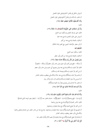 ‫ٍب ورش بالنقل ُب (فَمن اَسلَم) وعلى طوؿ اؼبتصل‬
‫ََ ْ َ‬

‫ٍب خلف بالسكت ُب (فَمن أَسلَم) وعلى طوؿ اؼبتصل‬
‫َْ ْ َ‬
‫وأَما الْقاسيُوف فَكانُوا لِجهنَّم حيَبًا (٘ٔ)‬
‫َ َّ َ ِ َ َ‬
‫ََ َ َ‬
‫قالوف‬
‫وأَف لَو استَػقاموا علَى اليَّريقة َِسق ْيػنَاهم مآء غَدقًا (ٙٔ)‬
‫ِ َِ َ َْ ُ ْ َ ً َ‬
‫َ ْ ِ ْ َُ َ‬
‫قالوف على توسط اؼبتصل وبسكوف ميم اعبمع‬
‫ٍب ورش على طوؿ اؼبتصل و ج معو ضبزة‬
‫اندر‬
‫ٍب قالوف بالصلة و ج معو ابن كثًن‬
‫اندر‬
‫ٍب أبو جعفر باإلخفاء التنوين مع الغٌن (ماءً غدقًا)‬
‫َ ََ‬
‫ِ‬
‫لِنَػفتِنَػهم فِيه‬
‫ْ ُْ‬
‫قالوف بسكوف ميم اعبمع‬
‫ٍب قالوف بالصلة و ج معو ابن كثًن وأبو جعفر‬
‫اندر‬
‫ومن يُػعرض عن ذكر ربّْه يَسلُكهُ عذابًا صعدا (ٚٔ)‬
‫ََ ْ ْ ِ ْ َ ْ ِ ْ ِ َ ِ ْ ْ َ َ ََ ً‬
‫[ نسلكو : نافع وابن كثًن وأبو عمرو وابن عامر وأبو جعفر] [ يسلكو : الباقوف]‬
‫قالوف قرأ بالنوف (نسلكو) و ج معو ورش ودوري أيب عمرو وابن عامر وأبو جعفر‬
‫اندر‬
‫ٍب ابن كثًن قرأ بالنوف (نسلكو) وبصلة اؽباء (نسلكو)‬
‫ٍب عاصم قرأ بالياء (يَسلُ ْوُ) و ج معو خالد والكسائي ويعقوب وخلف العاشر‬
‫ْ ك اندر‬
‫ٍب السوسي قرأ بنوف العظمة (نسلكو) وأدغم الراء بالراء (ذكر ربو)‬

‫ٍب خلف بال غنة ُب (من يعرض) وقرأ بياء الغيبة (يَسلُ ْوُ)‬
‫ْك‬
‫وأَف الْمساجد لِلَّه فًَل تَد ُوا مع اللَّه أَحدا (ٛٔ)‬
‫َ َّ َ َ ِ َ ِ َ ْ ع َ َ ِ َ ً‬
‫قالوف‬

‫وأَنَّهُ لَما قَاـ ع ْبد اللَّه يَد ُو ُ كادوا يَكونُوف علَْيه لِبَدا (ٜٔ)‬
‫َ َّ َ َ ُ ِ ْ ع َ ُ ُ َ َ ِ ً‬

‫[ وإنو ؼبا : نافع وشعبة] [ وأَنو ؼبا : الباقوف][لُبَدا : ىشاـ خبلف عنو ] [ لِبَدا : الباقوف وىو الوجو الثاين ؽبشاـ]‬
‫ّ‬
‫ّ‬
‫قالوف بكسر اؽبمزة قرأ (وإنَّوُ) و ج معو ورش وشعبة‬
‫َ اندر‬
‫ٍب ابن كثًن قرأ بفتح اؽبمزة (وأَنَّوُ) مع صلة (عليو) و (يدعوه)‬
‫َ‬

‫ٍب البصري قرأ بفتح اؽبمزة (وأَنَّوُ) بدوف صلة (عليو) و (يدعوه) و ج معو ابن عامر خبلػف عػن ىشػاـ وحفػص وضبػزة‬
‫اندر‬
‫َ‬
‫والكسائي وأبو جعفر ويعقوب وخلف العاشر‬

‫ٍب ىشاـ قرأ بفتح اؽبمزة (وأَنَّوُ) مع صلة (عليو) قرأ بضم الالـ (لُبَدا) خبلف عنو‬
‫ً‬
‫َ‬
‫قُل إِنَّمآ أَدعو ربّْي وّل أُشرؾ بِه~ أَحدا (ٕٓ)‬
‫ْ َ ْ ُ َ ََ ْ ِ ُ ِ َ ً‬
‫691‬

 
