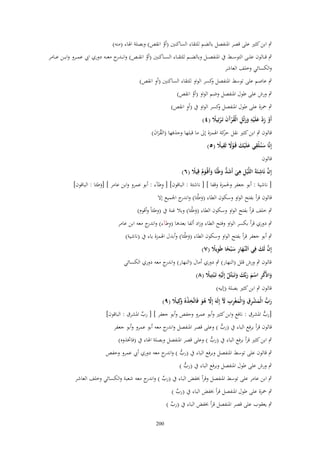 ‫ٍب ابن كثًن على قصر اؼبنفصل بالضم للتقاء الساكنٌن (أو انقص) وبصلة اؽباء (منو)‬
‫ُ‬

‫ٍب ق ػػالوف عل ػػى التوس ػػط ُب اؼبنفص ػػل وبالض ػػم للتق ػػاء الس ػػاكنٌن (أو انق ػػص) وان ػ ج مع ػػو دوري ايب عم ػػرو واب ػػن ع ػػامر‬
‫ػدر‬
‫ُ‬
‫والكسائي وخلف العاشر‬
‫ِ‬
‫ٍب عاصم على توسط اؼبنفصل كسر الواو للتقاء الساكنٌن (أو انقص)‬
‫و‬
‫ٍب ورش على طوؿ اؼبنفصل وضم الواو (أو انقص)‬
‫ُ‬

‫ِ‬
‫ٍب ضبزة على طوؿ اؼبنفصل كسر الواو ُب (أو انقص)‬
‫و‬
‫أَو زد علَْيه ورتّْل الْقرآف تَػرتِيًل (ٗ)‬
‫ْ ِْ َ ِ ََ ِ ُْ َ َ ْ ً‬
‫قالوف ٍب ابن كثًن نقل كة اؽبمزة إىل ما قبلها وحذفها (القراف)‬
‫حر‬
‫َُ َ‬
‫إِنَّا سنُػلْقي علَْيك قَػوَل ثَقيًل (٘)‬
‫َ ِ َ َ ًْ ِ ً‬
‫قالوف‬
‫َّ ِ‬
‫إِف نَاشئَةَ اللَّْيل هي أَشد وطْئًا وأَقْوـ قِيًل (ٙ)‬
‫ِ ِ َ َ ُّ َ َ ػ َ ُ ً‬
‫ِ‬
‫[ ناشية : أبو جعفر وغبمزة وقفا ] [ ناشئة : الباقوف] [ وطآء : أبو عمرو وابن عامر ] [وطئا : الباقوف]‬
‫َ‬
‫قالوف قرأ بفتح الواو وسكوف الطاء (وطْئا) و ج اعبميع إَل‬
‫اندر‬
‫َ‬

‫ٍب خلف قرأ بفتح الواو وسكوف الطاء (وطْئا) وبال غنة ُب (وطئاً وأقوـ)‬
‫َ‬

‫ِ‬
‫ٍب دوري قرأ بكسر الواو وفتح الطاء وزاد ألفا بعدىا (وطآء) و ج معو ابن عامر‬
‫اندر‬

‫ٍب أبو جعفر قرأ بفتح الواو وسكوف الطاء (وطْئا) وأبدؿ اؽبمزة ياء ُب (ناشية)‬
‫َ‬
‫إِف لَك فِي اَلنَّهار س ْبحا طَويًل (ٚ)‬
‫ػَ ِ َ ً ِ ً‬
‫َّ َ‬
‫قالوف ٍب ورش قلل (النهار) ٍب دوري أماؿ (النهار) و ج معو دوري الكسائي‬
‫اندر‬
‫واذْكر اسم ربّْك وتَػبَتَّل إِلَيه تَػ ْبتِيًل (ٛ)‬
‫َ ُ ِ ْ َ َ َ َ ْ ِْ ً‬
‫قالوف ٍب ابن كثًن بصلة (إليو)‬
‫رب الْمشرؽ والْمغْرب ّل إِلَهَ إَِل هو فَاتَّخذ ُ َكِيًل (ٜ)‬
‫َّ ُ َ ِ ْ و ً‬
‫َ ُّ َ ْ ِ ِ َ َ ِ ِ َ‬
‫[رب اؼبشرؽ : نافع وابن كثًن وأبو عمرو وحفص وأبو جعفر ] [ رب اؼبشرؽ : الباقوف]‬
‫ُّ‬
‫ّْ‬
‫قالوف قرأ برفع الباء ُب (رب ) وعلى قصر اؼبنفصل و ج معو أبو عمرو وأبو جعفر‬
‫اندر‬
‫ُّ‬
‫ٍب ابن كثًن قرأ برفع الباء ُب (رب ) وعلى قصر اؼبنفصل وبصلة اؽباء ُب (فازبذوه)‬
‫ُّ‬
‫ٍب قالوف على توسط اؼبنفصل وبرفع الباء ُب (رب ) و ج معو دوري أيب عمرو وحفص‬
‫ُّ اندر‬
‫ٍب ورش على طوؿ اؼبنفصل وبرفع الباء ُب (رب )‬
‫ُّ‬
‫ٍب ابن عامر على توسط اؼبنفصل وقرأ خبفض الباء ُب (رب ) و ج معو شعبة والكسائي وخلف العاشر‬
‫ّْ اندر‬
‫ٍب ضبزة على طوؿ اؼبنفصل قرأ خبفض الباء ُب (رب )‬
‫ّْ‬
‫ٍب يعقوب على قصر اؼبنفصل قرأ خبفض الباء ُب (رب )‬
‫ّْ‬
‫002‬

 