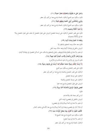 ‫واصبِر علَى ما يَػقولُوف واهجرهم هجرا جميًل (ٓٔ)‬
‫َ ْ ْ َ َ ُ َ َ ْ ُُْ ْ َ ًْ َ ِ ً‬

‫قالوف بسكوف ميم اعبمع ٍب قالوف بالصلة و ج معو ابن كثًن وأبو جعفر‬
‫اندر‬
‫وذَرنِي والْمكذبِين أُولِي النَّعمة ومهلْهم قَلِيًل (ٔٔ)‬
‫ػ ْ َ ِ َ َ ّْ ُ ْ ً‬
‫َ ْ َ ُ َ ّْ َ‬
‫قالوف بسكوف ميم اعبمع ٍب قالوف بالصلة و ج معو ابن كثًن وأبو جعفر‬
‫اندر‬
‫ِ‬
‫إِف لَديْػنَآ أَنْكاَل وجحيما (ٕٔ)‬
‫َّ َ‬
‫َ ً ََ ً‬
‫قالوف على قصر اؼبنفصل ٍب قالوف على توسط اؼبنفصػل ٍب ورش علػى طػوؿ اؼبنفصػل ٍب خلػف علػى طػوؿ اؼبنفصػل وبػال‬
‫ِ‬
‫غنة ُب (أَنْكاَل وجحيما)‬
‫ًَ ََ ً‬
‫وطَعاما ذَا غُصة وعذابًا أَلِيما (ٖٔ)‬
‫َّ ٍ َ َ َ‬
‫َ ًَ‬
‫ً‬
‫قالوف معو خالد بوجو التحقيق والباقوف إَل‬
‫ٍب ورش بالنقل ُب (وعذابًا أَلِيما) ومعو خالد بوجو النقل‬
‫َ ََ‬
‫ً‬
‫ٍب خلف بال غنة ُب ( ُصة وعذابًا) ووقف بالنقل والتحقيق والسكت على الساكن اؼبفصوؿ ُب (وعذابًا أَلِيما)‬
‫َ ََ‬
‫غ َّ ٍ َ َ َ‬
‫ً‬
‫يَػوـ تَػرجف اَِرض والْجبَاؿ َكانَت الْجبَاؿ كثِيبًا مهيًل (ٗٔ)‬
‫ْ َ ْ ُ ُ ْ ْ ُ َ ِ ُ وَ ِ ِ ُ َ َ ِ ً‬
‫قالوف ٍب ورش ُب (اَلَرض) ٍب ضبزة بالسكت ُب (اْلرض)‬
‫ِ‬
‫إِنَّآ أَرسلْنَآ إِلَيكم رسوَل شاهدا علَْيكم كمآ أَرسلْنَا إِلَى فِرعوف رسوَل (٘ٔ)‬
‫ْ َْ َ َ ُ ً‬
‫َْ ُْ ْ َُ ً َ ً َ ُ ْ ََ َْ‬
‫قالوف على قصر اؼبنفصل وبسكوف ميم اعبمع‬
‫ٍب قالوف على قصر اؼبنفصل وبالصلة و ج معو ابن كثًن وأبو جعفر‬
‫اندر‬
‫ٍب قالوف على توسط اؼبنفصل‬
‫ٍب قالوف على توسط اؼبنفصل وبالصلة‬
‫ٍب ورش على طوؿ اؼبنفصل و ج معو ضبزة‬
‫اندر‬
‫فَػعصى فِرعوف الرسوؿ فَأَخذنَا ُ أَخذا وبِيًل (ٙٔ)‬
‫َ َ ْ َ ْ ُ َّ ُ َ َ ْ ْ ً َ ً‬
‫قالوف‬
‫ٍب ابن كثًن بصلة اؽباء (فأخذناه)‬
‫ٍب ورش بالتقليل ُب (فعصى) الوجو الثاين‬
‫ٍب خلف بال غنة ُب (أخذاً وبيال) وأماؿ ُب (فعصى)‬
‫ٍب خالد أماؿ ُب (فعصى) وبغنة ُب (أخذاً وبيال) و ج معو الكسائي وخلف العاشر‬
‫اندر‬
‫َِ َ ِ‬
‫فَك ْيف تَػتَّػقوف إِف كفرتُم يَػوما يَجعل الْولْداف شيبًا (ٚٔ)‬
‫َ َ ُ َ ْ ََْ ْ ْ ً ْ َ ُ‬
‫قالوف بسكوف ميم اعبمع و ج معو اعبميع إَل‬
‫اندر‬
‫ٍب خلف بال غنة ُب (يوماً هبعل)‬
‫ٍب قالوف بالصلة و ج معو ابن كثًن وأبو جعفر‬
‫اندر‬
‫102‬

 