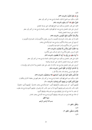 ‫قالوف‬

‫بَل هم قَػوـ طَاغُوف (الذريات:ٖ٘)‬
‫َ‬
‫ْ ُ ْ ٌْ‬

‫قالوف بسكوف ميم اعبمع ٍب قالوف بالصلة و ج معو ابن كثًن وأبو جعفر‬
‫اندر‬
‫ٍ‬
‫َّ‬
‫فَػتَػوؿ ع ْنػهم فَمآ أَنْت بِملُوـ (الذريات:ٗ٘)‬
‫َ َ ُْ َ َ َ‬
‫قالوف على قصر اؼبنفصل وبسكوف ميم اعبمع ثم قالوف على توسط اؼبنفصل‬

‫ٍب ورش على طوؿ اؼبنفصل و ج معو ضبزة ثم قالوف بالقصر والصلة و ج معو ابن كثًن وأبو جعفر‬
‫اندر‬
‫اندر‬

‫ٍب قالوف على توسط اؼبنفصل والصلة‬
‫ِ‬
‫وذَكر فَِإف الذكرى تَػ ْنػفع الْمؤمنِين (الذريات:٘٘)‬
‫َ ّْ ْ َّ ّْ ْ َ َ ُ ُ ْ َ‬
‫ِ‬
‫ِ‬
‫ّْ‬
‫قالوف ٍب أبو جعفر وأبدؿ اؽبمزة واوا (الْمومنٌِن ) ٍب ورش بتقليل (الذكرى) وأبدؿ اؽبمزة واوا (الْمومنٌِن )‬
‫ُ َ‬
‫ُ َ‬
‫َْ‬
‫ّْ‬
‫ٍب دوري أيب عمرو بإمالة (الذكرى ) و ج معو ضبزة والكسائي وخلف‬
‫اندر‬
‫َْ‬
‫ِ‬
‫ّْ‬
‫ٍب السوسي أماؿ (الذكرى) وأبدؿ اؽبمزة واوا (الْمومنٌِن )‬
‫ُ َ‬
‫َْ‬
‫َ ْ ُ ِ َّ ِْ َّ ْ ُ ِ‬
‫وما خلَقت الْجن واِنْس إَِل لِيَػعبُدوف (الذريات:ٙ٘)‬
‫ََ‬
‫َ َ‬
‫ِ‬
‫ِ‬
‫قالوف ٍب ورش بالنقل َ(اْلنْس) ٍب ضبزة بالسكت على َ(اْلنْس)‬
‫ْ َ‬
‫ْ َ‬
‫ُِ ْ ِ ِ‬
‫ِ ِ ٍ‬
‫مآ أُريد م ْنػهم من رزؽ ومآ أُريد أَف يُيْعموف (الذريات:ٚ٘)‬
‫َ ِ ُ ُ ْ ْ ِْ َ َ‬
‫ُ‬
‫قالوف على قصر اؼبنفصل وبسكوف ميم اعبمع ٍب قالوف بالصلة و ج معو ابن كثًن وأبو جعفر‬
‫اندر‬
‫ٍب قالوف على توسط اؼبنفصل ٍب قالوف على التوسط وبالصلة‬
‫ٍ‬
‫ٍب ورش على طوؿ اؼبنفصل (و ج معو خالد) ٍب خلف على طوؿ اؼبنفصل وبال غنة ُب الواو (رزؽ وما )‬
‫اندر‬
‫ِْ َ َ‬
‫َّ‬
‫إِف اللَّهَ هو الرزاؽ ذُو الْقوةِ الْمتِين (الذريات:ٛ٘)‬
‫ُ َ َّ َّ ُ‬
‫ُ َّ َ ُ‬

‫قالوف ثم السوسي بإدغاـ اؽباء باؽباء (اللَّوَ ىو )‬
‫َُ‬
‫ِ‬
‫َّ ِ‬
‫ِْ ِ‬
‫فَِإف لِلَّذين ظَلَموا ذَنُوباً مثْل ذَنُوب أَصحابِهم فًَل يَستَػعجلُوف (الذريات:ٜ٘)‬
‫َ ِ ْ َ ِْ‬
‫ْ‬
‫َ ُ‬
‫قالوف بسكوف ميم اعبمع ثم قالوف بالصلة و ج معو ابن كثًن وأبو جعفر ثم ورش بتغليظ الالـ ُب (ظَلَموا )‬
‫اندر‬
‫ُ‬
‫ِ ََ ِ ِ ِ ِ‬
‫فَػويْل لِلَّذين كفروا من يَػومهم الَّذي يُوعدوف (الذريات:ٓٙ)‬
‫َُ َ‬
‫َ ٌ َ ُ ْ ْ ُ‬
‫ِِ ِ‬
‫ِ‬
‫ِِِ ِ‬
‫ِ‬
‫[يػَومهم الَّذي : أبو عمرو ويعقوب ] [يػَومهم الَّذي : ضبزة والكسائي وخلف العاشر] [يػَومهم الَّذي: الباقوف]‬
‫ْ‬
‫ْ ُ‬
‫ْ ُُ‬
‫قالوف بكسر اؽباء وضم اؼبيم (يػومهم الَّذي) ٍب أبو عمرو بكسر اؽباء واؼبيم ُب (يػومهم الَّ ِ‬
‫ِِ ِ‬
‫َْ ِ ِ ِ‬
‫ذي) و ج معو يعقوب‬
‫اندر‬
‫َْ ُ‬
‫ٍب خلف بال غنة مع الياء (من يػومهم) ومع ضم اؼبيم واؽباء (يػومهم الَّ ِ‬
‫ِ‬
‫ِ ِ‬
‫َ ْ ُ ُ ذي)‬
‫ْ َْ ُ ُ‬
‫ٍب خالد مع الغنة ومع ضم اؼبيم واؽباء (يػَومهم الَّذي) و ج معو الكسائي وخلف العاشر.‬
‫ْ ِ ُ ُ ِ اندر‬
‫سورة اليور‬

‫َ ِ‬
‫واليُّور (اليور:ٔ)‬
‫قالوف‬
‫و ٍ َْ ٍ‬
‫َكِتَاب مسيُور (اليور:ٕ)‬

‫بسم اهلل الرحمن الرحيم‬

‫قالوف‬

‫12‬

 