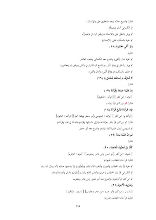 ‫قالوف و ج خالد بوجو التحقيق على (اإلنساف)‬
‫اندر‬
‫ٍب الكسائي أماؿ (بَصًنٌ)‬
‫ِ َة‬
‫ِ‬
‫ٍب ورش بالنقل على (اَلنساف) وترقيق الراء ُب (بَصًنٌ)‬
‫ِ َة‬

‫ٍب ضبزة بالسكت على (اإلنساف)‬
‫ِ‬
‫ولَو أَلْقى معاذيرُ (٘ٔ)‬
‫َ ْ َ ََ َ‬
‫قالوف‬

‫ٍب ضبزة أماؿ (ألقى) و ج معو الكسائي وخلف العاشر‬
‫اندر‬
‫ٍب ورش بالنقل ُب (ولو اَلْقى) وبالفتح ٍب التقليل ُب (ألقى) ورقق راء (معاذيره)‬
‫َ َ‬

‫ٍب خلف بالسكت ُب (ولَو أَلْقى) وأماؿ (ألقى)‬
‫َْ َ‬
‫ِ‬
‫َ ّْ ْ ِ‬
‫َل تُحرؾ بِه لِسانَك لِتَػعجل بِه (ٙٔ)‬
‫َ‬
‫َ َ ََْ‬
‫قالوف‬
‫إِف علَْيػنَا جمعهُ وقُػرآنَهُ (ٚٔ)‬
‫َّ َ َ ْ َ َ ْ َ‬

‫[ قرانو : ابن كثًن ] [ قرآنو : الباقوف]‬

‫قالوف ثم ابن كثًن قرأ (قرانو)‬
‫فَِإذا قَػرأْنَا ُ فَاتَّبِع قُػرآنَهُ (ٛٔ)‬
‫ْ َْ‬
‫َ َ‬

‫[ قرأناه و: ابن كثًن ] [قراناه : السوسي وأبو جعفر ووقفا ضبزة ][ قرأناه : الباقوف]‬
‫قالوف ٍب ابن كثًن قرأ بنقل كة اؽبمزة إىل ما قبلها (قرانو) والصلة ُب اؽباء (قرأناه)‬
‫حر‬
‫َ‬

‫ٍب السوسي أبدؿ اؽبمزة ألفا (قراناه) و ج معو أبو جعفر‬
‫اندر‬
‫ثُم إِف علَْيػنَا بَػيَانَهُ (ٜٔ)‬
‫َّ َّ َ‬

‫قالوف‬

‫ِ َ ِ‬
‫كًل بَل تُحبُّوف الْعاجلَةَ (ٕٓ)‬
‫َ‬
‫َ َّ ْ‬

‫[ وببوف : ابن كثًن وأبو عمرو وابن عامر ويعقوب] [ رببوف : الباقوف]‬

‫قالوف قرأ بتاء اػبطاب (رببوف)‬

‫ِ‬
‫ٍب ضبزة قرأ بتاء اػبطاب (رببوف) وأدغم الالـ بالتاء (بتُّحبُّوف) وَل يدغمها ىشاـ ْلنو يبدؿ التاء ياء‬
‫ِ‬
‫ِ‬
‫ٍب الكسائي قرأ بتاء اػبطاب (رببوف) وأدغم الالـ بالتاء (بتُّحبُّوف) وأماؿ (الْعاجلَةَ) وقفا‬
‫َ‬
‫ٍب ابن كثًن قرأ (وببوف) و ج معو أبو عمرو وابن عامر ويعقوب‬
‫اندر‬
‫ِ‬
‫وتَذروف اّلَخرةَ (ٕٔ)‬
‫َ َُ َ ْ َ‬
‫[ يذروف : ابن كثًن وأبو عمرو وابن عامر ويعقوب] [ تذروف : الباقوف]‬
‫قالوف قرأ بتاء اػبطاب (تذروف)‬
‫412‬

 