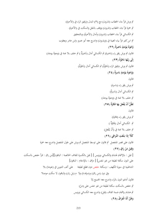 ‫ٍب ورش قرأ بتاء اػبطاب (تذروف) مع (ٖ) البدؿ وترقيق الراء ُب (اآلخرة)‬
‫ٍب ضبزة قرأ بتاء اػبطاب (تذروف) ووقف بالنقل والسكت ُب (اْلخرة)‬
‫ٍب الكسائي قرأ بتاء اػبطاب (تذروف) وأماؿ (اْلخرةَ) وبالتحقيق‬
‫ٍب ا بن كثًن قرأ بياء الغيبة ُب (ويذروف) و ج معو أبو عمرو وابن عامر ويعقوب‬
‫اندر‬
‫وجوٌ يَػومئِذ نَاضرٌ (ٕٕ)‬
‫ُ ُ ْ َ ٍ ِ َة‬
‫ٌ يومئذ)‬
‫قالوف ٍب ورش رقق راء (ناضرة) ٍب الكسائي أماؿ (نَاضرٌَ ) ٍب خلف بال غنة ُب (وجوه‬
‫ِ َة‬
‫إِلَى ربّْػها نَاظرٌ (ٖٕ)‬
‫َ َ ِ َة‬
‫قالوف ٍب ورش برتقيق الراء (نَاظرٌ) ٍب الكسائي أماؿ (نَاظرٌ)‬
‫ِ َة‬
‫ِ َة‬
‫ووجوٌ يَػومئِذ بَاسرٌ (ٕٗ)‬
‫َ ُ ُ ْ َ ٍ ِ َة‬
‫قالوف‬
‫ٍب ورش رقق راء (باسرة)‬
‫ٍب الكسائي أماؿ (بَاسرٌ)‬
‫ِ َة‬
‫ٌ يومئذ)‬
‫ٍب خلف بال غنة ُب (وجوه‬
‫تَظُن أَف يُػفعل بِها فَاقِرٌ (ٕ٘)‬
‫ُّ ْ ْ َ َ َ َة‬
‫قالوف‬
‫ٍب ورش رقق راء (فاقرة)‬
‫ٍب الكسائي أماؿ (فَاقِرٌَ )‬
‫َة‬
‫ٍب خلف بال غنة ُب (أَف يػُفعل)‬
‫ْ َْ َ‬
‫ِ‬
‫كآل إِذا بَػلَغَت التَّراقِي (ٕٙ)‬
‫َ َّ َ‬
‫ػَ َ‬
‫قالوف على قصر اؼبنفصل ٍب قالوف على توسط اؼبنفصل ٍب ورش على طوؿ اؼبنفصل و ج معو ضبزة‬
‫اندر‬
‫ٍ‬
‫وقِيل من راؽ (ٕٚ)‬
‫َ َ َْ َ‬
‫[ قيل : باإلمشاـ ؽبش اـ والكسائي ورويس ] [ قيل بالكسرة للقاؼ اػبالصة : الباقوف][من راؽ : قػرأ حفػص بالسػكت‬
‫على النوف سكتة لطيفة من غًن تنفس] [ مراؽ : باإلدغاـ : الباقوف]‬
‫ّ‬
‫الشاطبية ُب سورة الكهف : وسكتة حفص دوف قطع لطيفة‬

‫على ألف التنوين ُب (عوجا) بال‬

‫وُب نوف (من راؽ) و(مرقدنا) وَل ـ (بل راف) والباقوف َل سكت موصال‬
‫قالوف أدغم النوف بالراء و ج معو اعبميع إَل‬
‫اندر‬
‫ٍب حفص بالسكت سكتة لطيفة من غًن تنفس على (من)‬
‫ْ‬

‫ٍب ىشاـ بإمشاـ ضمة القاؼ (قيل) و ج معو الكسائي ورويس‬
‫اندر‬
‫وظَن أَنَّهُ الْفراؽ (ٕٛ)‬
‫َِ ُ‬
‫َ َّ‬
‫512‬

 