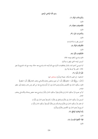 ‫ِ‬
‫والْمرسًلت عرفًا (ٔ)‬
‫َ ُ ْ َ َ ُْ‬

‫ْ ِ ِ َّ ْ َ ِ َّ ِ ِ‬
‫بِسم اللَّه الرحمن الرحيم‬

‫قالوف‬

‫فَالْعاصفات عصفا (ٕ)‬
‫َ َِ ِ َ ًْ‬

‫قالوف‬
‫ِ ِ‬
‫والنَّاشرات نَشرا (ٖ)‬
‫ًْ‬
‫َ َ‬
‫قالوف‬

‫ٍب ورش رقق راء (الناشرات)‬
‫َِ ِ‬
‫فَالْفارقَات فَػرقًا (ٗ)‬
‫ْ‬
‫قالوف‬
‫ِ ِ ِ‬
‫فَالْملْقيَات ذكرا (٘)‬
‫ُ‬
‫ًْ‬
‫قالوف و ج الباقوف ووجو ػبالد‬
‫اندر‬
‫ٍب ورش الوجو الثاين ترقيق راء (ذكرا)‬
‫ٍب السوسػػي أدغػػم التػػاء بالػػذاؿ (فاؼبلقيػػات ذكػرا) مػػع (ٖ) أوجػػو اؼبػػد وانػ ج معػػو خػػالد بوجػػو مػػع اؼبػػد اؼبشػػبع وَل هبػػوز‬
‫ػدر‬
‫ػبالد : قصر وَل توسط وَل روـ‬
‫عذرا أَو نُذرا (ٙ)‬
‫ًُْ ْ ًْ‬

‫الشاطبية : ُب الضم اَلسكاف حصال و(نذرا) صحأّم ضبوه‬
‫ْ‬

‫[ عذرا : روح][ عذرا : الباقوف][أو نُذرا: أبو عمرو وحفص وضبزة والكسائي وخلف العاشر][أو نُذرا: الباقوف]‬
‫ْ‬
‫ُْ‬
‫ُ‬
‫ُُ‬

‫قالوف بسكوف الذاؿ ُب الكلمتٌن (عذرا) وضم الذاؿ ُب ( أو نُذرا) و ج معو ابن كثًن وابػن عػامر وشػعبة وأبػو جعفػر‬
‫ُ اندر‬
‫ْ‬
‫ورويس‬
‫ٍب أبػػو عمػػرو ق ػرأ بسػػكوف الػػذاؿ ُب (ع ػذرا) وقػرأ بسػػكوف الػػذاؿ (نُػذرا ) وانػ ج معػػو حفػػص وخػػالد والكسػػائي وخلػػف‬
‫ػدر‬
‫ُْ‬
‫ًْ‬
‫العاشر‬
‫ٍب ورش قرأ بسكوف الذاؿ ُب (عذرا) وبالنقل ُب (عذرا ف اَو) وقرأ بضم الذاؿ ُب (نُذرا )‬
‫ُْ‬
‫َُْ َ ْ‬
‫ًُ‬

‫ٍب خلف قرأ بسكوف الذاؿ ُب (عذرا) وبالسكت ُب (عذرا أَو) وقرأ بسكوف الذاؿ (نُذرا )‬
‫ُْ‬
‫ًُْ ْ‬
‫ًْ‬

‫ٍب روح قرأ بضم الذاؿ ُب الكلمتٌن (عذرا) و(نُذرا)‬
‫ُ‬
‫ًُُ‬
‫إِنَّما تُوعدوف لَواقِع (ٚ)‬
‫َ َُ َ َ ٌ‬
‫قالوف‬
‫فَِإذا النُّجوـ طُمست (ٛ)‬
‫َ ُ ُ َِ ْ‬

‫قالوف‬

‫622‬

 