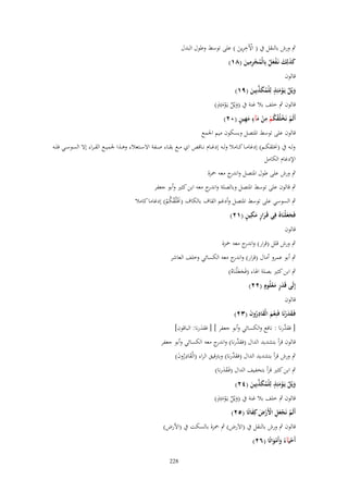 ‫ِ‬
‫ٍب ورش بالنقل ُب ( اآلَخرين ) على توسط وطوؿ البدؿ‬
‫ْ َِ‬
‫ِ‬
‫كذلِك نَػفعل بِالْمجرمين (ٛٔ)‬
‫ََ َ َْ ُ ُ ِْ َ‬
‫قالوف‬
‫ٍ‬
‫ويْل يَػومئِذ لِلْمكذبِين (ٜٔ)‬
‫َ ٌ ْ َ ُ َ ّْ َ‬
‫ٍ‬
‫قالوف ٍب خلف بال غنة ُب (ويْل يػَومئِذ)‬
‫َ ٌ َْ‬
‫ْ ْ ْ ُ ْ ِ ْ َ ٍ َِ ٍ‬
‫أَلَم نَخلُقكم من مآء مهين (ٕٓ)‬
‫قالوف على توسط اؼبتصل وبسكوف ميم اعبمع‬
‫ولػػو ُب (لبلقكػػم) إدغامػػا كػػامال ولػػو إدغػػاـ نػػاقص اي مػػع بقػػاء صػػفة اَلسػػتعالء وىػػذا عبميػػع الق ػراء إَل السوسػػي فلػػو‬
‫اإلدغاـ الكامل‬
‫ٍب ورش على طوؿ اؼبتصل و ج معو ضبزة‬
‫اندر‬
‫ٍب قالوف على توسط اؼبتصل وبالصلة و ج معو ابن كثًن وأبو جعفر‬
‫اندر‬
‫ٍب السوسي على توسط اؼبتصل وأدغم القاؼ بالكاؼ (لبْلُقكم) إدغاما كامال‬
‫َ ْ ُْ‬
‫ََ ِ َ ٍ َ ِ ٍ‬
‫فَجعلْنَا ُ في قَػرار مكين (ٕٔ)‬
‫قالوف‬
‫ٍب ورش قلل (قرار) و ج معو ضبزة‬
‫اندر‬
‫ٍب أبو عمرو أماؿ (قرار) و ج معو الكسائي وخلف العاشر‬
‫اندر‬
‫ٍب ابن كثًن بصلة اؽباء (فَجع ْلنَاهُ)‬
‫ََ‬
‫ٍ ٍ‬
‫إِلَى قَدر معلُوـ (ٕٕ)‬
‫َ َْ‬

‫قالوف‬

‫فَػقدرنَا فَنِعم الْقادروف (ٖٕ)‬
‫ََْ ْ َ َ ُِ َ‬

‫َّ‬
‫[ فقدرنا : نافع والكسائي وأبو جعفر ] [ فقدرنا: الباقوف]‬
‫َ‬

‫قالوف قرأ بتشديد الداؿ (فقدرنا) و ج معو الكسائي وأبو جعفر‬
‫َّ اندر‬
‫َّ‬
‫ٍب ورش قرأ بتشديد الداؿ (فقدرنا) وبرتقيق الراء (الْقادروف)‬
‫َ ُِ َ‬
‫ٍب ابن كثًن قرأ بتخفيف الداؿ (فَػقدرنا)‬
‫ََ‬
‫ٍ‬
‫ويْل يَػومئِذ لِلْمكذبِين (ٕٗ)‬
‫َ ٌ ْ َ ُ َ ّْ َ‬
‫ٍ‬
‫قالوف ٍب خلف بال غنة ُب (ويْل يػَومئِذ)‬
‫َ ٌ َْ‬
‫أَلَم نَجعل اَِرض كِفاتًا (ٕ٘)‬
‫ْ ْ َِ ْ ْ َ َ‬
‫قالوف ٍب ورش بالنقل ُب (اَلَرض) ٍب ضبزة بالسكت ُب (اْلرض)‬
‫أَحيَآء وأَمواتًا (ٕٙ)‬
‫ْ ً َ َْ‬
‫822‬

 