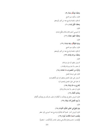 ‫وجعلْنَا نَػومكم سبَاتًا (ٜ)‬
‫َ ََ َْ ُ ْ ُ‬
‫قالوف بسكوف ميم اعبمع‬

‫ٍب قالوف بالصلة و ج معو ابن كثًن وأبوجعفر‬
‫اندر‬
‫وجعلْنَا اللَّْيل لِبَاسا (ٓٔ)‬
‫َ ََ‬
‫َ ً‬
‫قالوف‬
‫ٍب السوسي أدغم الالـ بالالـ (اللَّْيل لِبَاسا)‬
‫َ ً‬
‫وجعلْنَا النَّهار معاشا (ٔٔ)‬
‫َ َ َ ػَ َ ََ ً‬
‫قالوف‬

‫وبَػنَػ ْيػنَا فَػوقَكم س ْبػعا شدادا (ٕٔ)‬
‫ْ ُْ َ ً َِ ً‬
‫َ‬
‫قالوف بسكوف ميم اعبمع‬

‫ٍب قالوف بالصلة وان ج معو ابن كثًن وأبوجعفر‬
‫در‬
‫ِ‬
‫وجعلْنَا سراجا و َّاجا (ٖٔ)‬
‫َ َ َ َ ً َه ً‬
‫قالوف‬
‫ِ‬
‫ٍب ورش برتقيق الراء ُب (سراجا)‬
‫ًَ‬
‫ِ‬
‫ٍب خلف بال غنة (سراجا وىاجا )‬
‫َ ً َ َّ ً‬
‫ِ‬
‫ِ ِ‬
‫وأَنْػزلْنَا من الْمعصرات مآء ثَجاجا (ٗٔ)‬
‫َ َ َ ُ ْ َ َ ً َّ ً‬
‫قالوف على توسط اؼبتصل‬

‫ِ ِ‬
‫ٍب ورش على طوؿ اؼبتصل وبرتقيق الراء ُب (الْمعصرات)‬
‫ُْ َ‬

‫ٍب ضبزة على طوؿ اؼبتصل وتفخيم الراء‬
‫ِ‬
‫لِنُخ ِج بِه حبِّا ونَػبَاتًا (٘ٔ)‬
‫ْر َ َ َ‬
‫قالوف ٍب خلف بال غنة (حبِّا ونػَبَاتًا)‬
‫َ َ‬
‫وجنَّات أَلْفافًا (ٙٔ)‬
‫ََ ٍ َ‬
‫قالوف ٍب ورش بالنقل ُب (وجنَّات ف اَلْفافًا) ٍب خلف بالسكت ُب (وجنَّات أَلْفافًا)‬
‫ََ ٍ َ‬
‫ََ ِ َ َ‬
‫إِف يَػوـ الْفصل كاف ميقاتًا (ٚٔ)‬
‫َّ ْ َ َ ْ ِ َ َ ِ َ‬
‫قالوف‬
‫ُّ ِ‬
‫يَػوـ يُػ ْنػفخ فِي الصور فَػتَأْتُوف أَفْػواجا (ٛٔ)‬
‫َْ َ ُ‬
‫َ َ ً‬
‫قالوف ٍب ورش أبدؿ اؽبمزة ألفا (فَػتَاتُوف) و ج معو السوسي وأبو جعفر‬
‫َ اندر‬
‫ِ‬
‫وفُتِحت السمآءُ فَكانَت أَبْػوابًا (ٜٔ)‬
‫َ َ‬
‫َّ َ َ ْ َ‬
‫[وفُتِحت: عاصم وضبزة والكسائي وخلف العاشر ] [ فُػتّْحت : الباقوف]‬
‫َ‬
‫َ‬
‫332‬

 