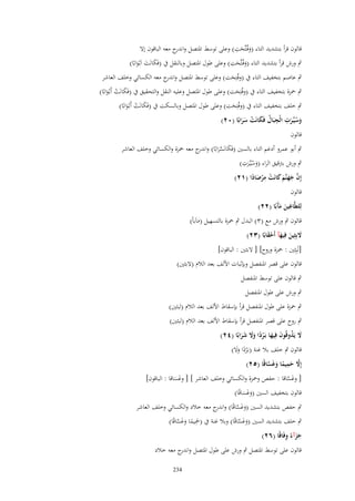 ‫ِ‬
‫قالوف قرأ بتشديد التاء (وفُػتّْحت) وعلى توسط اؼبتصل و ج معو الباقوف إَل‬
‫اندر‬
‫َ َ‬
‫ِ‬
‫ٍب ورش قرأ بتشديد التاء (وفُػتّْحت) وعلى طوؿ اؼبتصل وبالنقل ُب (فَكانَت اَبْػوابًا)‬
‫َ َ‬
‫َ َ َ‬
‫ٍب عاصم بتخفيف التاء ُب (وفُتِحت) وعلى توسط اؼبتصل و ج معو الكسائي وخلف العاشر‬
‫اندر‬
‫َ‬
‫ٍب ضبزة بتخفيف التاء ُب (وفُتِحت) وعلى طوؿ اؼبتصل وعليو النقل والتحقيق ُب (فَكانَت أَبْػوابًا)‬
‫َ‬
‫َ ْ َ‬
‫ٍب خلف بتخفيف التاء ُب (وفُتِحت) وعلى طوؿ اؼبتصل وبالسكت ُب (فَكانَت أَبْػوابًا)‬
‫َ‬
‫َ ْ َ‬
‫ِ ِ‬
‫وسيّْػرت الْجبَاؿ فَكانَت سرابًا (ٕٓ)‬
‫ُ َ ْ ََ‬
‫َُ َ‬
‫قالوف‬
‫ٍب أبو عمرو أدغم التاء بالسٌن (فَكانَسرابًا) و ج معو ضبزة والكسائي وخلف العاشر‬
‫َ َّ َ اندر‬
‫ِ‬
‫ٍب ورش برتقيق الراء (وسيّْػرت)‬
‫ََُ‬
‫ِ‬
‫إِف جهنَّم كانَت مرصادا (ٕٔ)‬
‫َّ َ َ َ َ ْ ْ َ ً‬

‫قالوف‬
‫لِليَّاغين م َبًا (ٕٕ)‬
‫ِ َ َآ‬
‫قالوف ٍب ورش مع (ٖ) البدؿ ٍب ضبزة بالتسهيل (ماَباً)‬
‫َ‬
‫َلبِثِين فِيهآ أَحقابًا (ٖٕ)‬
‫َ َ َ َْ‬
‫[لَبِثٌِن : ضبزة وروح] [ َلبثٌن : الباقوف]‬

‫قالوف على قصر اؼبنفصل وبإثبات اْللف بعد الالـ (َلبثٌن)‬
‫ٍب قالوف على توسط اؼبنفصل‬
‫ٍب ورش على طوؿ اؼبنفصل‬
‫ٍب ضبزة على طوؿ اؼبنفصل قرأ بإسقاط اْللف بعد الالـ (لبثٌن)‬
‫ٍب روح على قصر اؼبنفصل قرأ بإسقاط اْللف بعد الالـ (لبثٌن)‬
‫َل يَذوقُوف فِيها بَػردا وَل شرابًا (ٕٗ)‬
‫َ ُ َ َ ْ ً ََ َ َ‬
‫قالوف ٍب خلف بال غنة (بػَْردا وَل)‬
‫ً ََ‬
‫إَِل حميما وغَساقًا (ٕ٘)‬
‫َّ َ ِ ً َ َّ‬
‫[ وغساقا : حفص وضبزة والكسائي وخلف العاشر ] [ وغساقا : الباقوف]‬
‫َ َّ‬
‫ََ‬
‫قالوف بتخفيف السٌن (وغساقًا)‬
‫ََ َ‬

‫ٍب حفص بتشديد السٌن (وغساقًا) و ج معو خالد والكسائي وخلف العاشر‬
‫َ َ َّ اندر‬
‫ٍب خلف بتشديد السٌن (وغساقًا) وبال غنة ُب (ضبيما وغساقًا)‬
‫َِ ً َ َ َّ‬
‫َ َ َّ‬
‫ََ ً ِ‬
‫جزآء وفَاقًا (ٕٙ)‬
‫قالوف على توسط اؼبتصل ٍب ورش على طوؿ اؼبتصل و ج معو خالد‬
‫اندر‬
‫432‬

 