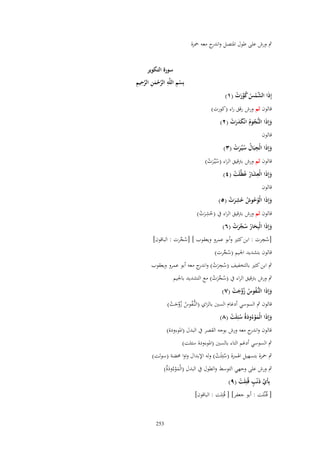 ‫ٍب ورش على طوؿ اؼبتصل و ج معو ضبزة‬
‫اندر‬

‫إِذَا الشمس كورت (ٔ)‬
‫َّ ْ ُ ُ ّْ َ ْ‬

‫سورة التكوير‬
‫ْ ِ ِ َّ ْ َ ِ َّ ِ ِ‬
‫بِسم اللَّه الرحمن الرحيم‬

‫قالوف ثم ورش رقق راء (كورت)‬
‫وإِذا النُّجوـ انْكدرت (ٕ)‬
‫َ َ ُ ُ َََ ْ‬
‫قالوف‬

‫وإِذا الْجبَاؿ سيّْػرت (ٖ)‬
‫ََ ِ ُ َُْ‬

‫قالوف ثم ورش برتقيق الراء (سيّْػرت)‬
‫َُْ‬
‫وإِذَا الْعشار ُيّْلَت (ٗ)‬
‫َ َُِع ْ‬
‫قالوف‬
‫وإِذَا الْوحوش حشرت (٘)‬
‫َ ُُ ُ ُ َِ ْ‬
‫ِ‬
‫قالوف ثم ورش برتقيق الراء ُب (حشرت)‬
‫ُ َْ‬

‫وإِذَا الْبِحار سجرت (ٙ)‬
‫َ ُ ُ ّْ َ ْ‬
‫َ‬
‫ِ‬
‫[سجرت : ابن كثًن وأبو عمرو ويعقوب ] [سجرت : الباقوف]‬
‫ُ ّْ‬
‫ُ‬
‫قالوف بتشديد اعبيم (سجرت)‬
‫ُ ّْ‬
‫ٍب ابن كثًن بالتخفيف (سجرت) و ج معو أبو عمرو ويعقوب‬
‫ُ ِ َ ْ اندر‬
‫ٍب ورش برتقيق الراء ُب (سجرت) مع التشديد باعبيم‬
‫ُ ّْ َ ْ‬
‫وإِذَا النُّػفوس زوجت (ٚ)‬
‫ُ ُ ُّْ َ ْ‬
‫َ‬

‫قالوف ٍب السوسي أدغاـ السٌن بالزاي (النُّػفوس زوجت)‬
‫ُ ُ ُ ّْ َ ْ‬
‫وإِذَا الْموءُودةُ سئِلَت (ٛ)‬
‫َْ َ ُ ْ‬
‫َ‬
‫قالوف و ج معو ورش بوجو القصر ُب البدؿ (اؼبوءودة)‬
‫اندر‬
‫ٍب السوسي أدغم التاء بالسٌن (اؼبوءودة سئلت)‬
‫ٍب ضبزة بتسهيل اؽبمزة (سئِلَت) ولو اإلبداؿ واوا ؿبضة (سولت)‬
‫ُ ْ‬
‫ٍب ورش على وجهي التوسط والطوؿ ُب البدؿ (الْموءُودةُ)‬
‫َْ َ‬
‫ّْ ٍ‬
‫بِأَي ذَنَْ قُتِلَت (ٜ)‬
‫ْ‬

‫[ قُػتّْلت : أبو جعفر] [ قُتِلت : الباقوف]‬

‫352‬

 