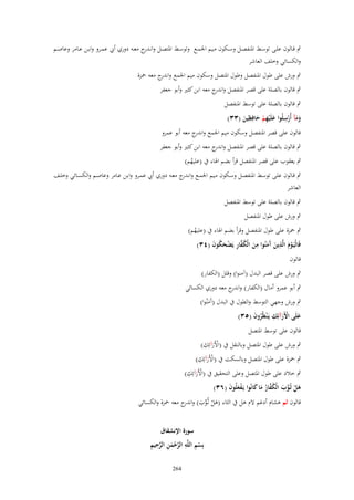 ‫ٍب قػػالوف علػػى توسػػط اؼبنفصػػل وسػػكوف مػػيم اعبمػػع وتوسػػط اؼبتصػػل وانػ ج معػػو دوري أيب عمػػرو وابػػن عػػامر وعاصػػم‬
‫ػدر‬
‫والكسائي وخلف العاشر‬
‫ٍب ورش على طوؿ اؼبنفصل وطوؿ اؼبتصل وسكوف ميم اعبمع و ج معو ضبزة‬
‫اندر‬
‫ٍب قالوف بالصلة على قصر اؼبنفصل و ج معو ابن كثًن وأبو جعفر‬
‫اندر‬
‫ٍب قالوف بالصلة على توسط اؼبنفصل‬
‫ِ‬
‫ِ‬
‫ومآ أُرسلُوا علَْيهم حافِظين (ٖٖ)‬
‫ََ ْ‬
‫َ ِْ َ َ‬
‫قالوف على قصر اؼبنفصل وسكوف ميم اعبمع و ج معو أبو عمرو‬
‫اندر‬
‫ٍب قالوف بالصلة على قصر اؼبنفصل و ج معو ابن كثًن وأبو جعفر‬
‫اندر‬
‫ٍب يعقوب على قصر اؼبنفصل قرأ بضم اؽباء ُب (عليهم)‬
‫ُ‬

‫ٍب قػالوف علػػى توسػػط اؼبنفصػػل وسػػكوف مػيم اعبمػػع وانػ ج معػػو دوري أيب عمػػرو وابػن عػػامر وعاصػػم والكسػػائي وخلػػف‬
‫ػدر‬
‫العاشر‬
‫ٍب قالوف بالصلة على توسط اؼبنفصل‬
‫ٍب ورش على طوؿ اؼبنفصل‬
‫ٍب ضبزة على طوؿ اؼبنفصل وقرأ بضم اؽباء ُب (عليهم)‬
‫ُ‬
‫فَالْيَػوـ الَّذين َمنُوا من الْكفار يَضحكوف (ٖٗ)‬
‫ْ َ ِ َ آ َ ِ َ ُ َّ ِ ْ َ ُ َ‬
‫قالوف‬
‫ٍب ورش على قصر البدؿ (آمنوا) وقلل (الكفار)‬
‫ٍب أبو عمرو أماؿ (الكفار) و ج معو دوري الكسائي‬
‫اندر‬
‫ٍب ورش وجهي التوسط والطوؿ ُب البدؿ (آَمنُوا)‬
‫َ‬
‫علَى اَِرآئِك يَػ ْنظُروف (ٖ٘)‬
‫َ َْ ِ ُ َ‬
‫قالوف على توسط اؼبتصل‬
‫ْ ِ‬
‫ٍب ورش على طوؿ اؼبتصل وبالنقل ُب (اْلَرآئِك)‬
‫َ‬
‫ْ ِ‬
‫ٍب ضبزة على طوؿ اؼبتصل وبالسكت ُب (اْلَرآئِك)‬
‫َ‬

‫ْ ِ‬
‫ٍب خالد على طوؿ اؼبتصل وعلى التحقيق ُب (اْلَرآئِك)‬
‫َ‬

‫هل ثُوب الْكفار ما كانُوا يَػفعلُوف (ٖٙ)‬
‫َ ْ ػ ّْ َ ُ َّ ُ َ َ‬
‫َْ َ‬

‫قالوف ثم ىشاـ أدغم َلـ ىل ُب الثاء (ىل ثػُوب) و ج معو ضبزة والكسائي‬
‫َ ْ ّْ َ اندر‬
‫سورة اَنشقاؽ‬
‫ْ ِ ِ َّ ْ َ ِ َّ ِ ِ‬
‫بِسم اللَّه الرحمن الرحيم‬
‫462‬

 