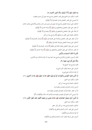 ‫َّ ْ ْ ِ‬
‫ِ‬
‫ِ ِِ ِ ِ‬
‫وما نَػقموا م ْنػهم إِّل أَف يُػؤمنُوا بِاللَّه الْعزيز الْحميد (ٛ)‬
‫َ‬
‫َ‬
‫ََ َ ُ ُ ْ‬

‫قالوف بسكوف ميم اعبمع وعلى قصر اؼبنفصل و ج معو دوري أيب عمرو ويعقوب‬
‫اندر‬
‫ْ ِ‬
‫ٍب السوسي على قصر اؼبنفصل وابدؿ اؽبمزة واوا (أَف يػُومنُوا)‬
‫ْ‬
‫ٍب قالوف على توسط اؼبنفصل و ج معو دوري أيب عمرو وابن عامر وعاصم والكسائي وخلف العاشر‬
‫اندر‬
‫ْ ِ‬
‫ِ ُ ْ َّ‬
‫ٍب خلف على طوؿ اؼبنفصل وبالتحقيق ُب (مْنػهم إِآل) وبال غنة ُب (أَف يػُؤمنُوا)‬
‫ْ‬
‫ْ ِ‬
‫ِ ُ ْ َّ‬
‫ٍب خالد على طوؿ اؼبنفصل وبالتحقيق ُب (مْنػهم إِآل) وبغنة ُب (أَف يػُؤمنُوا)‬
‫ْ‬
‫ٍب قالوف بالصلة على القصر ُب (مْنػهم إِآل) و ج معو ابن كثًن‬
‫ِ ُ ْ َّ اندر‬
‫ْ ِ‬
‫ِ ُ ْ َّ‬
‫ٍب أبو جعفر على قصر اؼبنفصل وبالصلة على قصرىا ُب (مْنػهم إِآل) وابدؿ اؽبمزة واوا (أَف يػُومنُوا)‬
‫ْ‬
‫ِ ُ ْ َّ‬
‫ٍب قالوف على توسط اؼبنفصل وتوسط الصلة ُب (مْنػهم إِآل)‬
‫ْ ِ‬
‫ِ ُ ْ َّ‬
‫ٍب ورش على طوؿ اؼبنفصل وطوؿ الصلة ُب (مْنػهم إِآل) وابدؿ اؽبمزة واوا (أَف يػُومنُوا)‬
‫ْ‬
‫ْ ِ‬
‫ِ ُ ْ َّ‬
‫ٍب خلف بالسكت على طوؿ اؼبنفصل وبالتحقيق ُب (مْنػهم إِآل) وبال غنة ُب (أَف يػُؤمنُوا)‬
‫ْ‬
‫ِ‬
‫ُ ُ َّ َ َ ِ َ ْ ْ ِ‬
‫الَّذي لَهُ ملْك السماوات واَِرض‬

‫قالوف ٍب ورش بالنقل ُب (اَلَرض) و ج معو ضبزة بوجو ٍب ضبزة بالسكت ُب (اْلرض)‬
‫اندر‬
‫واللَّهُ علَى كل شيء شهيد (ٜ)‬
‫َ َ ُ ّْ َ ْ ٍ َ ِ ٌ‬
‫قالوف و ج معو اعبميع إَل‬
‫اندر‬
‫ٍب ورش على توسط وطوؿ اللٌن (شيء)‬

‫ٍب ضبزة بالسكت على(شيء)‬
‫ِ‬
‫ِ‬
‫ِْ ِ‬
‫ُ ْ ََ ُ ََ َ َ ُ ْ ََ ُ َِ ِ‬
‫إِف الَّذين فَػتَػنُوا الْمؤمنِين والْمؤمنَات ثُم لَم يَػتُوبُوا فَػلَهم عذاب جهنَّم ولَهم عذاب الْحريق (ٓٔ)‬
‫َّ ْ‬
‫ُْ َ َ ُ‬
‫َّ َ‬
‫قالوف بسكوف ميم اعبمع‬
‫ٍب قالوف بالصلة و ج معو ابن كثًن‬
‫اندر‬
‫ٍب ورش وأبدؿ اؽبمزة ُب (اؼبومنٌن واؼبومنات)‬
‫ٍب أبو جعفر بالصلة وأبدؿ اؽبمزة ُب (اؼبومنٌن واؼبومنات)‬

‫ٍب السوسي أبدؿ اؽبمزة ُب (اؼبومنٌن واؼبومنات) وأدغم التاء بالثاء (والْمؤمنَات ٍبَّ)‬
‫َ ُ ِْ ِ ُ‬
‫ِ‬
‫ِ‬
‫ِ‬
‫َِ‬
‫إِف الَّذين َمنُوا وعملُوا الصالِحات لَهم جنَّات تَجري من تَحتِها اَِنْػهار ذَلِك الْفوز الْكبِير (ٔٔ)‬
‫َّ َ آ َ َ‬
‫َّ َ ُ ْ َ ٌ ْ ِ ْ ْ َ ْ َ ُ َ َ ْ ُ َ ُ‬

‫قالوف بسكوف ميم اعبمع‬

‫ٍب قالوف بالصلة و ج معو ابن كثًن وأبو جعفر‬
‫اندر‬
‫ٍب ورش على قصر البدؿ (آمنوا) وبالنقل ُب (اَلَنْػهار)‬
‫َُ‬
‫ٍب ضبزة بالسكت ُب (اْلَنْػهار)‬
‫َُ‬

‫ٍب ورش على توسط وطوؿ البدؿ (آمنوا) وبالنقل ُب (اَلَنْػهار)‬
‫َُ‬
‫962‬

 