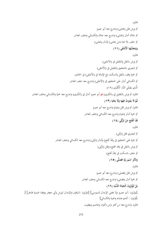 ‫قالوف‬
‫ٍب ورش قلل (ىبشى) و ج معو أبو عمرو‬
‫اندر‬
‫ٍب خالد أماؿ (ىبشى) و ج معو خالد والكسائي وخلف العاشر‬
‫اندر‬
‫ٍب خلف بال غنة (من ىبشى) وأماؿ (ىبشى)‬
‫ويَػتَجنَّبُػها اَِشقى (ٔٔ)‬
‫َ َ َ ْ َْ‬
‫قالوف‬

‫ٍب ورش بالنقل والتقليل ُب (اَلَشقى)‬
‫ٍب البصري بالتحقيق والتقليل ُب (اْلشقى)‬
‫ٍب ضبزة وقف بالنقل والسكت مع اإلمالة ُب (اْلشقى) ُب اغبالتٌن‬
‫ٍب الكسائي أماؿ على التحقيق ُب (اْلشقى) و ج معو خلف العاشر‬
‫اندر‬
‫ِ‬
‫الَّذي يَصلَى النَّار الْكْبػرى (ٕٔ)‬
‫ْ‬
‫َ َُ‬
‫قالوف ٍب ورش بالتقليل ُب (الكِبى) ثم أبو عمرو أماؿ ُب (الكِبى) و ج معو ضبزة والكسائي وخلف العاشر‬
‫اندر‬
‫ثُم َل يَموت فِيها وَل يَحيَا (ٖٔ)‬
‫َّ َ ُ ُ َ َ َ ْ‬
‫قالوف ٍب ورش قلل (وبيا) و ج معو أبو عمرو‬
‫اندر‬
‫ٍب ضبزة أماؿ (وبيا) و ج معو الكسائي وخلف العاشر‬
‫اندر‬
‫ْ َ َ ْ زَّ‬
‫قَد أَفْػلَح من تَػ َكى (ٗٔ)‬
‫قالوف‬

‫ٍب البصري قلل كى)‬
‫(تز‬
‫ٍب ضبزة على التحقيق ُب (قد أفلح) وأماؿ كى) و ج معو الكسائي وخلف العاشر‬
‫(تز اندر‬
‫ْ‬
‫ٍب ورش بالنقل ُب (قد اَفلح) وقلل كى)‬
‫(تز‬
‫َ‬

‫ٍب خلف بالسكت ُب (قد أفلح)‬
‫ْ‬
‫ِ‬
‫وذَكر اسم ربّْه فَصلَّى (٘ٔ)‬
‫َ ََ ْ َ َ َ‬
‫قالوف‬

‫ٍب ورش قلل (فصلى) و ج معو أبو عمرو‬
‫اندر‬
‫ٍب ضبزة أماؿ (فصلى) و ج معو الكسائي وخلف العاشر‬
‫اندر‬
‫ْ ْ ُ َ َ َ ُّ‬
‫بَل تُػؤثِروف الْحيَاة الدنْػيَا (ٙٔ)‬
‫[يػػؤثروف :أبػػو عمػػرو وَل ىبفػػى اإلبػػداؿ للسوسػػي] [تػػؤثروف :البػػاقوف واإلبػػداؿ لػػورش وأيب جعفػػر ووقفػػا غبمػػزة ظػػاىر] [‬
‫بتُّؤثروف : أدغم ىشاـ وضبزة والكسائي]‬
‫قالوف و ج معو ابن كثًن وابن ذكواف وعاصم ويعقوب‬
‫اندر‬
‫572‬

 