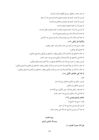 ‫ٍب خلف العاشر باإلظهار ُب (بَل تُػؤثِروف) وأماؿ (الدنيا)‬
‫ْ ُْ َ‬

‫ٍب ورش قرأ بإبداؿ اؽبمزة واوا (توثروف) وفتح (الدنيا) و ج معو أبو جعفر‬
‫اندر‬
‫ٍب ورش قرأ بإبداؿ اؽبمزة واوا (توثروف) وبالتقليل ُب (الدنيا)‬
‫ٍب دوري قرأ بياء الغيبة (يؤثروف) وقلل (الدنيا)‬
‫ٍب السوسي قرأ بإبداؿ اؽبمزة (يوثروف) وقرأ بياء الغيبة (يؤثروف) وقلل (الدنيا)‬
‫ٍب ىشاـ أدغم الالـ بالتاء (بل تؤثروف) وفتح (الدنيا)‬
‫ٍب ضبزة أدغم الالـ بالتاء (بل تؤثروف) وأماؿ (الدنيا) و ج معو الكسائي‬
‫اندر‬
‫واّلَخرةُ خ ْيػر وأَبْػقى (ٚٔ)‬
‫َ ْ َِ َ ٌ َ َ‬
‫قالوف و ج معو ابن كثًن وابن عامر وعاصم وأبو جعفر ويعقوب‬
‫اندر‬
‫ٍب البصري قلل (وأبقى)‬
‫ٍب خالد بالتحقيق ُب (اآلخرة) وأماؿ (وأبقى) ووقف بالتحقيق ُب (وأبقى) والتسهيل (وأبقى)‬
‫ٍب الكسائي بالتحقيق ُب (اآلخرة) وأماؿ (وأبقى) و ج معو خلف العاشر‬
‫اندر‬
‫ِ‬
‫ٍب ورش ورقق راء (خًن) مع (ٖ) البدؿ (واآلَخرةُ) وترقيق راء (اآلخرة) و(خًن) وقلل (وأبقى)‬
‫َْ َ‬
‫ٍب خلف بالسكت ُب (واآلخرة) وبال غنة ُب (خًن و) وأماؿ (وأبقى) ووقف بالتحقيق ُب (وأبقى) والتسهيل (وأبقى)‬
‫َ‬

‫ٍب خالد بالسكت ُب (واآلخرة) وبغنة ُب (خًن و) وأماؿ (وأبقى) ووقف بالتحقيق ُب (وأبقى) والتسهيل (وأبقى)‬
‫َ‬
‫َّ َ ِ‬
‫إِف هذا لَفي الصحف اُِولَى (ٛٔ)‬
‫ُّ ُ ِ ْ‬
‫َ‬
‫قالوف‬
‫ٍب ورش بالنقل ُب (اَلَوىل) والتقليل مع (ٖ) البدؿ‬
‫ٍب بصري بالتقليل ُب (اْلوىل)‬
‫ٍب ضبزة وقف بالنقل والسكت على (اْلوىل) مع اإلمالة فيو‬
‫ٍب الكسائي أماؿ (اْلوىل) وا ج معو خلف العاشر‬
‫ندر‬
‫ِ ِ‬
‫صحف إِبْػراهيم وموسى (ٜٔ)‬
‫ُُ‬
‫َ َ َُ َ‬
‫قالوف ج معو اعبميع إَل‬
‫اندر‬
‫ٍب ورش قلل (موسى) و ج معو أبو عمرو‬
‫اندر‬
‫ٍب ضبزة أماؿ (موسى) و ج معو الكسائي وخلف العاشر‬
‫اندر‬

‫َ ِ ُ ِ ِ‬
‫هل أَتَاؾ حديث الْغَاشيَة (ٔ)‬
‫َ‬
‫َْ‬

‫سورة الغاشية‬
‫ْ ِ ِ َّ ْ َ ِ َّ ِ ِ‬
‫بِسم اللَّه الرحمن الرحيم‬

‫672‬

 