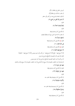 ‫َ ُ ِ َّ‬
‫ٍب ورش بالنقل ُب (طَعاـ ف اَِل)‬

‫َ ٌ َّ‬
‫ٍب خلف بالسكت ُب (طَعاـ إَِل)‬

‫ٍب قالوف بالصلة و ج معو ابن كثًن وأبو جعفر‬
‫اندر‬
‫َل يُسمن وَل يُػغْنِي من جوع (ٚ)‬
‫ِْ ُ ٍ‬
‫َ ْ ِ ُ ََ‬
‫قالوف‬
‫وجوٌ يَػومئِذ نَاعم ٌ (ٛ)‬
‫ُ ُ ْ َ ٍ ِ َة‬
‫قالوف‬
‫ٍب الكسائي أماؿ (ناعمة) وقفا‬

‫وه ٍ‬
‫ٍب خلف بال غنة ُب التنزين مع الياء (وج ٌ يػَومئِذ)‬
‫ُ ُ َْ‬
‫لِسعيِها راضيَ ٌ (ٜ)‬
‫َْ َ َ ِ ة‬
‫قالوف ثم الكسائي أماؿ (راضية) وقفا‬
‫ٍ َ ٍ‬
‫فِي جنَّة عالِيَة (ٓٔ)‬
‫َ‬
‫قالوف ثم الكسائي أماؿ (عالية) وقفا‬
‫َِ‬
‫َل تَسمع فِيها َلغيَةً (ٔٔ)‬
‫َ َُْ َ‬
‫[ َل تُسمع فيها : نافع ] [ َل يُسمع فيها : ابن كثًن وأبو عمرو ورويس ] [ َل تَسمع فيها : الباقوف]‬
‫قالوف قرأ بضم التاء اؼبضمومة (تُسمع) و ج معو ورش‬
‫ْ َ ُ اندر‬

‫ٍب ابن كثًن قرأ بياء الغيبة اؼبضمومة (يُسمع ) و ج معو أبو عمرو ورويس‬
‫ْ َ ُ اندر‬

‫ٍب ىشاـ قرأ بتاء اػبطاب اؼبفتوحة (َل تَسمع) ٍب الكسائي قرأ بتاء اػبطاب اؼبفتوحة (َل تَسمع) وأماؿ (َلغية)‬
‫فِيها ع ْين جاريٌَ (ٕٔ)‬
‫َ َ ٌ َ ِة‬
‫قالوف ٍب الكسائي أماؿ (جارية) وقفا‬
‫فِيها سرر مرفُوع ٌ (ٖٔ)‬
‫َ ُ ُ ٌ َ ْ َة‬
‫قالوف‬
‫ٍب الكسائي أماؿ (مرفوعة) وقفا خبلف عنو‬
‫وأَكواب موضوع ٌ (ٗٔ)‬
‫َ ْ َ ٌ َ ْ ُ َة‬
‫قالوف‬

‫ٍب الكسائي أماؿ (موضوعة) وقفا خبلف عنو‬
‫ونَمارؽ مصفوفَ ٌ (٘ٔ)‬
‫َ َ ِ ُ َ ُْ ة‬
‫قالوف‬

‫ٍب الكسائي أماؿ (مصفوفة) وقفا‬
‫872‬

 
