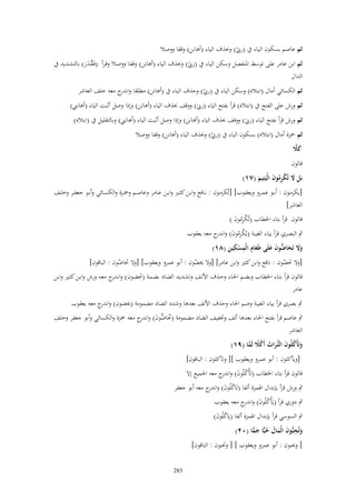 ‫ثم عاصم بسكوف الياء ُب (ريب) وحبذؼ الياء (أىانن) وقفا ووصال‬
‫ْ‬

‫ثم ابن عامر على توسط اؼبنفصل وسكن الياء ُب (ريب) وحبذؼ الياء (أىانن) وقفػا ووصػال وقػرأ (فَػقػدر) بالتشػديد ُب‬
‫َّ َ َ‬
‫ْ‬

‫الداؿ‬

‫ثم الكسائي أماؿ (ابتاله) وسكن الياء ُب (ريب) وحذؼ الياء ُب (أىانن) مطلقا و ج معو خلف العاشر‬
‫اندر‬
‫ْ‬

‫ثم ورش على الفتح ُب (ابتاله) قرأ بفتح الياء (ريب) ووقف حبذؼ الياء (أىانن) وإذا وصل أثبت الياء (أىانين)‬
‫َ‬
‫ثم ورش قرأ بفتح الياء (ريب) ووقف حبذؼ الياء (أىانن) وإذا وصل أثبت الياء (أىانين) وبالتقليل ُب (ابتاله)‬
‫َ‬
‫ثم ضبزة أماؿ (ابتاله) بسكوف الياء ُب (ريب) وحبذؼ الياء (أىانن) وقفا ووصال‬
‫ْ‬
‫َ َّ‬
‫كًل‬

‫قالوف‬

‫بَل َل تُكرموف الْيَتِيم (ٚٔ)‬
‫َ ْ ُِ َ َ‬

‫[يكرمػػوف : أبػػو عمػػرو ويعقػػوب] [تُكرمػػوف : نػػافع وابػػن كثػػًن وابػػن عػػامر وعاصػػم وضبػػزة والكسػػائي وأبػػو جعفػػر وخلػػف‬
‫العاشر]‬
‫قالوف قرأ بتاء اػبطاب (تُكرموف )‬
‫ْ ُِ َ‬

‫ٍب البصري قرأ بياء الغيبة (يُكرموف) و ج معو يعقوب‬
‫ْ ُِ َ اندر‬
‫َِ ِ ْ ِ ِ‬
‫وَل تَح ُّوف علَى طَعاـ الْمسكين (ٛٔ)‬
‫َ َ َ اض َ َ‬
‫[وَل ربضوف : نافع وابن كثًن وابن عامر] [وَل وبضوف : أبو عمرو ويعقوب] [وَل رباضوف : الباقوف]‬
‫ّ‬
‫ّ‬
‫ّ‬

‫قالوف قرأ بتػاء اػبطػاب وبضػم اغبػاء وحػذؼ اْللػف وتشػديد الضػاد بضػمة (ربضػوف) وان ج معػو ورش وابػن كثػًن وابػن‬
‫ػدر‬
‫عامر‬
‫ٍب بصري قرأ بياء الغيبة وضم اغباء وحذؼ اْللف بعدىا وشدد الضاد مضمومة (وبضوف) و ج معو يعقوب‬
‫اندر‬
‫ٍب عاصم قرأ بفتح اغباء بعدىا ألف وزبفيف الضاد مضمومة (ربَ ُّوف) و ج معو ضبزة والكسائي وأبو جعفر وخلف‬
‫َ اض َ اندر‬
‫العاشر‬

‫وتَأْكلُوف التُّراث أَكًل لَما (ٜٔ)‬
‫َ ُ َ ػ َ َ ْ ً ِّ‬

‫[ويأكلوف : أبو عمرو ويعقوب ][ وتأكلوف : الباقوف]‬

‫قالوف قرأ بتاء اػبطاب (تَأْكلُوف) و ج معو اعبميع إَل‬
‫ُ َ اندر‬
‫ٍب ورش قرأ بإبداؿ اؽبمزة ألفا (تَاكلُوف) و ج معو أبو جعفر‬
‫ُ َ اندر‬

‫ٍب دوري قرأ (يَأْكلُوف) و ج معو يعقوب‬
‫ُ َ اندر‬

‫ٍب السوسي قرأ بإبداؿ اؽبمزة ألفا (يَاكلُوف)‬
‫ُ َ‬
‫وتُحبُّوف الْماؿ حبِّا جما (ٕٓ)‬
‫َ ِ َ َ َ ُ َ ِّ‬
‫[ ووببوف : أبو عمرو ويعقوب ] [ ورببوف : الباقوف]‬
‫382‬

 