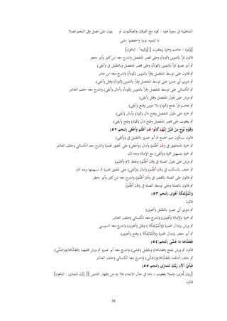 ‫الشاطبية ُب سورة ىود : شبود مع الفرقاف والعنكبوت مل‬

‫ينوف على فصل وُب النجم فصال‬

‫مبا لثمود نونوا واخفضوا رضى‬
‫[وشبود : عاصم وضبزة ويعقوب ] [وشبوداً : الباقوف]‬
‫َ‬
‫قالوف قرأ بالتنوين (شبوداً) وعلى قصر اؼبنفصل و ج معو ابن كثًن وأبو جعفر‬
‫اندر‬
‫ٍب أبو عمرو قرأ بالتنوين (شبوداً) وعلى قصر اؼبنفصل وبالتقليل ُب (أبقى)‬
‫ٍب قالوف على توسط اؼبنفصل وقرأ بالتنوين (شبوداً) و ج معو ابن عامر‬
‫اندر‬
‫ٍب دوري أيب عمرو على توسط اؼبنفصل وقرأ بالتنوين (شبوداً) وقلل (أبقى)‬
‫ٍب الكسائي على توسط اؼبنفصل وقرأ بالتنوين (شبوداً) وأماؿ (أبقى) و ج معو خلف العاشر‬
‫اندر‬
‫ٍب ورش على طوؿ اؼبنفصل وقلل (أبقى)‬
‫ٍب عاصم قرأ بفتح (شبود) بال تنوين وفتح (أبقى)‬
‫َ‬
‫ٍب ضبزة على طوؿ اؼبنفصل وفتح داؿ (شبود) وأماؿ (أبقى)‬
‫َ‬
‫ٍب يعقوب على قصر اؼبنفصل وفتح داؿ (شبود) وفتح (أبقى)‬
‫َ‬
‫ِ‬
‫وقَػوـ نُوح من قَػ ْبل إِنَّػهم كانُوا هم أَظْلَم وأَطْغَى (لنجم:ٕ٘)‬
‫َ َْ ٍ ْ ُ ُ ْ َ ُ ْ َ َ‬
‫قالوف بسكوف ميم اعبمع ٍب أبو عمرو بالتقليل ُب (وأتقى)‬
‫ٍب ضبزة بالتحقيق ُب (ىم أَظْلَم) وأماؿ (وأطغى) على ربقيق اؽبمزة و ج معو الكسائي وخلف العاشر‬
‫اندر‬
‫ُْ َ‬
‫ٍب ضبزة بتسهيل نبزة (وأتقى) مع اإلمالة وجو ثاف‬
‫ٍب ورش على طوؿ الصلة ُب (ىم أَظْلَم) وغلظ َلـ (أظلم)‬
‫ُْ َ‬
‫ٍب خلف بالسكت ُب (ىم أَظْلَم) وأماؿ (وأتقى) على ربقيق اؽبمزة ٍب تسهيلها وجو ثاف‬
‫ُْ َ‬
‫ٍب قالوف على الصلة بالقصر ُب (ىم أَظْلَم) و ج معو ابن كثًن وأبو جعفر‬
‫ُ ْ َ اندر‬
‫ٍب قالوف بالصلة وعلى توسط الصلة ُب (ىم أَظْلَم)‬
‫ُْ َ‬
‫ِ‬
‫والْمؤتَفكةَ أَهوى (لنجم:ٖ٘)‬
‫َ ُْ َ َْ‬
‫قالوف‬
‫ٍب دوري أيب عمرو بالتقليل (أىوى)‬
‫ٍب ضبزة باإلمالة (أىوى) و ج معو الكسائي وخلف العاشر‬
‫اندر‬
‫ٍب ورش بإبداؿ اؽبمزة (والْموتَفكةَ ) وقلل (أىوى) و ج معو السوسي‬
‫اندر‬
‫َ ُْ ِ َ‬
‫ٍب أبو جعفر بإبداؿ اؽبمزة (والْموتَفكةَ ) وفتح (أىوى)‬
‫َ ُْ ِ َ‬
‫َّ َ َ َّ‬
‫فَػغَشاها ما غَشى (لنجم:ٗ٘)‬

‫قالوف ٍب ورش بفتح (فغشاىا) وبتقليل (غشى) و ج معو أبو عمرو ٍب ورش قللهما (فَػغَ َّاىا)و(غ َّى)‬
‫ش َ َش‬
‫اندر‬
‫ٍب خلف أماؽبما (فَػغَ َّاىا)و(غ َّى) و ج معو الكسائي وخلف العاشر‬
‫ش َ َش اندر‬
‫ّْ ِ‬
‫فَبِأَي آّلء ربّْك تَػتَمارى (لنجم:٘٘)‬
‫َ َ ََ‬
‫َّ‬
‫[ربك سبارى: وصال يعقوب ، ،اما ُب حاؿ اَلبتداء فال بد من إظهار التاءين ][ ربّْك تَػتَمارى : الباقوف]‬
‫َ َ ََ‬
‫قالوف‬

‫83‬

 