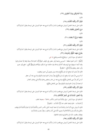 ‫َ ُّ َ ْ ِ ِ َ َ ُّ َ ْ ِ ِ‬
‫رب الْمشرقَػ ْين ورب الْمغربَػ ْين (ٚٔ)‬

‫قالوف‬

‫ّْ آ َ ِ ُ َ ّْ ِ‬
‫فَبِأَي َّلء ربّْكما تُكذبَاف (ٛٔ)‬
‫َ َ‬

‫قالوف على توسط اؼبتصل ٍب ورش مع (قصر) البدؿ (آآلء) ج معو ضبزة ٍب ورش على توسط وطوؿ البدؿ(آآلء)‬
‫اندر‬
‫ِ ِْ ِ‬
‫مرج الْبَحريْن يَػلتَقيَاف (ٜٔ)‬
‫ََ َ ْ َ‬
‫قالوف‬
‫ٌَ َ ِ ِ‬
‫بَػ ْيػنَػهما بَػرزخ َل يَػ ْبغيَاف (ٕٓ)‬
‫َُ ْ‬
‫قالوف‬
‫ّْ آ َ ِ ُ َ ّْ ِ‬
‫فَبِأَي َّلء ربّْكما تُكذبَاف (ٕٔ)‬
‫َ َ‬
‫قالوف على توسط اؼبتصل ٍب ورش مع (قصر) البدؿ (آآلء) ج معو ضبزة ٍب ورش على توسط وطوؿ البدؿ(آآلء)‬
‫اندر‬
‫يَخرج م ْنػهما اللُّؤلُؤ والْمرجاف (ٕٕ)‬
‫ُْ ُ ِ ُ َ ْ ُ َ َْ َ ُ‬
‫الشاطبية ُب سورة الرضبن : ُج) فاضمم وافتح إذ ضبى‬
‫و(ىبر ُ‬

‫[اللُّولؤ : أبدؿ اؽبمزة مطلقا : السوسي وشعبة وأبو جعفر وُب الوقف ضبزة] [أما الثانية فال يبدؽبا وقفا إَل ىشاـ وضبزة‬
‫ٌ‬
‫وؽبما أيضا تسهيلها مع الروـ وؽبما كذلك إبداؽبا واوا خالصة مع السكوف واإلمشاـ والروـ][ ىبَْج : نافع وأبو عمرو‬
‫ُر‬
‫وأبو جعفر ويعقوب] [ ىبُْج : الباقوف]‬
‫َر‬
‫قالوف قرأ بضم الياء وفتح الراء ُب (ىبَْج) ومعو ورش ودوري أيب عمرو ويعقوب‬
‫ُ رُ‬

‫ٍب السوسي قرأ بضم الياء وفتح الراء ُب (ىبَْج) وقرأ بإبداؿ اؽبمزة واوا (اللولؤ) و ج معو أبو جعفر‬
‫اندر‬
‫ُ رُ‬

‫ٍب ابن كثًن قرأ مبىن للفاعل (ىبُْج) و ج معو ابن عامر وحفص وضبزة والكسائي وخلف العاشر‬
‫َ ر ُ اندر‬

‫ٍب شعبة قرأ بإبداؿ اؽبمزة واوا (اللولؤ) وقرأ مبىن للفاعل (ىبُْج)‬
‫َ رُ‬
‫ّْ آ َ ِ ُ َ ّْ ِ‬
‫فَبِأَي َّلء ربّْكما تُكذبَاف (ٖٕ)‬
‫َ َ‬
‫قالوف على توسط اؼبتصل ٍب ورش مع (قصر) البدؿ (آآلء) ج معو ضبزة ٍب ورش على توسط وطوؿ البدؿ(آآلء)‬
‫اندر‬
‫ولَهُ الْجوار الْم ْنش َت فِي الْبَحر كاَِعًلِـ (ٕٗ)‬
‫ْ ِ َ ْ َْ‬
‫َ َ َ ِ ُ َآ ُ‬
‫الشاطبية ُب سورة الرضبن : وُب (اؼبْنشآت) الشٌن بالكسر فاضبال صحيحا خبلف‬
‫َ‬
‫ِ‬
‫[ اؼبنشئآت : ضبزة وشعبة خبلف عنو ] [ اؼبْنشآت : الباقوف]‬
‫َ‬

‫ِ‬
‫ِ‬
‫قػػالوف ٍب ورش مػػع (ٖ) البػػدؿ (اؼبنشػػآت) ٍب شػػعبة الوجػػو الثػػاين بكسػػر الشػػٌن (الْمْنشػآَت) ٍب ضبػػزة (الْمْنشػآَت) ووقػػف‬
‫َ‬
‫ُ ُ‬
‫ُ ُ‬
‫بالنقل والسكت ُب (كاْلعالـ) ٍب دوري الكسائي أماؿ (اعبوار ) وقرأ بنصب (اؼبنشأت)‬
‫َ‬
‫(ووقف يعقوب بالياء ُب (اعبواري) وغًنه وبذفها)‬
‫ّْ آ َ ِ ُ َ ّْ ِ‬
‫فَبِأَي َّلء ربّْكما تُكذبَاف (ٕ٘)‬
‫َ َ‬
‫قالوف على توسط اؼبتصل ٍب ورش مع (قصر) البدؿ (آآلء) ج معو ضبزة ٍب ورش على توسط وطوؿ البدؿ(آآلء)‬
‫اندر‬
‫94‬

 