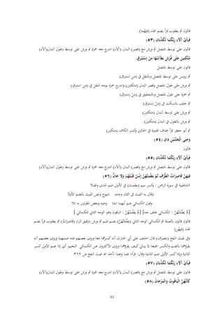 ‫قالوف ٍب يعقوب قرأ بضم اؽباء (فيهما)‬
‫ُ‬
‫ّْ آ َ ِ ُ َ ّْ ِ‬
‫فَبِأَي َّلء ربّْكما تُكذبَاف (ٖ٘)‬
‫َ َ‬
‫قالوف على توسط اؼبتصل ٍب ورش مع (قصر) البدؿ (آآلء) ج معو ضبزة ٍب ورش على توسط وطوؿ البدؿ(آآلء)‬
‫اندر‬
‫َ ِ ْ ٍ‬
‫ُ ِ َ َ ٍُ‬
‫متَّكئِين علَى فُػرش بَيَآئِنُػها من إِستَْبػرؽ‬
‫ْ‬
‫َ‬
‫قالوف على توسط اؼبتصل‬
‫ِ‬
‫ٍب رويس على توسط اؼبتصل وبالنقل ُب (من استِبؽ)‬
‫ِ‬
‫ٍب ورش على طوؿ اؼبتصل وقصر البدؿ (متكئٌن) و ج ضبزة بوجو النقل ُب (من استِبؽ)‬
‫اندر‬
‫ٍب ضبزة على طوؿ اؼبتصل وبالتحقيق ُب (من إستِبؽ)‬
‫ْ‬

‫ٍب خلف بالسكت ُب (من إستِبؽ)‬
‫ْ‬

‫ٍب ورش على توسط البدؿ (متكئٌن)‬
‫ٍب ورش بالطوؿ ُب البدؿ (متكئٌن)‬
‫ٍب أبو جعفر قرأ حبذؼ اؽبمزة ُب اغبالٌن كسر الكاؼ (متكٌن)‬
‫و‬
‫ِ ٍَ‬
‫وجنَى الْجنَّتَػ ْين داف (ٗ٘)‬
‫َ‬
‫ََ‬
‫قالوف‬
‫ّْ آ َ ِ ُ َ ّْ ِ‬
‫فَبِأَي َّلء ربّْكما تُكذبَاف (٘٘)‬
‫َ َ‬
‫قالوف على توسط اؼبتصل ٍب ورش مع (قصر) البدؿ (آآلء) ج معو ضبزة ٍب ورش على توسط وطوؿ البدؿ(آآلء)‬
‫اندر‬
‫ِ َّ ِ َ ُ ْ ِ ْ ِ ُ َّ ٌ ُ ْ َ َ َ ّّ‬
‫فِيهن قَاصرات اليَّرؼ لَم يَيْمثْػهن إِنْس قَػ ْبػلَهم وَل جاف (ٙ٘)‬
‫الشاطبية ُب سورة الرضبن : كسر ميم (يطمث) ُب اْلوىل ضم ِتدى وتقبال‬
‫و‬
‫وقاؿ بو الليث ُب الثاف وحده شيوخ ونص الليث بالضم اْلوَل‬
‫وقوؿ الكسائي ضم أيهما تشا وجيو وبعض اؼبقرئٌن بو تال‬
‫[ملْ يَطْمثْػهن : الكسائي خبلف عنو] [ملْ يَطْمثْػهن : الباقوف وىو الوجو الثاين للكسائي ]‬
‫َ ِ ُ َّ‬
‫َ ُ ُ َّ‬
‫ِ‬
‫قالوف قالوف بالصلة ٍب الكسائي الوجو الثاين (يَطْمثْػهن) بضػم اؼبػيم ٍب ورش برتقيػق الػراء (قَاصػرات) ٍب يعقػوب قػرأ بضػم‬
‫ُ ُ َّ‬
‫َ ُ‬
‫اؽباء (فيهن)‬
‫ُ‬

‫وُب غيث النفع (بتصرؼ) قاؿ اختلف على أيب اغبػارث أنػو كسػرنبا معػا وروى بعضػهم عنػو ضػمهما وروى بعضػهم أنػو‬
‫يقرؤنبػػا بالضػػم والكسػػر صبيعػػا َل يبػػامه كيػػف يقرؤنبػػا وروى اْلكثػػروف عػػن الكسػػائي التخيػػًن أي إذا ضػػم اْلوىل كسػػر‬
‫الثانية وإذا كسر اْلوىل ضم الثانية وقاؿ: قرأنا ّٔما ؤّما نأخذ اىػ غيث النفع ص ٕٖٙ‬
‫ّْ آ َ ِ ُ َ ّْ ِ‬
‫فَبِأَي َّلء ربّْكما تُكذبَاف (ٚ٘)‬
‫َ َ‬
‫قالوف على توسط اؼبتصل ٍب ورش مع (قصر) البدؿ (آآلء) ج معو ضبزة ٍب ورش على توسط وطوؿ البدؿ(آآلء)‬
‫اندر‬
‫كأَنَّهن الْيَاقُوت والْمرجاف (ٛ٘)‬
‫َ ػ ُ َّ‬
‫ُ َ َْ َ ُ‬
‫35‬

 